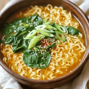 - 2 packs of instant ramen noodles - 3 cloves of garlic, minced - 1 tablespoon of chili oil - 4 cups of vegetable broth - 1 tablespoon soy sauce - 1 teaspoon sesame oil - Salt and freshly ground black pepper - 1 cup baby spinach - 1 green onion, thinly sliced (for garnish) - 1 tablespoon sesame seeds (for garnish) Gathering the right ingredients makes all the difference in your Minute Garlic Chili Ramen. The main stars are the instant ramen noodles, which bring quick comfort. The minced garlic adds a bold flavor, while chili oil gives a nice kick. For the base, vegetable broth serves as a warm, savory liquid. The soy sauce and sesame oil deepen the flavor with umami. Don't forget to add salt and pepper to taste. If you want to boost nutrition, consider adding baby spinach. It wilts nicely into the hot broth. Green onions and sesame seeds are perfect for garnishing, adding both crunch and color. With this list, you're ready to create a delicious bowl of ramen that is both quick and full of flavor. 1. Start by heating a medium saucepan over medium heat. 2. Pour in 1 tablespoon of chili oil. Let it warm up for about 30 seconds. 3. Add 3 cloves of minced garlic to the pan. Sauté for 1-2 minutes. Watch it closely. You want the garlic to smell good, not brown. 4. Now, add 4 cups of vegetable broth to the pan. Stir it well with the garlic and oil. 5. Increase the heat to bring the mixture to a boil. 1. Once the broth is boiling, add 2 packs of instant ramen noodles. 2. Cook the noodles according to the package instructions, usually about 3 minutes. They should be soft and tender. 3. During the last minute, stir in 1 tablespoon of soy sauce, 1 teaspoon of sesame oil, and 1 cup of baby spinach if you choose to use it. Stir gently to let the spinach wilt. 1. Taste your broth. Add salt and freshly ground black pepper as needed. Stir to mix well. 2. When the noodles are cooked just right, take the pot off the heat. 3. Ladle the ramen into bowls. For a nice look, sprinkle on some sliced green onion and 1 tablespoon of sesame seeds as garnish. 4. Serve hot and enjoy! Sautéing garlic is key for great flavor. Cook the garlic until it smells good but don’t let it burn. Burned garlic can make your dish taste bitter. Chili oil brings heat to your ramen. You can adjust how spicy your dish is by adding more or less chili oil. Start with a small amount and taste as you go. To stop your noodles from clumping together, stir them often while cooking. This keeps them separate and nice. Make sure the flavor spreads evenly. Stir the broth as you add in the soy sauce and sesame oil. This helps every bite taste amazing. Add garnishes to make your ramen look pretty. Thinly sliced green onions and sesame seeds add color and crunch. Use chopsticks or a soup spoon for an authentic feel. A slice of lime on the side makes a great touch. Squeeze it over the ramen for a burst of flavor. {{image_4}} You can easily add protein to your Minute Garlic Chili Ramen. Tofu, chicken, or shrimp work great. - Tofu: Press and cube firm tofu. Sauté until golden before adding to the soup. - Chicken: Cook diced chicken in the chili oil first. This adds flavor to the broth. - Shrimp: Toss in shrimp during the last minute of cooking. They cook quickly and add sweetness. Adding protein makes the meal heartier and more filling. Don’t hesitate to mix in different vegetables. Alternative greens like bok choy or kale add nutrients and flavor. - Bok Choy: Slice it thin and add it when you add the ramen. It wilts quickly. - Kale: Chop it up and stir into the broth. Cook until it softens. You can also add other vegetables for more nutrition. Carrots, bell peppers, or mushrooms can fit nicely into your ramen bowl. Adjusting the spice level can make your ramen unique. Using different chili oils or sauces can change the taste. - Chili Oil: Try a flavored chili oil for a different kick. - Hot Sauce: A splash of your favorite hot sauce can boost the heat. These tweaks let you control the heat and create a bowl of ramen that suits your taste. To store leftover ramen, let it cool first. Place it in an airtight container. Keep it in the fridge for up to three days. This helps keep the noodles and broth fresh. Avoid leaving it out at room temperature for too long. Reheat ramen gently to keep the texture nice. Use a pot on low heat. Add a splash of water or broth to help it steam. Stir often to heat evenly. You can also use the microwave. Cover the bowl to keep moisture in. Heat in short bursts, stirring in between. You can freeze ramen, but with care. The noodles can become mushy when thawed. It’s best to freeze just the broth. Cook the noodles fresh when you’re ready to eat. Store the broth in a freezer-safe container. It can last for up to three months. When you’re ready, thaw overnight in the fridge. Then, heat it up and add fresh noodles. This dish takes about 10 minutes to make. You need 5 minutes to prep and 5 minutes to cook. It is quick and easy, perfect for busy days or late-night cravings. Yes, you can make this ramen gluten-free! Look for gluten-free instant ramen noodles. They are often made from rice or buckwheat. These noodles give you the same great taste without the gluten. If you don't have chili oil, you can use hot sauce. Sriracha or red pepper flakes also work well. They add a nice kick. Just add them to your taste. This blog post detailed how to make quick and tasty Minute Garlic Chili Ramen. You learned about the main ingredients, easy cooking steps, and helpful tips to perfect the dish. I shared ideas for variations and storage. This recipe is fun and simple, perfect for any meal. You can customize it to your taste, making it your own. Enjoy creating and sharing this delicious ramen with family and friends! It’s a warm bowl of happiness in every bite.