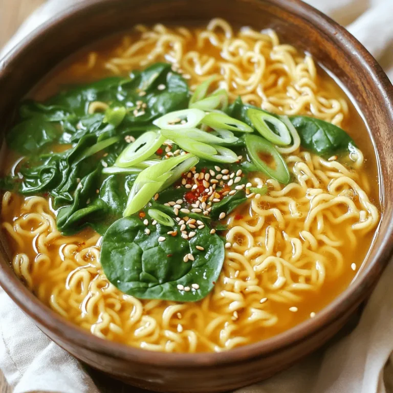 - 2 packs of instant ramen noodles - 3 cloves of garlic, minced - 1 tablespoon of chili oil - 4 cups of vegetable broth - 1 tablespoon soy sauce - 1 teaspoon sesame oil - Salt and freshly ground black pepper - 1 cup baby spinach - 1 green onion, thinly sliced (for garnish) - 1 tablespoon sesame seeds (for garnish) Gathering the right ingredients makes all the difference in your Minute Garlic Chili Ramen. The main stars are the instant ramen noodles, which bring quick comfort. The minced garlic adds a bold flavor, while chili oil gives a nice kick. For the base, vegetable broth serves as a warm, savory liquid. The soy sauce and sesame oil deepen the flavor with umami. Don't forget to add salt and pepper to taste. If you want to boost nutrition, consider adding baby spinach. It wilts nicely into the hot broth. Green onions and sesame seeds are perfect for garnishing, adding both crunch and color. With this list, you're ready to create a delicious bowl of ramen that is both quick and full of flavor. 1. Start by heating a medium saucepan over medium heat. 2. Pour in 1 tablespoon of chili oil. Let it warm up for about 30 seconds. 3. Add 3 cloves of minced garlic to the pan. Sauté for 1-2 minutes. Watch it closely. You want the garlic to smell good, not brown. 4. Now, add 4 cups of vegetable broth to the pan. Stir it well with the garlic and oil. 5. Increase the heat to bring the mixture to a boil. 1. Once the broth is boiling, add 2 packs of instant ramen noodles. 2. Cook the noodles according to the package instructions, usually about 3 minutes. They should be soft and tender. 3. During the last minute, stir in 1 tablespoon of soy sauce, 1 teaspoon of sesame oil, and 1 cup of baby spinach if you choose to use it. Stir gently to let the spinach wilt. 1. Taste your broth. Add salt and freshly ground black pepper as needed. Stir to mix well. 2. When the noodles are cooked just right, take the pot off the heat. 3. Ladle the ramen into bowls. For a nice look, sprinkle on some sliced green onion and 1 tablespoon of sesame seeds as garnish. 4. Serve hot and enjoy! Sautéing garlic is key for great flavor. Cook the garlic until it smells good but don’t let it burn. Burned garlic can make your dish taste bitter. Chili oil brings heat to your ramen. You can adjust how spicy your dish is by adding more or less chili oil. Start with a small amount and taste as you go. To stop your noodles from clumping together, stir them often while cooking. This keeps them separate and nice. Make sure the flavor spreads evenly. Stir the broth as you add in the soy sauce and sesame oil. This helps every bite taste amazing. Add garnishes to make your ramen look pretty. Thinly sliced green onions and sesame seeds add color and crunch. Use chopsticks or a soup spoon for an authentic feel. A slice of lime on the side makes a great touch. Squeeze it over the ramen for a burst of flavor. {{image_4}} You can easily add protein to your Minute Garlic Chili Ramen. Tofu, chicken, or shrimp work great. - Tofu: Press and cube firm tofu. Sauté until golden before adding to the soup. - Chicken: Cook diced chicken in the chili oil first. This adds flavor to the broth. - Shrimp: Toss in shrimp during the last minute of cooking. They cook quickly and add sweetness. Adding protein makes the meal heartier and more filling. Don’t hesitate to mix in different vegetables. Alternative greens like bok choy or kale add nutrients and flavor. - Bok Choy: Slice it thin and add it when you add the ramen. It wilts quickly. - Kale: Chop it up and stir into the broth. Cook until it softens. You can also add other vegetables for more nutrition. Carrots, bell peppers, or mushrooms can fit nicely into your ramen bowl. Adjusting the spice level can make your ramen unique. Using different chili oils or sauces can change the taste. - Chili Oil: Try a flavored chili oil for a different kick. - Hot Sauce: A splash of your favorite hot sauce can boost the heat. These tweaks let you control the heat and create a bowl of ramen that suits your taste. To store leftover ramen, let it cool first. Place it in an airtight container. Keep it in the fridge for up to three days. This helps keep the noodles and broth fresh. Avoid leaving it out at room temperature for too long. Reheat ramen gently to keep the texture nice. Use a pot on low heat. Add a splash of water or broth to help it steam. Stir often to heat evenly. You can also use the microwave. Cover the bowl to keep moisture in. Heat in short bursts, stirring in between. You can freeze ramen, but with care. The noodles can become mushy when thawed. It’s best to freeze just the broth. Cook the noodles fresh when you’re ready to eat. Store the broth in a freezer-safe container. It can last for up to three months. When you’re ready, thaw overnight in the fridge. Then, heat it up and add fresh noodles. This dish takes about 10 minutes to make. You need 5 minutes to prep and 5 minutes to cook. It is quick and easy, perfect for busy days or late-night cravings. Yes, you can make this ramen gluten-free! Look for gluten-free instant ramen noodles. They are often made from rice or buckwheat. These noodles give you the same great taste without the gluten. If you don't have chili oil, you can use hot sauce. Sriracha or red pepper flakes also work well. They add a nice kick. Just add them to your taste. This blog post detailed how to make quick and tasty Minute Garlic Chili Ramen. You learned about the main ingredients, easy cooking steps, and helpful tips to perfect the dish. I shared ideas for variations and storage. This recipe is fun and simple, perfect for any meal. You can customize it to your taste, making it your own. Enjoy creating and sharing this delicious ramen with family and friends! It’s a warm bowl of happiness in every bite.