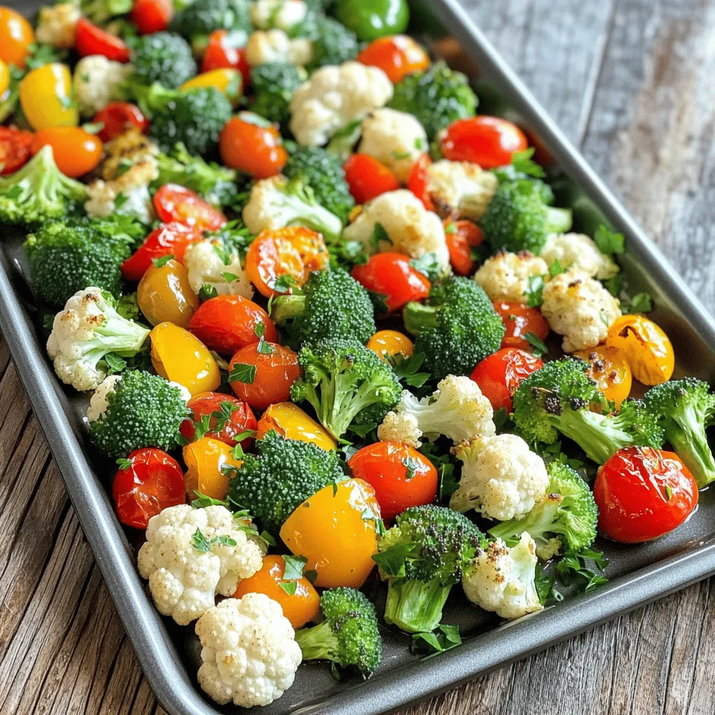 - 2 cups fresh broccoli florets - 2 cups fresh cauliflower florets - 1 cup diced bell peppers (choose your favorite colors) - 1 cup cherry tomatoes, halved You will start with fresh veggies. Broccoli florets and cauliflower florets add a nice crunch. Choose bell peppers in different colors for a pop of color. Finally, cherry tomatoes bring sweetness and juiciness to the medley. - 4 cloves garlic, finely minced - 1/4 cup unsalted butter, melted - 2 tablespoons extra virgin olive oil Garlic is the star of this dish. It adds depth and aroma. Unsalted butter gives a rich flavor. Extra virgin olive oil helps everything roast nicely. - 1 teaspoon dried oregano - 1 teaspoon dried thyme - Salt and freshly ground black pepper to taste - Fresh parsley, finely chopped (for garnish) Oregano and thyme add warmth and earthiness to the dish. Use salt and black pepper to enhance the flavors. Fresh parsley not only looks great but also adds freshness. This combination of seasonings makes the veggies shine. - Preheat the oven to 425°F (220°C). - In a large bowl, combine the broccoli florets, cauliflower florets, diced bell peppers, and halved cherry tomatoes. Mix well to blend the veggies. - In a medium bowl, whisk together melted butter, olive oil, minced garlic, dried oregano, dried thyme, and a pinch of salt and pepper. This will create a rich, flavorful mix. - Pour the garlic butter over the mixed veggies. Toss gently to coat each piece well. - Line a large sheet pan with parchment paper for easy cleanup. Spread the veggies evenly on the pan in a single layer. This step helps them roast nicely. - Bake in the preheated oven for 20-25 minutes or until the veggies are tender and golden brown. Stir the veggies halfway through cooking for even roasting. Do not overcrowd the sheet pan. This allows the veggies to roast evenly and get crispy. If they are too close together, they will steam instead of roast. Aim for a single layer of vegetables for the best results. Stir the veggies halfway through cooking. This helps them cook evenly and prevents burning. Adjust your seasonings to match your taste. If you love garlic, add more minced garlic. You can also try different herbs for a unique flavor. Choosing the right vegetable combinations is key. Mix colorful bell peppers, bright cherry tomatoes, and hearty broccoli. This not only looks great but also adds different textures. Serve the veggies straight from the sheet pan for a rustic vibe. This makes it easy and fun for family meals. If you want to impress guests, transfer the medley to a nice platter. Garnish with fresh parsley for added color. A sprinkle of fresh black pepper also enhances the look. {{image_4}} You can change the veggies in this dish for extra fun. Try these options: - Carrots: Sweet and crunchy, they roast well. - Zucchini: Soft and mild, they add great texture. - Asparagus: Tender and flavorful, they make a nice addition. You can also swap the oils and butters. Use these alternatives: - Coconut oil: Adds a subtle flavor and is great for high heat. - Ghee: A dairy-free option that gives a rich taste. Want to spice things up? Here are some ideas: - Red pepper flakes: They add heat and flavor. Just a pinch can make a big difference. - Smoked paprika: Adds a warm, smoky flavor that pairs well with the veggies. Consider adding cheese too. Try these options before serving: - Parmesan: A classic choice that adds a salty kick. - Feta: Crumbly and tangy, it brightens the dish. You can easily adapt this recipe to fit your diet. Here’s how: - Vegan: Substitute the butter with olive oil or vegan butter. - Paleo: Stick with fresh veggies and use ghee for a rich flavor. For gluten-free options, this recipe is already safe. Just check your spices to ensure they are gluten-free. To keep your veggie medley fresh, store it properly. First, let the veggies cool to room temperature. Then, place them in an airtight container. Store the container in the fridge for up to three days. If you want to save them for longer, freeze the leftovers. Use freezer-safe bags or containers. They can last for up to three months in the freezer. When it's time to enjoy your leftovers, reheating is key. The best way to reheat is in the oven. Preheat the oven to 350°F (175°C). Spread the veggies on a baking sheet and heat for about 10-15 minutes. If you prefer a microwave, use it for a quick option. Heat in 30-second bursts, stirring in between. To keep the texture, avoid overcooking. You want them warm but still crisp. For best freshness, consume the veggie medley within three days if stored in the fridge. If frozen, use them within three months for the best flavor. Signs of spoilage include off smells, slimy texture, or discoloration. If you notice any of these, it's best to toss them to stay safe. Yes, you can use frozen vegetables. They are quick and easy. However, fresh veggies often taste better. If you use frozen, thaw them first. This helps them cook evenly. Avoid overcrowding the sheet pan. It is key for crispy veggies. You can prep your veggies a day early. Just wash and chop them. Store in a sealed bag or container. You can also mix the garlic butter sauce in advance. Keep it in the fridge until you are ready to bake. This saves time on busy days. This veggie medley pairs well with many dishes. Try it with grilled chicken or fish. It also goes great with rice or quinoa. For a lovely touch, serve it alongside crusty bread. You can even add a fresh salad for a complete meal. Roasting fresh vegetables is simple and tasty. We covered the key veggies, like broccoli and bell peppers. The garlic butter adds flavor. Remember to not overcrowd your pan for the best texture. You can mix and match vegetables or spice things up as you like. With these tips, your roasted vegetable dish will impress. Enjoy experimenting, and make it your own!