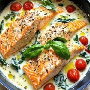 To make Creamy Tuscan Garlic Salmon, gather these key ingredients: - 4 salmon fillets - 2 tablespoons olive oil - 4 cloves garlic, finely minced - 1 cup cherry tomatoes, halved - 1 cup fresh baby spinach - 1 cup heavy cream - ½ cup freshly grated parmesan cheese - 1 teaspoon Italian seasoning blend - Salt and freshly ground black pepper to taste - Fresh basil leaves for garnish These ingredients come together to create a rich and tasty dish. The salmon provides protein, while the cream and cheese add delicious creaminess. I recommend using fresh salmon for the best flavor and texture. Fresh salmon has a lovely taste that shines in this dish. However, frozen salmon works too. If you use frozen salmon, make sure to thaw it properly. Thawing in the fridge overnight keeps it safe and tasty. Not all ingredients are a must. Here are some substitutes you can try: - Salmon: Use other fish like trout or chicken if preferred. - Heavy cream: Swap with half-and-half or a dairy-free cream for a lighter dish. - Parmesan cheese: Grated mozzarella or nutritional yeast can add flavor too. - Cherry tomatoes: Use regular tomatoes or sundried tomatoes for a different taste. - Spinach: Kale or Swiss chard can also work well in this recipe. These substitutes help you adjust the recipe based on what you have at home. Don’t be afraid to mix it up! Start by heating 2 tablespoons of olive oil in a large, non-stick skillet over medium-high heat. Watch for the oil to shimmer, but avoid smoking it. While the oil heats, season your salmon fillets with salt and black pepper. Once the oil is hot, place the salmon fillets skin-side down in the skillet. Cook them for 4-5 minutes until the edges turn golden brown. Flip the fillets carefully and cook for another 3-4 minutes. The salmon should flake easily with a fork. Once done, transfer the fillets to a plate and cover them loosely to keep warm. Next, reduce the skillet's heat to medium and add the minced garlic. Sauté the garlic for about 30 seconds until fragrant, but do not let it brown. Add the halved cherry tomatoes and cook for 2-3 minutes. Stir occasionally until the tomatoes soften and release their juices. Now, lower the heat to medium-low. Pour in 1 cup of heavy cream and gradually add ½ cup of freshly grated parmesan cheese along with 1 teaspoon of Italian seasoning. Stir until the cheese melts and combines well. Let the sauce simmer for about 3-4 minutes, stirring often until it thickens and becomes creamy. Now, fold in 1 cup of fresh baby spinach into the sauce. Allow it to wilt for about 2 minutes, stirring occasionally. This adds color and flavor. Carefully return the cooked salmon fillets to the skillet. Spoon some of the creamy sauce over the salmon. Cook for another 2 minutes until the salmon is heated through and coated with the sauce. For serving, transfer the salmon to plates and drizzle any remaining sauce over the top. Add fresh basil leaves for a nice touch. Enjoy this flavorful and easy meal! To cook salmon perfectly, start with fresh fillets. Look for bright color and a clean smell. Season your fish well with salt and pepper. Heat olive oil in a non-stick skillet until it shimmers. Place the salmon skin-side down and cook for 4-5 minutes. Watch for golden edges. Flip the fillets and cook for 3-4 more minutes. The salmon is done when it flakes easily with a fork. To make the sauce creamy, use heavy cream. It adds richness and a smooth texture. Gradually mix in freshly grated parmesan cheese. This cheese melts well and boosts flavor. Add Italian seasoning for a fragrant touch. Stir the sauce gently over medium-low heat. Let it simmer to thicken. Fold in fresh spinach last; it adds color and nutrition. You can serve this dish with garlic bread for a crunchy side. It also pairs well over pasta. A light salad with lemon vinaigrette balances the creaminess of the sauce. Fresh basil leaves on top add a pop of color and flavor. Enjoy the meal with a glass of white wine for a perfect touch. {{image_4}} You can make a lighter version of creamy Tuscan garlic salmon. Instead of heavy cream, use Greek yogurt. It adds creaminess without the extra fat. You can also swap the parmesan cheese for nutritional yeast. This gives a cheesy flavor while being plant-based. Use less olive oil for cooking. This keeps the dish tasty but lower in calories. Want more color and nutrients? Toss in extra veggies! Zucchini, bell peppers, or asparagus work well. You can sauté them with the garlic and tomatoes. They add a nice crunch and boost the flavor. You can also try adding mushrooms. They soak up the sauce and add a deep, earthy taste. Fresh herbs like parsley or dill can brighten the dish, too. If you like spice, add some heat to your creamy salmon. You can mix in red pepper flakes while cooking. Start with a pinch and add more if you like it spicy. For a different flavor, try diced jalapeños in the garlic mix. Another great option is to drizzle sriracha on top before serving. It adds a kick and pairs well with the creamy sauce. Storing leftover creamy Tuscan garlic salmon properly keeps it fresh and tasty. First, let the salmon cool to room temperature. Then, place it in an airtight container. This helps to keep out moisture and air. Store it in the fridge for up to three days. If you want to keep it longer, freezing is a good option. To reheat, you can use a skillet or the microwave. For the skillet, add a splash of water or cream to keep it moist. Heat on medium-low until warm. If using the microwave, place the salmon on a plate. Cover it with a damp paper towel and heat for 1-2 minutes. Check to ensure it’s heated through but not overcooked. Freezing creamy Tuscan garlic salmon is easy. Wrap each piece tightly in plastic wrap. Then, place it in a freezer-safe bag. Be sure to label the bag with the date. This dish can be frozen for up to three months. When ready to eat, thaw in the fridge overnight. Reheat as mentioned earlier for the best taste. Yes, you can use other fish. Good choices are tilapia, trout, or cod. Each fish has a unique taste. Adjust the cooking time based on the fish you choose. Salmon is done when it flakes easily with a fork. The inside should be a light pink color. Use a food thermometer for best results; it should reach 145°F. If your sauce is thick, add a splash of chicken broth or milk. Stir well to mix. This will help you get the desired creamy consistency without losing flavor. Yes, this recipe is great for meal prep. Store portions in airtight containers. It keeps well in the fridge for up to three days. Reheat in the microwave or on the stove. You can prep the sauce and cook the salmon ahead. Just store the sauce separately. When you’re ready, reheat the sauce and add the salmon to warm it up. This keeps everything fresh and tasty. This blog post explored how to make creamy Tuscan garlic salmon. We discussed key ingredients, including fresh and frozen salmon. I shared step-by-step instructions for preparing the salmon and the sauce. Tips helped you cook salmon perfectly and serve it nicely. Variations allowed for healthy or spicy options. Lastly, I provided storage info for leftovers and answers to common questions. Cooking this dish can be fun and rewarding. Enjoy your tasty meals with confidence!