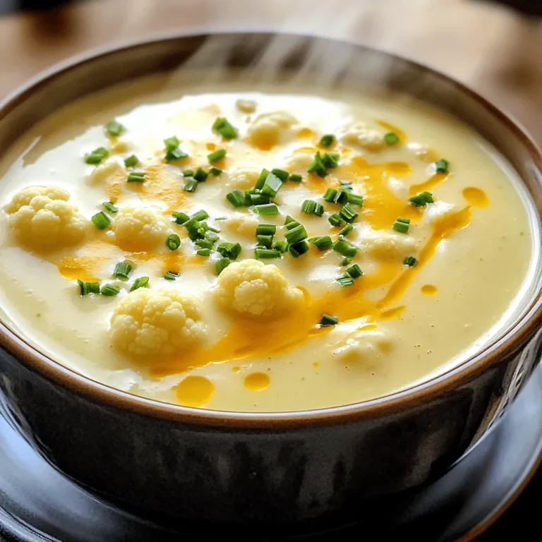 - 1 large head of cauliflower, chopped into small florets - 1 medium onion, finely diced - 3 cloves of garlic, minced - 4 cups vegetable broth (preferably low-sodium) - 2 medium potatoes, peeled and diced - 2 cups shredded sharp cheddar cheese (or a mix of your favorite cheeses) - 1 cup heavy cream (or use half-and-half for a lighter option) - 1 teaspoon dried thyme (or fresh thyme if available) - 1 teaspoon smoked paprika (for a touch of warmth) - Salt and freshly cracked black pepper to taste - Fresh chives, chopped (for a pop of color and flavor) Cauliflower is the star here. It gives the soup its creamy base. Look for a head that is firm and white. A few green leaves are fine, but avoid any browning spots. The cheddar cheese adds richness. Sharp cheddar gives a nice tang. You can mix cheeses, so feel free to experiment. For the broth, low-sodium is best. This way, you can control the saltiness of the soup. When selecting your vegetables, focus on quality. For cauliflower, check for tight florets. They should feel heavy and look bright. The onion should be firm with no sprouting. For potatoes, pick those that are smooth and free of blemishes. Fresh chives should be vibrant green. If you notice any wilting, it’s best to skip them. Fresh ingredients lead to a tastier soup. Start by washing the cauliflower. Chop it into small florets. This helps it cook evenly. Next, finely dice the onion. Mince the garlic cloves. These two add great flavor to the soup. Peel and dice the potatoes into small cubes. They will add creaminess to the soup. In your slow cooker, add the chopped cauliflower, diced onion, minced garlic, and potatoes. Make sure the vegetables mix well. Pour in the vegetable broth, covering the veggies. Sprinkle in dried thyme and smoked paprika. Season with salt and black pepper. Cover the slow cooker. Set it on low for 6-8 hours or high for 3-4 hours. You want the vegetables tender. After cooking, use an immersion blender to blend the soup. Blend until smooth and creamy. If you like it chunkier, blend half of the soup. Now, set the slow cooker to low heat. Stir in the shredded cheddar cheese and heavy cream. Mix until the cheese melts. Taste the soup and adjust salt and pepper if needed. Serve hot, garnished with fresh chives for color and flavor. To get that creamy texture, use an immersion blender. Blend the soup until smooth. If you like some chunks, blend only half. This makes each spoonful rich and satisfying. Adding heavy cream helps too. It gives the soup a velvety feel. For a lighter touch, use half-and-half instead. Both options work well. To enhance flavor, try adding spices. Smoked paprika adds warmth and depth. You can also use fresh thyme instead of dried. Fresh herbs bring brighter flavors. Don't forget to season with salt and pepper. This simple step makes a big difference. Finally, finish with fresh chives on top for color and taste. They brighten up each bowl. Cooking time affects the soup's texture. On low, cook for 6-8 hours. This allows the veggies to soften. For a quicker option, set it to high for 3-4 hours. Always check the vegetables with a fork. They should be tender and easy to pierce. Adjust cooking time based on your slow cooker model. Some cook faster than others. {{image_4}} You can easily make this soup dairy-free. Swap the heavy cream with coconut milk. This gives a rich flavor and creamy texture while keeping it plant-based. For cheese, use a dairy-free cheese blend. These options let everyone enjoy this dish. You can add spices for more flavor. Try cayenne pepper for heat. It adds a nice kick! You can also add fresh herbs like parsley or basil. If you want more veggies, consider adding carrots or celery. They cook well with cauliflower and add more nutrients. This soup pairs well with crusty bread. A slice of sourdough or a warm baguette works perfectly. You can also serve it with a side salad for a light meal. For a fun twist, top the soup with croutons or roasted chickpeas for added crunch. After enjoying your slow cooker cauliflower cheddar soup, you can store leftovers easily. Let the soup cool to room temperature. Then, transfer it to an airtight container. This helps keep the soup fresh. Store it in the fridge for up to three days. Make sure to label the container with the date. This way, you can track how long it has been stored. If you want to save your soup for later, freezing is a great option. Pour the cooled soup into freezer-safe bags or containers. Leave some space at the top for expansion. Seal them tightly to avoid air exposure. When stored correctly, the soup can last for up to three months in the freezer. Remember to label the bags with the date. This ensures you know how long it has been frozen. When you're ready to enjoy your soup again, reheating it is simple. If frozen, thaw it in the fridge overnight. For best results, reheat the soup on the stove over medium heat. Stir it often to prevent sticking. If it looks too thick, add a splash of vegetable broth or cream to achieve your desired consistency. You can also use a microwave; just heat in short bursts, stirring in between. Enjoy your creamy delight! Yes, you can use frozen cauliflower in this recipe. Frozen cauliflower works well and saves time. It is already cut into small pieces, making it easy to use. Just add it directly to the slow cooker. You may need to cook it a little longer, as frozen veggies can release extra moisture. The soup lasts about 3 to 5 days in the fridge. Make sure to store it in an airtight container. This keeps it fresh and prevents any odors from your fridge. If you want to keep it longer, consider freezing it. Yes, you can make this soup in advance. It tastes even better the next day. Just prepare it, let it cool, and then store it in the fridge. Reheat the soup on the stove or in the microwave before serving. If you freeze it, remember to thaw it in the fridge overnight before reheating. This post covered making a delicious soup, focusing on key ingredients and preparation steps. We explored how to choose fresh produce and blend, cook, and enhance flavors effectively. Variations allow for dietary needs and preferences, making it versatile. I shared storage tips to keep leftovers fresh and how to handle FAQs effectively. Embrace creativity with this recipe. Enjoy each step and have fun in the kitchen!