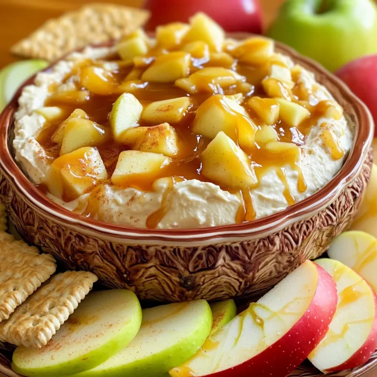 - 8 oz cream cheese, softened to room temperature - ½ cup brown sugar, packed - ½ cup powdered sugar, sifted - 1 teaspoon pure vanilla extract - ½ cup caramel sauce (reserve a little for drizzling) - 1 apple, cored and diced (Granny Smith is ideal for its tartness) - ½ teaspoon ground cinnamon - ½ cup toffee bits (optional, for added crunch) - Sliced apples for dipping - Graham crackers for dipping - Medium mixing bowl - Hand mixer or whisk - Serving bowl The main ingredients make this dip creamy and sweet. Cream cheese adds richness. Brown sugar gives a deep flavor, while powdered sugar adds light sweetness. Vanilla extract enhances all the flavors. The caramel sauce makes the dip taste like a treat. Granny Smith apples add a nice tart crunch. Ground cinnamon brings warmth. For extra crunch, toffee bits are great. You can use sliced apples and graham crackers as dippers. You will need a medium mixing bowl to blend everything. A hand mixer or whisk helps mix the ingredients smoothly. Use a serving bowl to present the dip beautifully. This dip is simple to make and perfect for any gathering. Softening Cream Cheese Start by taking your cream cheese out of the fridge. Let it sit at room temperature for about 10 minutes. Softening makes it easy to blend. Mixing in Sugars and Vanilla In a medium bowl, combine the softened cream cheese, brown sugar, powdered sugar, and vanilla extract. Use a hand mixer or a whisk. Mix until the blend is smooth and creamy. Ensure there are no lumps. This mixture should be thick and rich. Folding in Caramel Sauce Next, take your caramel sauce and fold it into the cream cheese mixture. Use a spatula to gently mix it in. Be sure to save a little caramel for drizzling later. This step adds a sweet layer to your dip. Mixing in Diced Apples and Cinnamon Now, add the diced apples and ground cinnamon. If you like, toss in toffee bits for extra crunch. Gently mix everything together until well combined. The apples add a fresh taste, while the cinnamon brings warmth. Chilling the Dip Scoop the dip into your favorite serving bowl. Cover it with plastic wrap and place it in the fridge. Chill for about 30 minutes. This helps the flavors blend and taste even better. Garnishing Tips Before serving, drizzle the reserved caramel sauce on top. For a nice finish, sprinkle a bit of cinnamon. You can also arrange apple slices around the bowl. This makes the dish look inviting and fun. Now, it’s ready for everyone to enjoy! - Ideal Pairings for the Dip This dip pairs well with sliced apples and graham crackers. You can also try it with pretzels for a salty-sweet mix. Serve the dip with fresh fruit for a colorful platter. Guests love the crunchy texture of apples with the creamy dip. - Best Occasions to Serve You can serve this dip at parties, picnics, or family gatherings. It’s perfect for fall festivities or holiday get-togethers. Kids love it, so it works well for birthday parties too. - Adding Flavors or Toppings You can add a pinch of nutmeg or a splash of maple syrup for extra flavor. Try mixing in chocolate chips for a sweet twist. Consider topping it with chopped nuts or toffee bits for crunch. A sprinkle of cinnamon on top adds a nice touch. - Using Different Types of Apples While Granny Smith apples are great for tartness, you can use Fuji or Honeycrisp apples for sweetness. These apples hold up well and add great flavor. Experiment with a mix of apples for a fun taste. - Preparation and Storage Tips You can make this dip a day in advance. Just cover it tightly and store it in the fridge. This allows the flavors to blend nicely. Before serving, give it a quick stir, and drizzle more caramel sauce on top. {{image_4}} - Using Greek Yogurt instead of Cream Cheese Greek yogurt can make this dip lighter. It offers a tangy flavor and creamy texture. Simply swap the cream cheese for an equal amount of Greek yogurt. This change cuts calories and adds protein. - Sugar Substitutes If you want a lower sugar dip, use sugar substitutes. Stevia or monk fruit sweetener works well. Just use half the amount of sweetener compared to sugar. This keeps the taste sweet without extra calories. - Adding Peanut Butter or Nutella For a twist, mix in peanut butter or Nutella. Just two tablespoons will add rich flavor. Peanut butter gives a nutty taste, while Nutella adds chocolatey goodness. Both options make the dip even more decadent. - Different Spice Blends Spice it up with different flavors. Try adding nutmeg or pumpkin spice for a seasonal touch. Just a pinch can change the whole profile of the dip. Experiment and find your favorite blend. - Alternative Dipping Snacks While apples and graham crackers shine, you can use other snacks. Try pretzels for a salty crunch or vanilla wafers for a sweet contrast. Each option brings a new taste experience. - Pairing with Other Fruits Don’t stop at apples! Use pears, bananas, or strawberries for dipping. Each fruit adds a unique flavor and texture. This makes your snack platter colorful and fun. To keep your caramel apple cream cheese dip fresh, use an airtight container. Glass or plastic containers both work well. The dip stays good in the fridge for about 3 to 5 days. Make sure to cover it tightly to avoid any drying out. Can You Freeze Caramel Apple Cream Cheese Dip? Yes, you can freeze this dip. However, the texture may change slightly when thawed. It’s best to enjoy it fresh. How to Thaw Properly To thaw, place the dip in the fridge overnight. This gentle method helps maintain its creamy texture. Avoid microwaving, as it can make the dip grainy. Reusing the Dip in Other Recipes If you have leftovers, try using the dip as a filling for crepes or spread on toast. You can also mix it into yogurt for a sweet snack. Creative Serving Suggestions for Leftovers Serve the dip as a topping for pancakes or waffles. Add it to a fruit salad for extra flavor. It’s a versatile treat you can enjoy in many ways. If you don’t have caramel sauce, you can use several alternatives. Try melted chocolate or honey for a sweet touch. Maple syrup also works well. You can even mix brown sugar with a bit of water to make a quick syrup. These options can still give that sweet flavor. Yes, you can make this dip vegan. Use vegan cream cheese instead of regular cream cheese. Maple syrup can replace the brown and powdered sugars. Choose a vegan caramel sauce or make your own with coconut cream and dates. This way, everyone can enjoy the dip! You can store the dip in the fridge for about three days. Keep it in an airtight container to maintain freshness. If you notice any changes in smell or texture, it’s best to toss it. Always check before serving to ensure food safety. Granny Smith apples are my top choice for this dip. They are tart and crunchy. This tartness balances the sweet flavors of the dip. Other good options include Honeycrisp and Fuji apples. Both add a nice sweetness and texture that complements the dip perfectly. In this blog post, I covered how to make a delicious caramel apple cream cheese dip. We explored the main and optional ingredients, from cream cheese to diced apples. I shared step-by-step instructions to help you craft the dip easily. We also discussed tips for serving, customizing, and storing your dip. As you try it out, remember that you can adjust flavors and ingredients to suit your taste. Your friends and family will love this treat, so enjoy every bite!