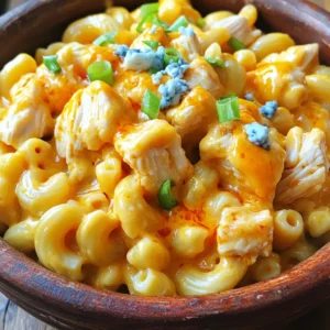 - Cubed chicken breasts - Buffalo sauce - Elbow macaroni - Shredded cheddar and mozzarella cheese - Chicken broth - Whole milk - Olive oil - Garlic powder - Onion powder - Salt and pepper - Garnishes (scallions, blue cheese) When I create my Instant Pot Buffalo Chicken Mac and Cheese, I focus on a few key ingredients. First, I use cubed chicken breasts. They cook fast and stay juicy. Next, I add buffalo sauce. This gives the dish that spicy kick everyone loves. Elbow macaroni is my go-to pasta choice. It holds the creamy sauce well. Lastly, I mix in shredded cheddar and mozzarella cheese. These two cheeses melt beautifully together. For cooking essentials, I always have chicken broth on hand. It adds depth to the flavor. I also use whole milk for creaminess. A splash of olive oil helps to sauté the chicken and adds richness. Seasoning is crucial. I use garlic powder and onion powder for that savory touch. A bit of salt and pepper enhances all the flavors. For garnishes, I love adding chopped scallions for a fresh pop. If you enjoy blue cheese, crumbled blue cheese is a great option on top. These ingredients come together to create a dish that is creamy, spicy, and full of flavor. It’s a meal you can whip up in no time! 1. First, set your Instant Pot to the sauté function. 2. Pour in 1 tablespoon of olive oil and let it heat. 3. Add 1 pound of cubed chicken breasts to the pot. 4. Season the chicken with salt, pepper, garlic powder, and onion powder. 5. Sauté the chicken for about 5 minutes until it turns brown. 1. Once the chicken is browned, pour in 1 cup of buffalo sauce. 2. Stir well, coating each piece of chicken. 3. Next, pour in 1 cup of chicken broth. 4. Carefully sprinkle 8 ounces of elbow macaroni over the mixture. 5. Avoid stirring to keep the pasta from clumping together. 1. Secure the lid on the Instant Pot and set the steam valve to sealing. 2. Choose manual high pressure and set the timer for 4 minutes. 3. After cooking, quickly release the pressure by turning the valve to venting. 4. Once the steam is gone, remove the lid. 5. Stir in 1 cup of whole milk and 2 cups of shredded cheddar and mozzarella cheese. 6. Mix until the cheese melts and the sauce becomes creamy. 7. If needed, add a splash of milk for the right consistency. 8. Taste and adjust the seasoning as desired. 9. Serve hot, garnished with chopped scallions and optional blue cheese. Using the right pasta is key. I suggest elbow macaroni, as it holds the sauce well. Cook it in the Instant Pot with the chicken and broth. This method keeps the pasta tender and flavorful. Adjusting cheese consistency is also important. Start with two cups of cheese, mixing cheddar and mozzarella. If your mac and cheese is too thick, add a splash of milk. This will help create a creamy texture. You can customize spice levels easily. Start with one cup of buffalo sauce. If you want more heat, add extra sauce. For less spice, use mild buffalo sauce or reduce the amount. Adding additional ingredients can enhance flavor. Try mixing in cooked veggies, like spinach or bell peppers. You can also top it with crumbled blue cheese for extra flair. Serving suggestions can elevate your dish. Serve the mac and cheese hot in individual bowls. This makes it fun and inviting for guests. Garnishing tips are simple. Sprinkle chopped scallions on top for fresh flavor. You can drizzle extra buffalo sauce for a pop of color. Offer blue cheese crumbles on the side for those who want a tangy kick. {{image_4}} You can change the cheese for a twist. Try using Monterey Jack or Gouda. They melt well and add a different taste. You can also mix cheeses for a flavor boost. If you want a different protein, swap chicken for turkey or tofu. Both options work great in this dish. Just make sure to adjust cooking time as needed. To make this dish gluten-free, use gluten-free pasta. Many brands offer great options that taste just as good. Also, check your buffalo sauce for gluten. Some sauces have wheat, so read labels carefully. For a vegetarian option, skip the chicken. You can add veggies like bell peppers or mushrooms instead. They add flavor and texture. You can also use chickpeas for protein. Want something new? Try adding ranch seasoning to make buffalo ranch mac and cheese. It gives a creamy, zesty taste that pairs well with the buffalo sauce. Another idea is to create BBQ chicken mac and cheese. Swap buffalo sauce with your favorite BBQ sauce. Top it with crispy onions for an extra crunch. Both twists bring fun flavors to your meal. After enjoying your Instant Pot buffalo chicken mac and cheese, store any leftovers in the fridge. Use an airtight container to keep it fresh. This dish stays good for about three to four days in the fridge. To reheat, simply warm it on the stove or in the microwave. Add a splash of milk to help restore the creamy texture. If you want to save some for later, freezing is a great option. Let the mac and cheese cool completely before freezing. Scoop portions into freezer-safe containers. It can last for up to three months in the freezer. When you’re ready to enjoy it again, thaw it overnight in the fridge. Reheat in the oven or on the stove. Again, adding a bit of milk helps regain its creamy goodness. The total cooking time for this dish is about 25 minutes. Here’s the breakdown: - Prep time: 10 minutes to gather and prepare your ingredients. - Cooking time: 4 minutes on high pressure in the Instant Pot. - Pressure release: Allow a few minutes for the pressure to release quickly. Yes, you can make this dish on the stove. Here’s how: - Sauté the chicken in a large pot over medium heat until browned. - Add the buffalo sauce and cook for a few more minutes. - Stir in the broth and pasta. Bring to a boil, then reduce heat. - Cover and simmer until pasta is cooked. Stir in the milk and cheese until melted. To tone down the heat, try these tips: - Use mild buffalo sauce instead of spicy versions. - Add more cheese or milk to balance the heat. - Mix in sour cream or yogurt for extra creaminess and cooling. This recipe blends spicy and creamy flavors for a tasty buffalo chicken mac and cheese. We explored key ingredients, detailed cooking steps, and helpful tips. Customizing this dish keeps it fresh, whether you choose different proteins or adjust for dietary needs. Enjoy leftovers with simple storage tips. This meal is quick, fun, and perfect for any occasion! Dive into this flavor-packed dish and make it your own. Get cooking today!
