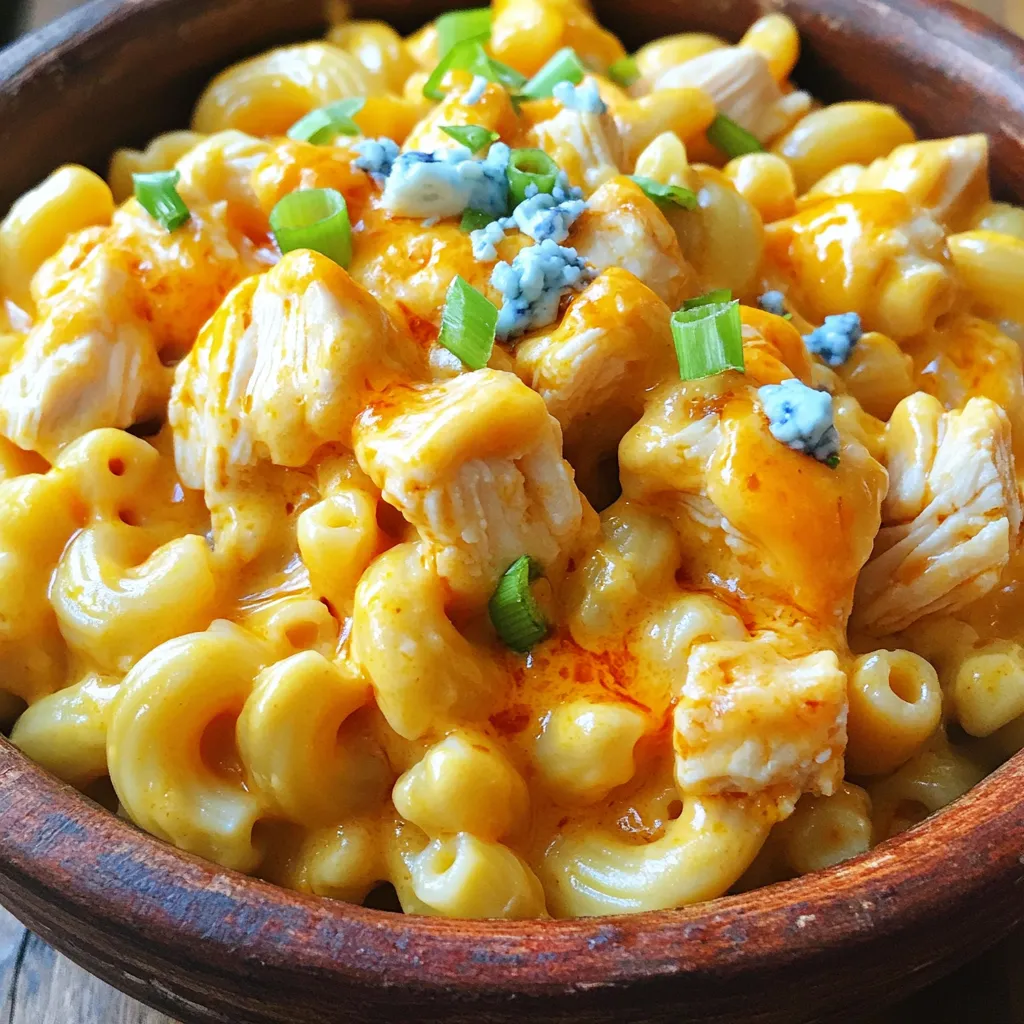 - Cubed chicken breasts - Buffalo sauce - Elbow macaroni - Shredded cheddar and mozzarella cheese - Chicken broth - Whole milk - Olive oil - Garlic powder - Onion powder - Salt and pepper - Garnishes (scallions, blue cheese) When I create my Instant Pot Buffalo Chicken Mac and Cheese, I focus on a few key ingredients. First, I use cubed chicken breasts. They cook fast and stay juicy. Next, I add buffalo sauce. This gives the dish that spicy kick everyone loves. Elbow macaroni is my go-to pasta choice. It holds the creamy sauce well. Lastly, I mix in shredded cheddar and mozzarella cheese. These two cheeses melt beautifully together. For cooking essentials, I always have chicken broth on hand. It adds depth to the flavor. I also use whole milk for creaminess. A splash of olive oil helps to sauté the chicken and adds richness. Seasoning is crucial. I use garlic powder and onion powder for that savory touch. A bit of salt and pepper enhances all the flavors. For garnishes, I love adding chopped scallions for a fresh pop. If you enjoy blue cheese, crumbled blue cheese is a great option on top. These ingredients come together to create a dish that is creamy, spicy, and full of flavor. It’s a meal you can whip up in no time! 1. First, set your Instant Pot to the sauté function. 2. Pour in 1 tablespoon of olive oil and let it heat. 3. Add 1 pound of cubed chicken breasts to the pot. 4. Season the chicken with salt, pepper, garlic powder, and onion powder. 5. Sauté the chicken for about 5 minutes until it turns brown. 1. Once the chicken is browned, pour in 1 cup of buffalo sauce. 2. Stir well, coating each piece of chicken. 3. Next, pour in 1 cup of chicken broth. 4. Carefully sprinkle 8 ounces of elbow macaroni over the mixture. 5. Avoid stirring to keep the pasta from clumping together. 1. Secure the lid on the Instant Pot and set the steam valve to sealing. 2. Choose manual high pressure and set the timer for 4 minutes. 3. After cooking, quickly release the pressure by turning the valve to venting. 4. Once the steam is gone, remove the lid. 5. Stir in 1 cup of whole milk and 2 cups of shredded cheddar and mozzarella cheese. 6. Mix until the cheese melts and the sauce becomes creamy. 7. If needed, add a splash of milk for the right consistency. 8. Taste and adjust the seasoning as desired. 9. Serve hot, garnished with chopped scallions and optional blue cheese. Using the right pasta is key. I suggest elbow macaroni, as it holds the sauce well. Cook it in the Instant Pot with the chicken and broth. This method keeps the pasta tender and flavorful. Adjusting cheese consistency is also important. Start with two cups of cheese, mixing cheddar and mozzarella. If your mac and cheese is too thick, add a splash of milk. This will help create a creamy texture. You can customize spice levels easily. Start with one cup of buffalo sauce. If you want more heat, add extra sauce. For less spice, use mild buffalo sauce or reduce the amount. Adding additional ingredients can enhance flavor. Try mixing in cooked veggies, like spinach or bell peppers. You can also top it with crumbled blue cheese for extra flair. Serving suggestions can elevate your dish. Serve the mac and cheese hot in individual bowls. This makes it fun and inviting for guests. Garnishing tips are simple. Sprinkle chopped scallions on top for fresh flavor. You can drizzle extra buffalo sauce for a pop of color. Offer blue cheese crumbles on the side for those who want a tangy kick. {{image_4}} You can change the cheese for a twist. Try using Monterey Jack or Gouda. They melt well and add a different taste. You can also mix cheeses for a flavor boost. If you want a different protein, swap chicken for turkey or tofu. Both options work great in this dish. Just make sure to adjust cooking time as needed. To make this dish gluten-free, use gluten-free pasta. Many brands offer great options that taste just as good. Also, check your buffalo sauce for gluten. Some sauces have wheat, so read labels carefully. For a vegetarian option, skip the chicken. You can add veggies like bell peppers or mushrooms instead. They add flavor and texture. You can also use chickpeas for protein. Want something new? Try adding ranch seasoning to make buffalo ranch mac and cheese. It gives a creamy, zesty taste that pairs well with the buffalo sauce. Another idea is to create BBQ chicken mac and cheese. Swap buffalo sauce with your favorite BBQ sauce. Top it with crispy onions for an extra crunch. Both twists bring fun flavors to your meal. After enjoying your Instant Pot buffalo chicken mac and cheese, store any leftovers in the fridge. Use an airtight container to keep it fresh. This dish stays good for about three to four days in the fridge. To reheat, simply warm it on the stove or in the microwave. Add a splash of milk to help restore the creamy texture. If you want to save some for later, freezing is a great option. Let the mac and cheese cool completely before freezing. Scoop portions into freezer-safe containers. It can last for up to three months in the freezer. When you’re ready to enjoy it again, thaw it overnight in the fridge. Reheat in the oven or on the stove. Again, adding a bit of milk helps regain its creamy goodness. The total cooking time for this dish is about 25 minutes. Here’s the breakdown: - Prep time: 10 minutes to gather and prepare your ingredients. - Cooking time: 4 minutes on high pressure in the Instant Pot. - Pressure release: Allow a few minutes for the pressure to release quickly. Yes, you can make this dish on the stove. Here’s how: - Sauté the chicken in a large pot over medium heat until browned. - Add the buffalo sauce and cook for a few more minutes. - Stir in the broth and pasta. Bring to a boil, then reduce heat. - Cover and simmer until pasta is cooked. Stir in the milk and cheese until melted. To tone down the heat, try these tips: - Use mild buffalo sauce instead of spicy versions. - Add more cheese or milk to balance the heat. - Mix in sour cream or yogurt for extra creaminess and cooling. This recipe blends spicy and creamy flavors for a tasty buffalo chicken mac and cheese. We explored key ingredients, detailed cooking steps, and helpful tips. Customizing this dish keeps it fresh, whether you choose different proteins or adjust for dietary needs. Enjoy leftovers with simple storage tips. This meal is quick, fun, and perfect for any occasion! Dive into this flavor-packed dish and make it your own. Get cooking today!