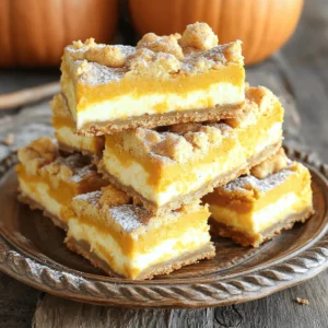 - 2 cups all-purpose flour - 1 teaspoon baking soda - 1/2 teaspoon baking powder - 1 teaspoon ground cinnamon - 1/2 teaspoon ground nutmeg - 1/4 teaspoon ground ginger - 1/4 teaspoon salt The dry ingredients form the backbone of the cookie bars. All-purpose flour gives structure. Baking soda and baking powder help them rise. The spices add warmth and flavor. Ground cinnamon, nutmeg, and ginger create that cozy fall taste we love. - 1 cup unsalted butter, softened - 1 cup brown sugar, packed - 1/2 cup granulated sugar - 1 large egg - 2 teaspoons vanilla extract These wet ingredients bring moisture and sweetness. Softened unsalted butter makes the bars rich and tender. Both sugars create a nice balance of flavor. The egg binds everything together, while vanilla adds a delightful aroma. - 8 oz cream cheese, softened - 1/2 cup powdered sugar - 1 cup pumpkin puree This layer is the star of the show! Cream cheese gives it a smooth and creamy texture. Powdered sugar sweetens it just right. Pumpkin puree adds flavor and moisture, making it rich and festive. This combination creates a perfect cheesecake layer that complements the cookie crust beautifully. - Preheat the oven to 350°F (175°C). - Grease or line a 9x13 inch baking pan with parchment paper. - In a medium bowl, whisk together: - 2 cups all-purpose flour - 1 teaspoon baking soda - 1/2 teaspoon baking powder - 1 teaspoon ground cinnamon - 1/2 teaspoon ground nutmeg - 1/4 teaspoon ground ginger - 1/4 teaspoon salt - In a large bowl, cream together: - 1 cup unsalted butter, softened - 1 cup brown sugar, packed - 1/2 cup granulated sugar - Beat this mixture for about 2-3 minutes until light and fluffy. - Add in: - 1 large egg - 2 teaspoons vanilla extract - Mix until well combined. - Gradually add the dry mixture into the wet mixture until just combined. Reserve 1 cup of dough for later. - Press the remaining cookie dough evenly into the bottom of the prepared pan. - In another bowl, mix together: - 8 oz cream cheese, softened - 1/2 cup powdered sugar - 1/2 teaspoon vanilla extract - 1 cup pumpkin puree - Beat until smooth and creamy. - Pour this mixture over the cookie crust, spreading it evenly. - Crumble the reserved cookie dough over the cheesecake layer for a nice topping. - Bake in the preheated oven for 30-35 minutes. Look for golden edges and a slightly jiggly center. - Allow the bars to cool completely in the pan before cutting. For the best taste, refrigerate for at least 2 hours before serving. To get the best texture for your pumpkin cheesecake cookie bars, use room temperature ingredients. This means letting your butter, cream cheese, and egg sit out for a while. When these items are at room temperature, they mix more easily. This helps create a smooth, creamy filling. Mixing techniques matter, too. Start by creaming the butter and sugars until they are light and fluffy. This step adds air, making your bars soft and tender. When you add the dry ingredients, mix just until combined. Overmixing can make your bars tough. Presentation is key for any dessert. For your pumpkin cheesecake cookie bars, dust them lightly with powdered sugar. A sprinkle of cinnamon adds a nice touch, too. Serve them on a decorative plate to make them stand out. Pair these bars with whipped cream. A dollop on each piece makes it extra special. You can also serve them with a scoop of vanilla ice cream for a delightful contrast. One common mistake is overmixing the dough. This can lead to dense bars. Mix just enough to combine all the ingredients. Another mistake is not allowing the bars to cool adequately. Let them cool in the pan before cutting. This helps them set and makes it easier to slice them into neat squares. For the best flavor and texture, refrigerate them for at least two hours before serving. {{image_4}} You can switch out some ingredients if needed. For sweeteners, maple syrup or honey can work well. They add a unique taste to your bars. If you need dairy-free options, try using vegan cream cheese. It makes a smooth layer, just like the regular cream cheese. If you want to get creative, add chocolate chips or nuts. They bring a nice crunch to the soft bars. You can also mix in spices, like cloves or allspice, for a different flavor. These spices can enhance the pumpkin taste. For Thanksgiving, try adding a layer of cranberry sauce. It adds a tart contrast to the sweet cheesecake. You can also use apple pie spice for a warm, cozy flavor. It’s a fun way to celebrate the season with every bite. You can store pumpkin cheesecake cookie bars at room temperature for a short time. Keep them in an airtight container. This way, they stay fresh for about two days. If you want to enjoy them longer, refrigerate the bars. Wrap them tightly in plastic wrap or put them in a sealed container. They can last up to one week in the fridge. To freeze the bars, first, let them cool completely. Then, cut them into squares. Next, wrap each square with plastic wrap. Place the wrapped bars in a freezer-safe bag or container. This helps prevent freezer burn. You can freeze the bars for up to three months. When you want to eat them, take out the bars and let them thaw in the fridge overnight. If you want them warm, you can heat them in the oven at a low temperature for a few minutes. This keeps the texture nice. In the fridge, the bars stay fresh for about seven days. Look for signs of spoilage to ensure they're still good. If you see mold or if they smell off, it’s best to throw them away. Proper storage helps maintain their delicious flavor and soft texture. Yes, you can make these bars ahead of time. Just store them in the fridge. Use an airtight container to keep them fresh. They taste great for up to five days. If you want to warm them, heat each piece in the microwave for about 10-15 seconds. This brings back their soft and creamy texture. If you need a cream cheese substitute, try using vegan cream cheese. It works well and gives a similar taste. You can also use silken tofu blended with a bit of lemon juice. This gives a nice tangy flavor. Just remember, the texture may change, but the taste will still be delish. Yes, you can use fresh pumpkin. To prepare fresh pumpkin, cut it in half and remove the seeds. Roast it until it's soft, then scoop out the flesh. Blend it until smooth. Fresh pumpkin gives a lovely flavor but may change the bars' texture slightly. Canned pumpkin is thicker and more consistent, so keep that in mind when making your choice. You now have all the steps to make delicious pumpkin cheesecake bars. We covered the key ingredients, from spices to the cream cheese layer, and detailed each step of the baking process. I also shared tips for the best texture and fun variations you can try. Remember, careful mixing and proper cooling are vital for perfect bars. Enjoy these treats with friends and family, and feel free to experiment. Your baking journey can be fun and rewarding, leading to tasty results every time. Happy baking!