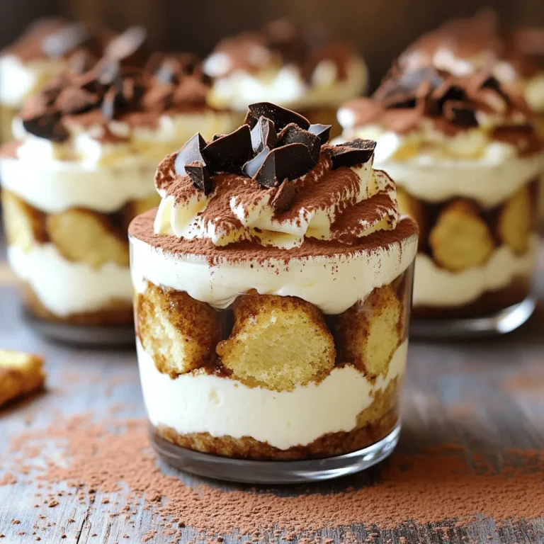 - 1 cup strong brewed coffee, cooled - 2 tablespoons cocoa powder, plus extra for dusting - 8 ounces mascarpone cheese, softened at room temperature - 1 cup heavy whipping cream - ½ cup powdered sugar - 1 teaspoon vanilla extract - 12 ladyfinger cookies - Dark chocolate shavings for garnish - For a lighter option, use cream cheese instead of mascarpone. - For dairy-free, try using coconut cream or tofu. - You can use honey or maple syrup as sweeteners instead of powdered sugar. Gather these ingredients to make your no-bake tiramisu cups shine. Each item plays a key role in building flavor and texture. The strong brewed coffee gives a rich base. Mascarpone cheese adds creaminess. Heavy whipping cream creates a light feel. If you want to adapt the recipe, there are great swaps. If you cannot find mascarpone, cream cheese works well. For those avoiding dairy, coconut cream is a fantastic choice. You can switch powdered sugar with honey or maple syrup if you prefer. Feel free to get creative with these ingredients. This dessert can be yours with just a few tweaks! To start, brew a strong cup of coffee. Use your favorite brand for the best flavor. I like to use dark roast for a bold taste. Let the coffee cool at room temperature. You can also place it in the fridge for faster cooling. This cooling step is key. It keeps the coffee from soaking the ladyfingers too much. Next, mix cocoa powder and coffee in a shallow dish. Blend them well to ensure even flavor. This step matters because it impacts the whole dessert. If you want to switch it up, try adding a splash of coffee liqueur. You can also use flavored syrups for a twist. Now, let’s whip the cream. Pour the heavy cream into a mixing bowl. Add powdered sugar and vanilla extract. Use an electric mixer on medium-high speed. Whip until you reach stiff peaks. Be careful not to over-whip, or it might turn grainy. Once the cream is whipped, gently add the mascarpone cheese. Use a spatula to fold it in slowly. This technique keeps the texture light and airy. If you mix too hard, you’ll lose that fluffy texture we want. Grab your ladyfinger cookies. Dip each one quickly into the coffee mixture. Make sure to soak them but not for too long. A quick dip is best. This keeps the cookies soft but not soggy. Adjust the dip time for your taste—some like them softer! Now it’s time to layer. Use serving cups or jars. Start with a layer of soaked ladyfingers at the bottom. Next, spread a layer of the mascarpone mixture over the ladyfingers. Repeat this process. Aim for at least two layers, finishing with mascarpone on top. For the final touch, take the remaining cocoa powder. Sift it over the top layer of mascarpone. This adds a beautiful look and a rich flavor. Just before serving, sprinkle dark chocolate shavings on top. This extra step makes your dessert look fancy and delicious! To get the best texture in your no-bake tiramisu cups, balance the cream and mascarpone well. Use equal parts of whipped cream and mascarpone for a light and airy dessert. When folding, be gentle! You want to keep that fluffiness alive. Avoid overmixing, as this can make your dessert dense. Next, let’s talk about sogginess. Soaking the ladyfingers is key, but don’t soak them too long. A quick dip in the coffee mixture is all you need. This keeps them soft but not mushy. If you leave them too long, they can lose their shape. You can enhance your tiramisu with liqueurs or extracts. Adding a splash of coffee liqueur can deepen the flavor. Vanilla extract adds sweetness and richness, so don’t skip it! You might also explore other flavors like almond or hazelnut extract. Infusion ideas can take your dessert to the next level. Consider using flavored coffee or even adding a bit of orange zest to the mascarpone. This adds a unique twist that will wow your guests. When it comes to serving, be creative! Use small mason jars or elegant glasses for a fun look. This makes each cup feel special and adds to the experience. You can also layer the tiramisu in clear cups to show off those beautiful layers. Lastly, don't forget the finishing touches. A sprinkle of cocoa and dark chocolate shavings on top adds a nice visual appeal. It makes each cup look inviting and ready to eat! {{image_4}} You can play with flavors in your no-bake tiramisu cups. One fun option is chocolate tiramisu cups. To make this, simply add melted dark chocolate to the mascarpone mixture. This creates a rich and decadent dessert. You can also top with chocolate shavings for extra flair. Another exciting choice is the frutti di bosco version. For this, swap the coffee for berry puree. Use mixed berries like strawberries, raspberries, and blueberries. Layer the berry mixture with mascarpone and crushed ladyfingers for a fruity twist. This variation is fresh and perfect for summer. If you want a vegan no-bake tiramisu, there are easy swaps. Use coconut cream instead of mascarpone. For the whipped cream, try whipped coconut milk. You can also use maple syrup or agave for sweetness. Soak ladyfingers in almond milk mixed with coffee for a tasty vegan treat. For gluten-free options, look for gluten-free ladyfingers. You can also use gluten-free cookies or sponge cake. The rest of the ingredients remain the same. This way, everyone can enjoy this delightful dessert. You can make bite-sized versions of tiramisu cups for parties. Use mini cups or shot glasses for fun servings. Cut ladyfingers to fit snugly in the bottom. Layer the soaked ladyfingers and mascarpone just like the full-sized cups. This makes them easy to enjoy in one bite! For serving suggestions, arrange mini tiramisu bites on a platter. You can garnish with cocoa powder or chocolate shavings. These mini treats are sure to impress your guests and add a sweet touch to any gathering. Store your tiramisu cups in the fridge. Use an airtight container to keep them fresh. They taste best when chilled. You can enjoy them for up to three days. After that, they may lose their creamy texture. You can freeze the tiramisu cups if you want to keep them longer. Use a freezer-safe container. Make sure to layer parchment paper between cups to avoid sticking. They last for about one month in the freezer. To thaw, move them to the fridge overnight. Avoid thawing at room temperature. This keeps the texture smooth and creamy. Reheating is not needed for tiramisu cups. They are best served cold. If you want to warm them, do so carefully. Use a microwave on low power for a few seconds. Check often to avoid melting the layers. Yes, you can make tiramisu cups ahead of time. I suggest preparing them the day before you plan to serve. This gives the flavors more time to blend. Just remember to cover them well in the fridge. This keeps them fresh and tasty. For the best taste, use strong brewed coffee. I recommend a dark roast. Brands like Lavazza or Illy work great. They add rich flavor to your tiramisu. You can also use espresso for an extra kick. To prevent soggy ladyfingers, dip them quickly in coffee. A quick soak is key. If you leave them too long, they will get too soft. Aim for a quick dip, just enough to soak the outside. This keeps them firm and delicious. Yes, you can adjust the sweetness to your liking. If you prefer a sweeter dessert, add more powdered sugar. For a less sweet version, use less sugar. Taste as you mix to find the perfect balance for you. Absolutely! You can make this dessert without alcohol. Simply skip any liqueurs. For added flavor, try using flavored extracts like almond or hazelnut. This keeps your tiramisu rich and tasty without the alcohol. This blog post covers how to create delicious tiramisu cups. You learned about the key ingredients, tips for perfect texture, and variations to try. I shared steps for preparation, mixing, and layering to build flavor and texture. Effective storage methods help keep your dessert fresh. Finally, remember that customization is key. Adjust the recipe to match your taste. Enjoy making your tiramisu cups, and let your creativity shine!