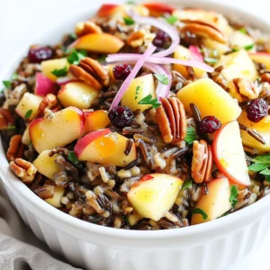 Wild rice is the star of this dish. Use 1 cup of wild rice for a hearty base. It has a slightly nutty flavor and a chewy texture. This grain is packed with nutrients and adds a nice contrast to the salad. Use either water or vegetable broth, about 2 cups, to cook the rice. The broth can add extra flavor. For this salad, you need a few key fruits and veggies: - 1 large tart apple, like Granny Smith, diced - ½ cup pecans, toasted and roughly chopped - ½ cup dried cranberries - ¼ cup red onion, finely diced - ¼ cup fresh parsley, chopped The apple adds a crisp, sweet note. The pecans bring crunch and a rich taste. Dried cranberries add a pop of color and sweetness. The red onion gives a mild bite, while parsley adds freshness. The dressing ties all the flavors together. You will need: - 2 tablespoons olive oil - 2 tablespoons apple cider vinegar - 1 tablespoon pure maple syrup - Salt and pepper to taste The olive oil provides a smooth base. Apple cider vinegar adds tang, while maple syrup gives a hint of sweetness. Adjust salt and pepper to your liking. This dressing is simple but very effective in lifting the dish. To cook wild rice, start by boiling two cups of water or vegetable broth. Use a medium saucepan for this. Once the water reaches a full boil, add one cup of wild rice. Then reduce the heat to low. Cover the pot with a lid. Let it simmer for about 40 to 45 minutes. The rice will become tender and the grains will split open when done. After cooking, drain any extra liquid. Spread the rice on a large plate to cool. This cooling step is key to keeping the salad fresh. Next, grab a small mixing bowl. Combine two tablespoons of olive oil with two tablespoons of apple cider vinegar. Add one tablespoon of pure maple syrup, along with salt and pepper to taste. Whisk these ingredients together until they blend well. This dressing adds a nice zing to the salad. Set it aside for a moment so the flavors can mix and become more delicious. Now, it’s time to put everything together. In a large mixing bowl, combine the cooled wild rice, diced tart apple, and toasted pecans. Add in the dried cranberries, finely chopped red onion, and fresh parsley. Use a spatula to mix these ingredients gently. Make sure everything is evenly combined. Drizzle the dressing over the salad mixture. Toss everything together using a gentle folding motion. This ensures all the ingredients are coated in the dressing. After mixing, cover the salad with plastic wrap or a lid. Chill it in the fridge for at least 30 minutes. This cooling time helps the flavors meld beautifully. When ready to serve, present the salad in a large bowl. You can garnish it with extra chopped parsley and a few more pecans for crunch. Enjoy! To cook wild rice perfectly, start with the right water ratio. Use two cups of water or vegetable broth for every cup of wild rice. Bring the liquid to a boil before adding the rice. This step helps the rice cook evenly. Lower the heat to a simmer, cover, and let it cook for 40 to 45 minutes. Check the rice at 40 minutes. The grains should split open and feel tender. If not, let it simmer for a few more minutes. Once done, drain any excess liquid and spread the rice on a plate to cool. This prevents the grains from clumping together. For the dressing, use a mix of olive oil and apple cider vinegar. This combination adds a nice tang. I recommend adding a tablespoon of pure maple syrup for sweetness. The maple syrup balances the tartness of the vinegar. Feel free to tweak the salt and pepper to suit your taste. If you want extra flavor, try adding a pinch of garlic powder or a squeeze of lemon juice. These small changes can make a big difference in taste. When serving your wild rice salad, presentation matters. Use a large, colorful bowl to show off the salad’s vibrant colors. Garnish with extra chopped parsley on top. This adds a fresh touch. You can also sprinkle a few toasted pecans for added crunch. For a fun twist, serve the salad in individual bowls. This makes it easy for guests to enjoy. Remember, a beautiful presentation makes the dish even more inviting! {{image_4}} You can make this salad heartier by adding protein. Grilled chicken adds a savory touch. Dice it into small pieces and mix it in. If you prefer a plant-based option, try tofu. Use firm tofu, press it to remove water, then cube and sauté it. Both options pair well with the salad's flavors and add more nutrition. While pecans shine in this dish, other nuts or seeds can work too. Walnuts bring a similar crunch and rich taste. Almonds, sliced or slivered, add a nice texture. For a nut-free option, try sunflower seeds or pumpkin seeds. These alternatives provide a delightful crunch and a nutty flavor. Feel free to switch up the fruits and veggies in this salad. Pears or grapes can add a sweet twist. Roasted sweet potatoes or bell peppers can give warmth and color. Carrots, shredded or diced, add a nice crunch. Mixing in these ingredients can create a unique version of this salad every time you make it. You should store wild rice salad in the fridge. Use an airtight container to keep it fresh. It stays good for about three to four days. Make sure you chill it quickly after serving. This helps to keep flavors strong and safe. Freezing wild rice salad is not the best option. The apples and pecans do not freeze well. If you want to freeze it, leave out the fresh ingredients. You can freeze the wild rice and dressing separately for up to three months. Just mix everything fresh when you want to eat it. Reheating wild rice salad is simple. You can eat it cold or at room temperature. If you prefer warm, heat it gently in a pan. Avoid using a microwave, as it can make the rice mushy. Add fresh apple and pecans after reheating for the best texture. To cook wild rice, start by rinsing it under cold water. In a medium saucepan, bring 2 cups of water or vegetable broth to a boil. Add 1 cup of wild rice. Reduce the heat to low and cover. Let it simmer for 40-45 minutes until the rice is tender and the grains split open. After cooking, drain any extra liquid. Spread the rice on a plate to cool. Yes, you can make this salad ahead of time. Prepare the salad completely and store it in the fridge. It tastes even better after the flavors mix. Chill it for at least 30 minutes before serving. You can make it a few hours or even a day in advance. Yes, this salad is gluten-free. Wild rice is naturally gluten-free, making it a great choice for those with gluten sensitivities. Just ensure that all other ingredients, like broth and dressings, are gluten-free as well. Enjoy this tasty salad without worry! This blog post covered the key ingredients, which include wild rice, fresh veggies, and delicious dressings. I gave you step-by-step instructions for cooking, mixing, and serving the salad. We also explored tips for cooking wild rice and enhancing flavor. I shared fun variations with proteins and other ingredients. Plus, I provided storage info to keep your salad fresh. Remember, you can always change up this salad to fit your taste. Enjoy making it your own!