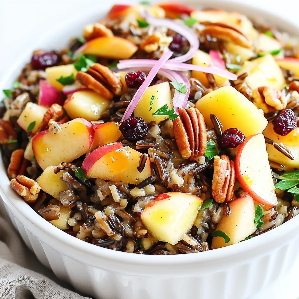 Wild rice is the star of this dish. Use 1 cup of wild rice for a hearty base. It has a slightly nutty flavor and a chewy texture. This grain is packed with nutrients and adds a nice contrast to the salad. Use either water or vegetable broth, about 2 cups, to cook the rice. The broth can add extra flavor. For this salad, you need a few key fruits and veggies: - 1 large tart apple, like Granny Smith, diced - ½ cup pecans, toasted and roughly chopped - ½ cup dried cranberries - ¼ cup red onion, finely diced - ¼ cup fresh parsley, chopped The apple adds a crisp, sweet note. The pecans bring crunch and a rich taste. Dried cranberries add a pop of color and sweetness. The red onion gives a mild bite, while parsley adds freshness. The dressing ties all the flavors together. You will need: - 2 tablespoons olive oil - 2 tablespoons apple cider vinegar - 1 tablespoon pure maple syrup - Salt and pepper to taste The olive oil provides a smooth base. Apple cider vinegar adds tang, while maple syrup gives a hint of sweetness. Adjust salt and pepper to your liking. This dressing is simple but very effective in lifting the dish. To cook wild rice, start by boiling two cups of water or vegetable broth. Use a medium saucepan for this. Once the water reaches a full boil, add one cup of wild rice. Then reduce the heat to low. Cover the pot with a lid. Let it simmer for about 40 to 45 minutes. The rice will become tender and the grains will split open when done. After cooking, drain any extra liquid. Spread the rice on a large plate to cool. This cooling step is key to keeping the salad fresh. Next, grab a small mixing bowl. Combine two tablespoons of olive oil with two tablespoons of apple cider vinegar. Add one tablespoon of pure maple syrup, along with salt and pepper to taste. Whisk these ingredients together until they blend well. This dressing adds a nice zing to the salad. Set it aside for a moment so the flavors can mix and become more delicious. Now, it’s time to put everything together. In a large mixing bowl, combine the cooled wild rice, diced tart apple, and toasted pecans. Add in the dried cranberries, finely chopped red onion, and fresh parsley. Use a spatula to mix these ingredients gently. Make sure everything is evenly combined. Drizzle the dressing over the salad mixture. Toss everything together using a gentle folding motion. This ensures all the ingredients are coated in the dressing. After mixing, cover the salad with plastic wrap or a lid. Chill it in the fridge for at least 30 minutes. This cooling time helps the flavors meld beautifully. When ready to serve, present the salad in a large bowl. You can garnish it with extra chopped parsley and a few more pecans for crunch. Enjoy! To cook wild rice perfectly, start with the right water ratio. Use two cups of water or vegetable broth for every cup of wild rice. Bring the liquid to a boil before adding the rice. This step helps the rice cook evenly. Lower the heat to a simmer, cover, and let it cook for 40 to 45 minutes. Check the rice at 40 minutes. The grains should split open and feel tender. If not, let it simmer for a few more minutes. Once done, drain any excess liquid and spread the rice on a plate to cool. This prevents the grains from clumping together. For the dressing, use a mix of olive oil and apple cider vinegar. This combination adds a nice tang. I recommend adding a tablespoon of pure maple syrup for sweetness. The maple syrup balances the tartness of the vinegar. Feel free to tweak the salt and pepper to suit your taste. If you want extra flavor, try adding a pinch of garlic powder or a squeeze of lemon juice. These small changes can make a big difference in taste. When serving your wild rice salad, presentation matters. Use a large, colorful bowl to show off the salad’s vibrant colors. Garnish with extra chopped parsley on top. This adds a fresh touch. You can also sprinkle a few toasted pecans for added crunch. For a fun twist, serve the salad in individual bowls. This makes it easy for guests to enjoy. Remember, a beautiful presentation makes the dish even more inviting! {{image_4}} You can make this salad heartier by adding protein. Grilled chicken adds a savory touch. Dice it into small pieces and mix it in. If you prefer a plant-based option, try tofu. Use firm tofu, press it to remove water, then cube and sauté it. Both options pair well with the salad's flavors and add more nutrition. While pecans shine in this dish, other nuts or seeds can work too. Walnuts bring a similar crunch and rich taste. Almonds, sliced or slivered, add a nice texture. For a nut-free option, try sunflower seeds or pumpkin seeds. These alternatives provide a delightful crunch and a nutty flavor. Feel free to switch up the fruits and veggies in this salad. Pears or grapes can add a sweet twist. Roasted sweet potatoes or bell peppers can give warmth and color. Carrots, shredded or diced, add a nice crunch. Mixing in these ingredients can create a unique version of this salad every time you make it. You should store wild rice salad in the fridge. Use an airtight container to keep it fresh. It stays good for about three to four days. Make sure you chill it quickly after serving. This helps to keep flavors strong and safe. Freezing wild rice salad is not the best option. The apples and pecans do not freeze well. If you want to freeze it, leave out the fresh ingredients. You can freeze the wild rice and dressing separately for up to three months. Just mix everything fresh when you want to eat it. Reheating wild rice salad is simple. You can eat it cold or at room temperature. If you prefer warm, heat it gently in a pan. Avoid using a microwave, as it can make the rice mushy. Add fresh apple and pecans after reheating for the best texture. To cook wild rice, start by rinsing it under cold water. In a medium saucepan, bring 2 cups of water or vegetable broth to a boil. Add 1 cup of wild rice. Reduce the heat to low and cover. Let it simmer for 40-45 minutes until the rice is tender and the grains split open. After cooking, drain any extra liquid. Spread the rice on a plate to cool. Yes, you can make this salad ahead of time. Prepare the salad completely and store it in the fridge. It tastes even better after the flavors mix. Chill it for at least 30 minutes before serving. You can make it a few hours or even a day in advance. Yes, this salad is gluten-free. Wild rice is naturally gluten-free, making it a great choice for those with gluten sensitivities. Just ensure that all other ingredients, like broth and dressings, are gluten-free as well. Enjoy this tasty salad without worry! This blog post covered the key ingredients, which include wild rice, fresh veggies, and delicious dressings. I gave you step-by-step instructions for cooking, mixing, and serving the salad. We also explored tips for cooking wild rice and enhancing flavor. I shared fun variations with proteins and other ingredients. Plus, I provided storage info to keep your salad fresh. Remember, you can always change up this salad to fit your taste. Enjoy making it your own!