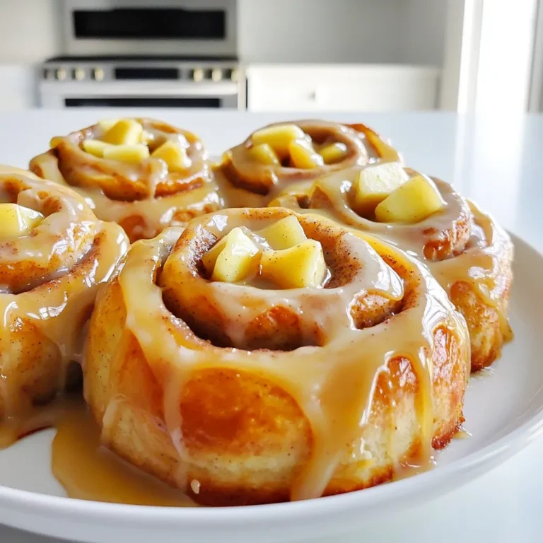 To make these tasty rolls, you need the following main ingredients: - 1 package (16.5 oz) refrigerated crescent roll dough - 2 medium Granny Smith apples, peeled and diced - 1/2 cup brown sugar - 1 tablespoon ground cinnamon - 1/4 cup walnuts, chopped (optional) - 1/4 cup caramel sauce (store-bought or homemade) - 4 oz cream cheese, softened to room temperature - 1/2 cup powdered sugar - 1 tablespoon milk - 1/2 teaspoon vanilla extract - A pinch of salt These ingredients blend to create a sweet and comforting treat. You can change up the flavors by adding some optional ingredients: - Walnuts for a crunchy texture - Pecans instead of walnuts for a different nutty flavor - Use different apples like Honeycrisp or Fuji for varied sweetness - Add raisins or dried cranberries for extra fruitiness Feel free to get creative! If you don't have some ingredients, here are easy substitutions: - Use puff pastry instead of crescent roll dough - Swap brown sugar with white sugar for less richness - If you can't find Granny Smith apples, use any tart apple - Replace cream cheese with Greek yogurt for a lighter glaze These substitutions still yield delicious rolls. Adjust to fit your pantry! First, preheat your oven to 375°F (190°C). This ensures your rolls bake evenly. Next, take a baking dish and line it with parchment paper. This makes clean-up easy and prevents sticking. In a small bowl, mix together the brown sugar and ground cinnamon. Stir until they are well combined. Set this sweet mixture aside. It will add a lovely flavor to your rolls. Open the package of crescent roll dough. Gently unroll it on a clean surface to form a rectangle. Pinch the seams together to create one smooth sheet. Sprinkle the cinnamon-sugar mixture evenly over the dough. Next, add the diced Granny Smith apples. If you like nuts, sprinkle chopped walnuts on top. Drizzle half of the caramel sauce over everything. Now, carefully roll the dough from one long edge to form a tight log. This shape helps keep the filling inside. Once rolled, use a sharp knife to slice the log into 8 equal pieces. Place the slices cut-side up in your prepared baking dish. Put the baking dish in your preheated oven. Bake for about 20-25 minutes. You want the rolls to rise and turn golden brown. Keep an eye on them to make sure they bake evenly. While your rolls are baking, make the glaze. In a medium bowl, beat together the softened cream cheese, powdered sugar, milk, vanilla extract, and a pinch of salt. Whisk until the mixture is smooth and creamy. Once the rolls are out of the oven and have cooled for about 5 minutes, drizzle the remaining caramel sauce over the top. Finish by drizzling the cream cheese glaze over each warm roll. This adds a rich, creamy touch. Enjoy the delightful flavors! To roll the dough perfectly, start by unrolling the crescent roll dough on a clean surface. Pinch the seams together well. This will help create a single sheet. Use a rolling pin to gently flatten it more, if needed. When you roll the dough, begin at one long edge. Roll it tightly, but not too tight. A snug roll keeps the filling inside. For the best results, preheat your oven to 375°F (190°C). Bake the rolls for 20 to 25 minutes. Watch for a golden-brown color on top. The rolls should also rise nicely. If they look too brown at 20 minutes, check them. Every oven is different, so adjust the time if needed. To make a smooth glaze, ensure your cream cheese is at room temperature. Mix it well with powdered sugar, milk, vanilla extract, and salt. Use a whisk to blend until it’s creamy and well-combined. If it’s too thick, add a bit more milk. Drizzle the glaze over warm rolls for a lovely finish. {{image_4}} If you want to make these rolls nut-free, simply skip the walnuts. The apples and caramel provide great flavor and texture without the nuts. This makes it safe for those with nut allergies. You can still enjoy a delicious treat! To make gluten-free cinnamon rolls, use gluten-free crescent roll dough. Many brands offer this option now. Just check the label to ensure it’s safe. The filling stays the same, ensuring you still get that warm, gooey goodness. Your gluten-free friends will love these! Feel free to swap the apples for other fruits. Pears or peaches work well for a twist. You might also try berries for a tart flavor. Just remember to adjust the sugar based on the sweetness of the fruit. Each fruit brings its own unique taste to these rolls. Experiment and find your favorite! To keep leftover rolls fresh, place them in an airtight container. This helps prevent them from drying out. You can store them at room temperature for up to two days. If you want to keep them longer, the fridge is a good option. Just make sure to wrap them well to maintain their texture. When it's time to enjoy the rolls again, you can reheat them easily. Preheat your oven to 350°F (175°C). Place the rolls on a baking sheet and cover them loosely with foil. Heat for about 10-15 minutes. This will warm them nicely without making them tough. You can also use the microwave for a quick fix. Heat each roll for about 15-20 seconds. Just be careful not to overdo it. If you want to save some rolls for later, freezing is a great option. Once the rolls cool completely, wrap each one in plastic wrap. Then, place them in a freezer-safe bag or container. They can last in the freezer for about three months. When you're ready to enjoy them, thaw them in the fridge overnight. You can reheat them as mentioned above for a warm treat. Yes, you can use different apples. Try Honeycrisp or Fuji apples. They add a sweet taste. Each apple type gives a unique flavor profile. Granny Smith apples are tart, which balances the sweetness. Mixing apples can enhance the overall taste too. To make your rolls extra caramel-y, increase the caramel sauce. Drizzle more sauce inside the rolls before you bake them. You can also add a layer of caramel on top after baking. This adds a rich flavor and a gooey texture. Store the cream cheese glaze in an airtight container. Keep it in the fridge for up to five days. Before using, let it sit at room temperature to soften. You can also whisk it again for a smooth texture. In this blog post, we explored how to make caramel apple cinnamon rolls, covering every step. We discussed key ingredients, easy variations, and helpful tips to get the best results. With the right approach, you can create these sweet rolls at home. Remember, the joy of baking comes from experimenting. So feel free to try new flavors and share your creations. Baking can be fun and delicious! Enjoy your rolls fresh or stored for later. Happy baking!
