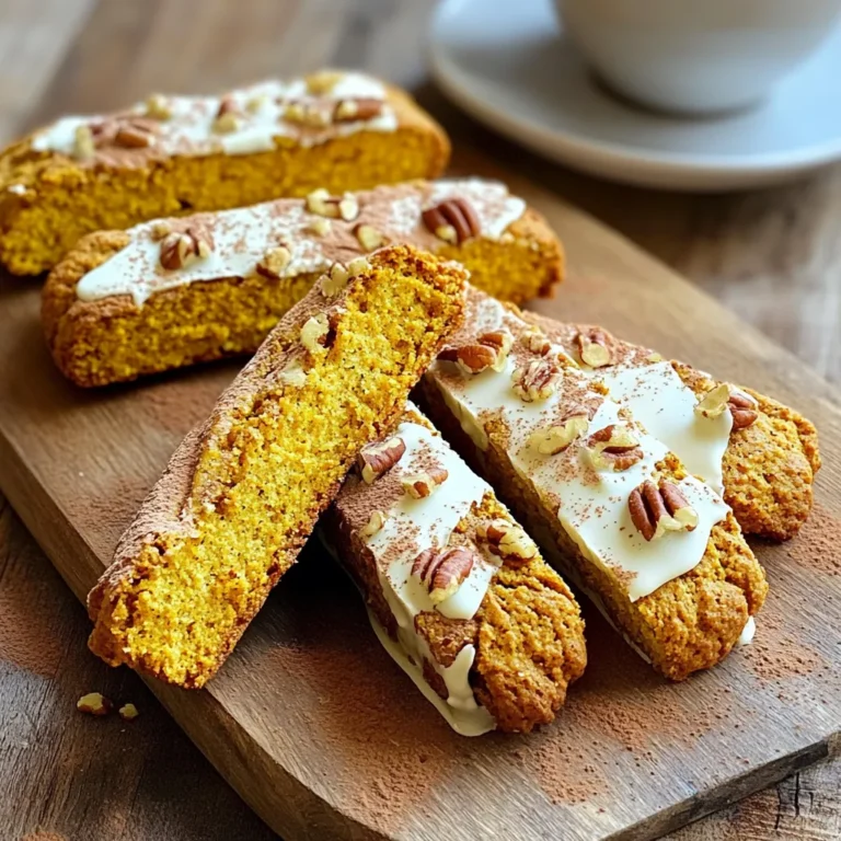 To make pumpkin biscotti, you'll need the following ingredients: - 1 cup canned pumpkin puree - 1/2 cup granulated sugar - 1/4 cup packed brown sugar - 2 large eggs - 1/2 cup vegetable oil - 2 teaspoons vanilla extract - 3 cups all-purpose flour - 1 teaspoon baking powder - 1/2 teaspoon baking soda - 1 teaspoon ground cinnamon - 1/2 teaspoon ground nutmeg - 1/4 teaspoon ground ginger - 1/4 teaspoon salt - 1/2 cup chopped pecans (optional) - 1/2 cup white chocolate chips (optional) These ingredients come together to create a warm, cozy flavor. The pumpkin puree adds moisture and a subtle sweetness. The mix of sugars gives the biscotti a nice balance of flavor. I love the spices, too; they make your kitchen smell amazing! You can also customize your biscotti by adding pecans or white chocolate chips for more texture and taste. First, I preheat the oven to 350°F (175°C). This step is key for even baking. Next, I line a baking sheet with parchment paper. This helps the biscotti not to stick. In a large bowl, I combine the pumpkin puree, granulated sugar, brown sugar, eggs, vegetable oil, and vanilla extract. I whisk these ingredients together until smooth. This mix brings out the pumpkin's rich flavor. In another bowl, I sift together the flour, baking powder, baking soda, cinnamon, nutmeg, ginger, and salt. Sifting helps break up lumps. It also ensures even mixing of the dry ingredients. I gradually mix the dry ingredients into the wet mixture. I do this gently to avoid tough biscotti. If I want extra flavor, I fold in chopped pecans and white chocolate chips. Next, I divide the dough into two equal parts. I shape each part into a log about 12 inches long and 2 inches wide. I place the logs on the prepared baking sheet, leaving space between them. After baking for 25-30 minutes, I check if the logs feel firm and golden. Once done, I let them cool for about 10 minutes. Then, I slice each log diagonally into 1-inch thick pieces. I return them to the baking sheet, cut side down. I bake them again for 10-12 minutes, flipping halfway. This makes them crisp and golden. Finally, I cool the biscotti on a wire rack for that perfect crunch. To make perfect pumpkin biscotti, avoid overmixing your dough. Overmixing can lead to tough biscotti. Mix gently just until everything is combined. This keeps your treats light and crisp. Choosing the right baking time is also key. Bake your logs for 25 to 30 minutes until they feel firm. They should have a light golden color. For extra crispiness, bake them a little longer during the second bake. This makes them crunchy and delightful. Serve your biscotti in a tall glass or on a rustic wooden board. This adds charm to your table. Pair them with a warm cup of coffee or tea. The rich flavors of the biscotti match perfectly with these drinks. Enhance their visual appeal by dusting a little cinnamon on top. This adds a warm look and a lovely aroma. A few chocolate chips on top can also make them pop! Experimenting with spices can bring new life to your biscotti. Try adding a pinch of allspice or clove for warmth. You can also mix in some dried fruit or nuts. Dried cranberries or walnuts would add great texture and flavor. If you want a sweet twist, fold in white chocolate chips. They melt beautifully and add a creamy richness. Let your creativity shine in the kitchen! {{image_4}} You can change the flavors of your pumpkin biscotti easily. For a twist, try adding dried cranberries or dark chocolate chips. These give a nice contrast to the pumpkin. You can also swap out spices. Instead of cinnamon, use cardamom for a unique taste. During the fall, add a touch of maple syrup for extra sweetness. For the winter holidays, consider using gingerbread spices. This makes them festive and fun. If you need gluten-free biscotti, use a gluten-free flour blend. This works well and keeps the texture nice. For a vegan version, replace the eggs with flaxseed meal or applesauce. Use a plant-based oil instead of vegetable oil. These changes let everyone enjoy the biscotti, no matter their diet. Pair your pumpkin biscotti with a warm drink. They go well with coffee, tea, or hot chocolate. The flavors complement each other. You can also serve them as a snack or dessert. Try adding a scoop of ice cream alongside. This makes it a delightful treat for any occasion! To keep your pumpkin biscotti fresh, store them in an airtight container. This will help prevent them from becoming stale. Place a piece of parchment paper between layers if you stack them. Make sure they are completely cool before sealing. This keeps moisture away and maintains their crunch. If you want to save some for later, freezing is a great option. Place the cooled biscotti in a single layer on a baking sheet. Freeze them for about an hour. Once firm, transfer them to a freezer bag or an airtight container. They can last up to three months in the freezer. When you are ready to enjoy, thaw them at room temperature. You can also warm them briefly in the oven for extra crispiness. At room temperature, your pumpkin biscotti will stay fresh for about two weeks. Keep them in a cool, dry place, away from sunlight. If they start to lose their crunch, a quick bake in the oven can help revive them. Enjoy them with a hot drink or as a snack anytime! Biscotti are dry, crunchy cookies from Italy. They are often twice-baked, which gives them their hard texture. These treats are perfect for dipping in coffee or tea. Biscotti come in many flavors, but pumpkin is a favorite for fall. Their shape is usually long and thin, making them easy to hold. Yes, you can use fresh pumpkin. If you choose fresh, you need to cook it first. Roast or boil the pumpkin until soft, then mash it well. Canned pumpkin is easy, as it is ready to use. Both options work, but canned saves time. Look for a light golden color. The logs should feel firm to the touch. You can also check by inserting a toothpick; it should come out clean. After slicing, bake them until they are crisp. They should snap when broken. You can! Use flaxseed meal or applesauce as substitutes for eggs. For each egg, mix one tablespoon of flaxseed meal with three tablespoons of water. Let it sit until it thickens. Applesauce works well too; use 1/4 cup per egg. Both options keep your biscotti tasty and moist. Biscotti pair well with many drinks. Coffee and tea are classics. Hot chocolate adds a sweet touch. You can also dip them in milk or almond milk. For a fun twist, try a flavored syrup or melted chocolate. Enjoy your biscotti with any of these delightful dips! This blog covered making delicious pumpkin biscotti in easy steps. We explored key ingredients, mixing techniques, and baking instructions. I shared tips for perfect texture and tasty add-ins. You learned how to store and serve them, plus some fun variations. In the end, pumpkin biscotti is versatile and fun to make. Get creative with flavors or try new serving ideas. Enjoy baking and sharing these delightful treats!