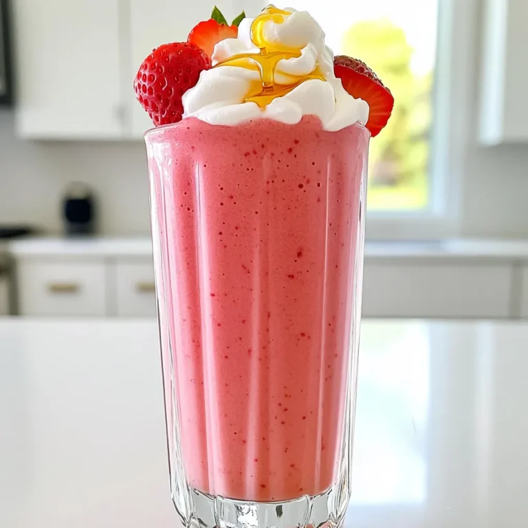 - 1 cup fresh strawberries, hulled and chopped - 1/2 cup Greek yogurt (plain or vanilla) - 1/2 cup almond milk (or any milk you prefer) - 1 scoop vanilla protein powder - 2 tablespoons cream cheese, softened - 1 tablespoon honey or maple syrup - 1/2 teaspoon vanilla extract - 1/4 teaspoon ground cinnamon - Ice cubes (about 1 cup, optional) Each serving of this smoothie gives you a tasty boost. It has about: - Calories: 220 - Protein: 15g - Carbohydrates: 30g - Fat: 6g - Fiber: 4g - Sugar: 12g This smoothie is great for a snack or as a meal replacement. It packs a good mix of protein, healthy fats, and carbs. You can switch out some ingredients to fit your taste. Here are a few ideas: - Greek yogurt: Use dairy-free yogurt for a vegan option. - Almond milk: Swap with oat milk, coconut milk, or regular dairy milk. - Honey or maple syrup: Use stevia or agave syrup for a lower-calorie option. - Protein powder: Try chocolate protein powder for a different flavor. - Cream cheese: Use cashew cream for a dairy-free twist. These swaps keep the smoothie delicious while matching your diet needs. First, gather all your ingredients. You need: - 1 cup fresh strawberries, hulled and chopped - 1/2 cup Greek yogurt - 1/2 cup almond milk - 1 scoop vanilla protein powder - 2 tablespoons cream cheese, softened - 1 tablespoon honey or maple syrup - 1/2 teaspoon vanilla extract - 1/4 teaspoon ground cinnamon - Ice cubes (optional) Make sure your strawberries are ripe and sweet. This enhances your smoothie’s taste. In a high-speed blender, add the chopped strawberries, Greek yogurt, and almond milk. Then, put in the softened cream cheese. Next, add the vanilla protein powder, honey or maple syrup, vanilla extract, and ground cinnamon. These ingredients bring out the sweet cheesecake flavor. If you want a colder and thicker drink, toss in about one cup of ice cubes. Blend on high speed. Keep blending until everything is smooth and creamy. If the smoothie feels too thick, add a little more almond milk and blend again. Once blended, taste your smoothie. If you want it sweeter, add more honey or syrup. Blend briefly to mix. Pour the smoothie into your favorite glass. For a fun presentation, garnish it with a fresh strawberry on the rim. You can also sprinkle a tiny bit of cinnamon on top for extra flair. Serve the smoothie in tall glasses with colorful straws. For a treat, add whipped cream on top. Drizzle some honey over the cream for a beautiful finish. Enjoy your Berry Bliss Strawberry Cheesecake Smoothie! To get a smooth and creamy texture, blend your ingredients well. Start with fresh strawberries and Greek yogurt for the best base. If your smoothie is too thick, add a bit more almond milk. If you like it thicker, toss in more ice cubes. Blend until everything is mixed, but don’t overdo it. To boost the taste, use quality ingredients like ripe strawberries and good Greek yogurt. Adding a splash of vanilla extract gives a nice aroma. Don't forget the cinnamon; it adds warmth and depth. Adjust the sweetness with honey or maple syrup to match your taste. Always taste before serving! A high-speed blender is key for the smoothest results. It handles ice and frozen fruit well. If you want to serve it cold, use chilled glasses. Consider using a measuring cup for precise ingredient amounts. For easy clean-up, blend in a container that’s dishwasher safe. {{image_4}} You can mix in other fruits to change the flavor. Think about using bananas or blueberries. Both add nice sweetness. Raspberries offer a tart taste that balances well. If you want a tropical twist, try mango or pineapple. These fruits blend well with the strawberry cheesecake vibe. To make this smoothie dairy-free, replace Greek yogurt with coconut yogurt. Almond milk is a great choice, but you can use oat or soy milk too. For cream cheese, opt for vegan cream cheese. This keeps the same creamy texture without dairy. You still get that delightful taste! Add nuts or seeds for extra texture and nutrition. Chia seeds or flaxseeds boost fiber and protein. You can sprinkle in some chopped walnuts or almonds for crunch. Cinnamon adds warmth, but you can also try nutmeg for a different twist. A spoonful of peanut butter gives a rich flavor and creaminess, making it even more satisfying. To store leftover smoothie, pour it into an airtight container. You can use glass or plastic. Seal it tightly and place it in the fridge. The smoothie is best enjoyed within 24 hours. If you wait too long, it may separate. Just give it a quick shake before drinking. You can freeze strawberries for later use. Just wash, hull, and chop them. Place the pieces on a baking sheet and freeze for a few hours. Once frozen, transfer them to a bag. This way, they won’t stick together. You can also freeze Greek yogurt in ice cube trays. This makes it easy to blend later. The prepared smoothie lasts in the fridge for about 1 day. After that, it may lose flavor and freshness. Always check for changes in smell or texture. If it looks or smells off, it’s best to toss it. For longer storage, freeze the smoothie. It can last up to a month in the freezer. When you’re ready to drink it, just blend it again. Yes, you can use frozen strawberries. They make the smoothie cold and thick. Frozen strawberries also save time. Just add them straight to the blender. You might need to adjust the amount of almond milk. Start with a little less and add more if needed. This smoothie works well for meal prep. You can blend it ahead of time and store it. Use an airtight container for freshness. Keep it in the fridge and drink it within 24 hours. If you want to keep it longer, try freezing it. Just thaw it overnight in the fridge before drinking. To boost protein, add more protein powder. You can also mix in nut butter or seeds. Options like chia seeds or hemp seeds are great too. Greek yogurt can be increased as well. With these changes, your smoothie stays tasty and healthy. This blog post covered the best ingredients, steps, and tips for making smoothies. You learned about ingredient substitutions and nutritional info for healthier options. Our tips helped you achieve the perfect texture and flavor. You now know how to store leftovers and even try different variations. Smoothies are fun and easy to customize, so get creative. Enjoy making your perfect blend!