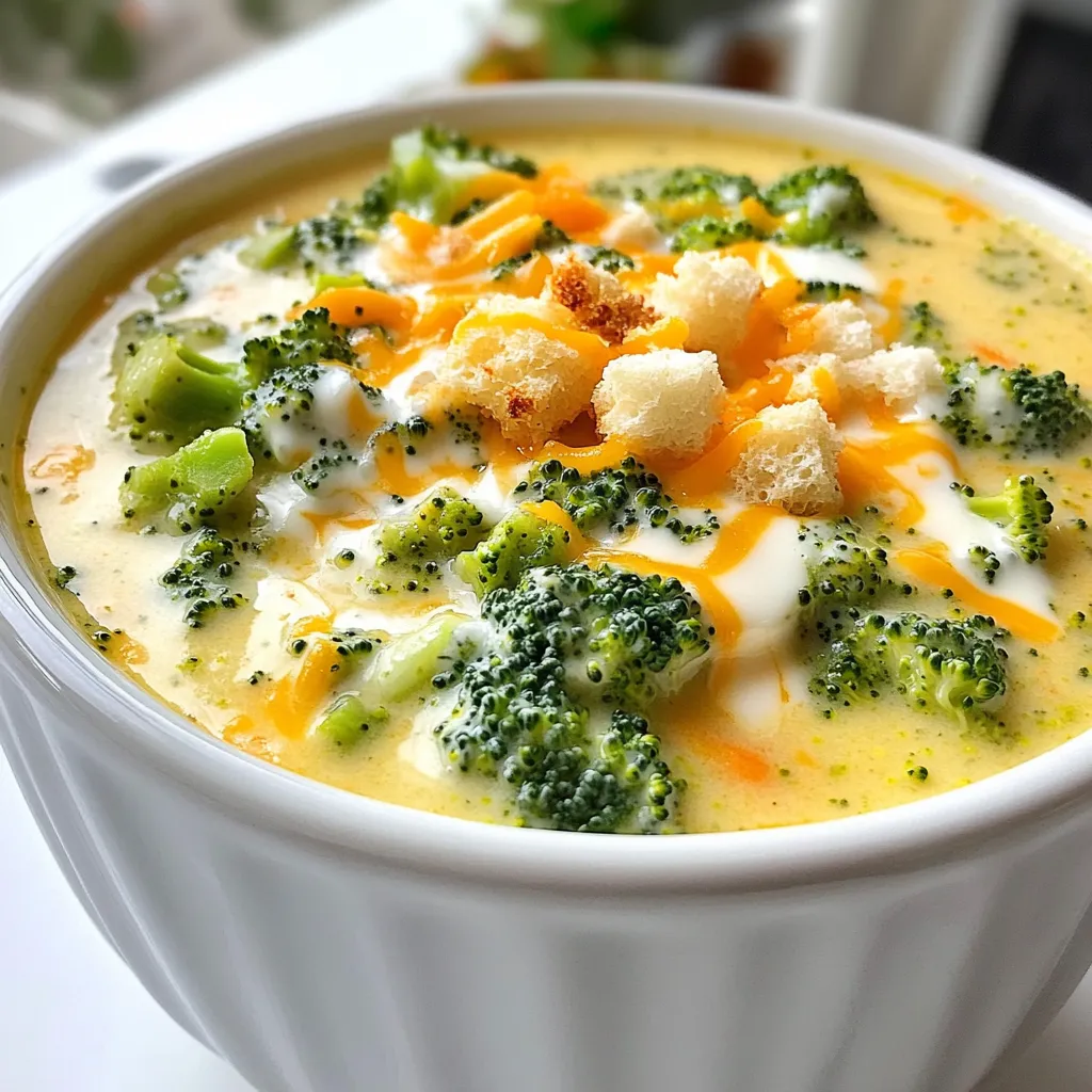 - 4 cups fresh broccoli florets, chopped into bite-sized pieces - 1 medium onion, finely chopped - 2 cloves garlic, minced - 3 medium carrots, peeled and diced - 4 cups vegetable broth (homemade or store-bought) - 1 cup heavy cream - 2 cups shredded sharp cheddar cheese (preferably aged for a stronger flavor) - 1 teaspoon Dijon mustard - Salt and pepper to taste - 1 tablespoon olive oil - 1/4 teaspoon freshly grated nutmeg (optional) - Croutons, for garnish (optional) Fresh broccoli florets are the star of this soup. Their bright green color adds life. You want them chopped into bite-sized pieces, so they cook evenly. The onion, garlic, and carrots add great flavor. Finely chop the onion and mince the garlic. The carrots should be diced to match the broccoli size. For the broth, you can use store-bought or homemade vegetable broth. This forms the soup's base and adds depth. Heavy cream makes the soup rich. Use full-fat cream for the best texture. The sharp cheddar cheese gives that classic flavor. I recommend aged cheddar for a stronger taste. Dijon mustard adds a slight zing. Season with salt and pepper to bring out the flavors. Nutmeg is optional but adds warmth. Finally, croutons can garnish the soup for crunch. First, we need to sauté the onion and garlic. Heat olive oil in the slow cooker on sauté mode. Add the finely chopped onion and cook for about 3 to 4 minutes. Stir often until the onion turns soft and translucent. This is key for flavor. When the onion is translucent, it means it has released its sweet flavors. Then, add the minced garlic and cook for another minute. The aroma will be amazing! Next, we add the vegetables. Toss in the broccoli florets and diced carrots. Stir everything well to make sure the veggies mix evenly. This step helps ensure each bite has a little bit of everything in it. It makes the soup colorful and nutritious! Now it’s time to cook the soup. Pour in the vegetable broth and add Dijon mustard. Season with salt and pepper. If you like, grate in some nutmeg for extra flavor. Put the lid on the slow cooker. Cook on low for 4 to 5 hours or high for 2 to 3 hours. You’ll know it’s done when the veggies are tender and fork-friendly. When the soup is ready, it’s time to blend. If you have an immersion blender, use it to blend the soup right in the pot. If not, carefully transfer the soup in batches to a standard blender. To avoid splatters, fill the blender halfway and hold a kitchen towel over the lid. Blend until smooth! For the final touches, stir in the heavy cream and the shredded cheddar cheese. Mix until the cheese melts and the soup is super creamy. Taste the soup and adjust the seasoning as needed. Add more salt or pepper to make it just right. This step makes sure your soup is delicious and full of flavor! Using the sauté mode on your slow cooker helps build great flavor. When you sauté the onions and garlic, they release their oils. This makes the soup taste rich and deep. Cook the onions until they are soft and clear. This step takes about 3-4 minutes. Keep stirring to avoid burning. You can also add a pinch of salt to draw out moisture from the onions. This helps them cook evenly and enhances their sweet flavor. The right cheese makes all the difference. I prefer using aged sharp cheddar for its bold taste. It melts beautifully into the soup, giving it a rich texture. For creaminess, heavy cream is the way to go. When blending, make sure to mix until smooth. If the soup seems too thick, add a little broth or water. This will give you the perfect consistency. Serve your soup hot in warm bowls to keep it cozy. Add crunchy croutons for texture and a sprinkle of extra cheese on top. This not only looks great but also adds flavor. A light drizzle of olive oil can elevate the dish even more. You can also pair it with a slice of crusty bread for a full meal. Enjoy your delicious creation! {{image_4}} To make a lighter version of this soup, try using low-fat cream instead of heavy cream. This swap cuts calories while keeping the soup creamy. You can also add more vegetables. Spinach, kale, or cauliflower can boost nutrition. These extra veggies will give your soup more color and flavor. Want to spice things up? Experiment with herbs like thyme or oregano. They add depth to the soup without extra calories. You could also add proteins. Cooked chicken or beans will turn this soup into a heartier meal. Just mix them in when you blend the soup for a tasty twist. If you prefer a vegan option, swap the heavy cream for plant-based cream. Cashew cream or coconut milk works great! For the cheese, look for vegan cheese alternatives. Nutritional yeast is an excellent choice for a cheesy flavor without dairy. This way, everyone can enjoy a bowl of creamy goodness. To store leftovers, let the soup cool first. Then, transfer it to an airtight container. Make sure to seal it well to prevent spills. You can store it in the fridge for up to 3-4 days. This way, you can enjoy it again without losing flavor. For freezing, use a freezer-safe container. Leave some space at the top, as soup expands when it freezes. It’s best to freeze it in single servings for easy use later. When you're ready to eat, thaw the soup in the fridge overnight. Reheat it slowly on the stove or in the microwave. Stir well to keep it creamy and smooth. You can keep this soup in the fridge for about 3 to 5 days. Store it in a sealed container. Make sure it cools down first. This way, you keep it fresh and safe to eat. I love reheating it. The flavors deepen over time. Yes, you can use frozen broccoli. It will work fine but may change the texture. Frozen broccoli tends to be softer. Fresh broccoli has a nice crunch that adds to the soup. If you want a strong flavor, fresh is better. This soup pairs well with many sides. I suggest a crusty bread or a simple salad. A grilled cheese sandwich is also a classic match. You can add croutons on top for a bit of crunch too. They add a fun texture to every spoonful. You can omit the cream for a lighter version. Use low-fat milk or a plant-based milk instead. This keeps the soup creamy while cutting calories. You can also add more broth for a thinner soup. It still tastes great without the heavy cream. This blog post covered how to make a delicious broccoli cheddar soup. We explored the key ingredients, step-by-step instructions, and helpful tips for the best results. I shared variations to suit different diets and preferences, plus storage advice for leftovers. With a little practice, you can create a creamy, flavorful soup. Remember to adjust ingredients based on your taste. Enjoy making this comforting dish for your next meal!