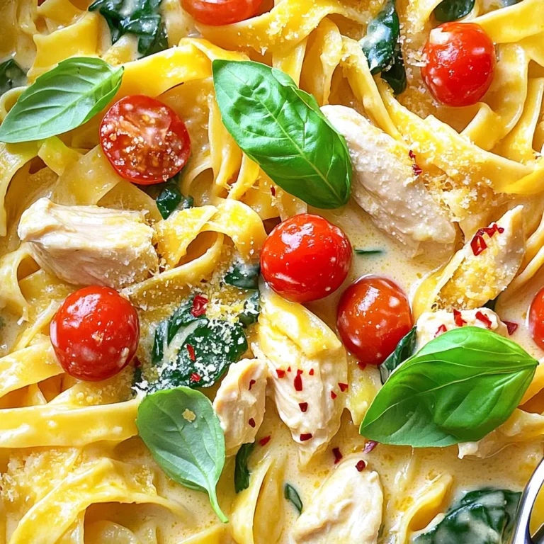 - 2 tablespoons olive oil - 1 pound boneless skinless chicken breasts, cut into bite-sized pieces - 4 cloves garlic, minced - 1 teaspoon Italian seasoning - 1/2 teaspoon red pepper flakes (optional, for heat) - 4 cups chicken broth - 12 ounces fettuccine or penne pasta - 1 cup cherry tomatoes, halved - 1 cup baby spinach - 1 cup heavy cream - 1/2 cup grated Parmesan cheese - Salt and pepper to taste - Fresh basil leaves for garnish Gather these ingredients before you start cooking. Olive oil helps cook the chicken and adds flavor. Chicken breasts are the main protein. Garlic gives a nice aroma and taste. Italian seasoning makes the dish special. Red pepper flakes are optional but add a nice kick. Chicken broth keeps everything moist and adds depth. Choose fettuccine or penne for a hearty pasta base. Cherry tomatoes bring sweetness, while spinach adds color and nutrition. Heavy cream creates that creamy texture we love. Parmesan cheese adds richness, and salt and pepper enhance all the flavors. Lastly, fresh basil brightens the dish and makes it pretty. With these ingredients ready, you’re set for a delicious meal. - Select the sauté mode on your Instant Pot. - Heat 2 tablespoons of olive oil until it shimmers. - Add 1 pound of chicken pieces to the pot. - Season with salt, pepper, 1 teaspoon Italian seasoning, and optional red pepper flakes. - Sauté for 5-7 minutes, stirring often, until the chicken turns golden brown. - Add 4 cloves of minced garlic and cook for 1 minute until fragrant. - Pour in 4 cups of chicken broth. Scrape the bottom to lift any bits. - Add 12 ounces of dry pasta and 1 cup of halved cherry tomatoes into the broth. - Secure the Instant Pot lid tightly. - Set it to Manual mode and cook on high pressure for 5 minutes. - Once cooking is done, perform a quick release by turning the steam valve. - Open the lid carefully and stir in 1 cup of baby spinach and 1 cup of heavy cream. - Add 1/2 cup of grated Parmesan cheese and mix until melted. - Taste and adjust seasoning with more salt and pepper if needed. - If the sauce is too thick, add more chicken broth to reach your desired consistency. - Serve the creamy pasta on plates. - Garnish with fresh basil leaves for added flavor and a beautiful look. To make your dish shine, taste testing is key. Start by sampling your sauce before serving. Adjust the salt and pepper as needed. You may want more Italian seasoning for a stronger flavor. Preventing burning at the bottom is simple. When adding the broth, scrape the pot base. This lifts the tasty bits stuck to the bottom. It also prevents sticking and burning during cooking. Choosing the right pasta type matters. I recommend fettuccine or penne for this recipe. Both hold the creamy sauce well and cook nicely in the Instant Pot. To ensure even cooking, break long pasta in half if needed. This helps it fit nicely in the pot. Stir the pasta gently after adding it to the broth. This keeps it from clumping together. Cleaning your Instant Pot is quick. After cooking, let it cool down. Remove the inner pot and wash it with warm soapy water. A soft sponge works best. For pressure release, use the quick release method carefully. Always point the steam vent away from your face. This keeps you safe from hot steam. {{image_4}} You can switch the chicken for shrimp or tofu. Shrimp cooks fast and adds a nice flavor. Just sauté it for a few minutes until it turns pink. Tofu is a great choice for a plant-based meal. Make sure to press it to remove extra water. You can also use different cuts of chicken, like thighs. They stay juicy and add a rich taste. Feel free to add other veggies to your pasta. Bell peppers and zucchini add color and crunch. Chop them up and toss them in when you add the garlic. You can also swap spinach for kale. Kale adds a hearty texture and is very nutritious. Just make sure to chop it well so it cooks down nicely. If you need this dish to be gluten-free, you can use gluten-free pasta. It cooks the same way, so no need to change the steps. For a dairy-free version, try using cashew cream. Blend soaked cashews with water until smooth. This gives a creamy texture without dairy. You can still enjoy all the flavors! To store your Instant Pot creamy Tuscan chicken pasta, let it cool first. Place it in an airtight container. This helps keep it fresh. Store it in the fridge for up to three days. Use glass or plastic containers with tight lids. These work best to prevent spills and keep flavors locked in. You can freeze this dish for later meals. After it cools, portion the pasta into freezer-safe bags. Squeeze out as much air as possible before sealing. This helps avoid freezer burn. When you're ready to eat, thaw it in the fridge overnight. Reheat on the stove or in the microwave until hot. If the sauce seems thick, add a splash of chicken broth to loosen it. In the fridge, your pasta stays fresh for three days. If you freeze it, it can last up to three months. Watch for signs it’s gone bad. If you see mold or it smells sour, throw it away. Fresh pasta should look and smell great, so trust your senses! Cooking this dish takes about 30 minutes. Here’s how it breaks down: - Prep time: 10 minutes - Cook time: 5 minutes under pressure - Sautéing time: 5-7 minutes for chicken and garlic These times make it perfect for a busy weeknight dinner. Yes, you can use whole wheat pasta. However, it may change the cooking time and texture. Whole wheat pasta cooks a bit faster, so check it after 4 minutes under pressure. It will have a nuttier flavor and firmer bite. Absolutely! You can adjust the spice levels to make it more suitable for kids. If your kids don’t like heat, skip the red pepper flakes. You can also add more cheese, which kids usually love! Yes, you can meal prep this dish. Cook it and let it cool completely. Store it in the fridge for up to three days. When you're ready to eat, reheat it on the stove or in the microwave. If it seems thick, add a splash of chicken broth to loosen it up. In this post, I covered the key ingredients and steps for making Instant Pot Creamy Tuscan Chicken Pasta. You learned essential components like chicken, garlic, and cream. I offered tips to perfect flavor and shared fun variations. Good cooking starts with good practices, so remember to taste as you go. Enjoy experimenting with your dish! Embrace changes that fit your taste. With a few simple steps, you can create a meal that impresses. You now have the tools to make this dish great every time. Happy cooking!
