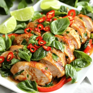 - 1 lb boneless chicken thighs - Fresh Thai basil leaves - Garlic and bird's eye chilies Spicy Thai basil chicken starts with boneless chicken thighs. They stay juicy as they cook. Thai basil adds a unique flavor that sets this dish apart. Garlic gives a strong aroma. Bird's eye chilies bring the heat. You can adjust the amount based on your spice level. - Soy sauce and oyster sauce - Fish sauce and granulated sugar - Vegetable oil Next, we need the sauces. Soy sauce adds saltiness. Oyster sauce gives a rich taste. Fish sauce brings umami depth. Granulated sugar balances the salt. Vegetable oil helps to cook the chicken and veggies evenly. - Fresh lime wedges - Additional Thai basil leaves After cooking, lime wedges add a zesty kick. You can also use more Thai basil for garnish. These add color and fresh flavor to your meal. Enjoy this flavor-packed dish with rice or noodles for a complete dinner. - Heat 2 tablespoons of vegetable oil in a large wok. Wait until the oil shimmers. This shows it's hot enough. - Finely mince 4 cloves of garlic. Thinly slice 2-3 bird's eye chilies. Adjust the amount based on how spicy you want it. - Raise the heat to high. Add 1 pound of thinly sliced chicken thighs to the hot wok. Stir-fry for 5-7 minutes. You want the chicken to turn golden and cook all the way through. - Next, introduce 1 julienned red bell pepper. Stir continuously for 2-3 minutes. This keeps the bell pepper crunchy but tender. - In a small bowl, whisk together 2 tablespoons of soy sauce, 1 tablespoon of oyster sauce, 1 tablespoon of fish sauce, and 1 teaspoon of granulated sugar. Make sure it's mixed well. - Pour this sauce over the chicken and vegetables in the wok. Stir thoroughly to coat everything in flavor. - Toss in 2 cups of fresh Thai basil leaves. Stir-fry for an extra minute. This helps the basil wilt and release its amazing aroma. - Serve hot. Add fresh lime wedges for guests to squeeze over their meal. This adds a zesty kick that enhances the dish. Preheating the wok is key. It helps to sear the chicken well and locks in flavor. Heat the vegetable oil until it shimmers before adding ingredients. This ensures a quick cook and keeps the chicken juicy. Managing cooking heat is crucial. Start on medium-high to get a nice sizzle. Once you add the chicken, turn the heat to high. This helps the chicken brown and cook evenly. To control spice levels, start with fewer bird's eye chilies. You can always add more if you want it spicier. This way, you avoid overwhelming the dish with heat. If you can't find bird's eye chilies, use jalapeños or serrano peppers. They add heat but have a milder flavor. Adjust according to what you enjoy. To enhance umami, add more sauces. A dash of soy sauce or fish sauce can deepen the flavor. Experiment with the amounts to find your perfect balance. Using fresh herbs, like Thai basil, will boost the dish's flavor. Add them at the end to keep their bright taste. Fresh herbs make every bite better. {{image_4}} You can easily make a vegetarian version of this dish. Simply swap the oyster sauce for mushroom sauce. This change gives you a deep, rich flavor without meat. For those watching sodium intake, you can use low-sodium soy sauce. This keeps the taste without all the salt. Want to mix things up? You can add other vegetables like broccoli or carrots. These veggies not only add color but also extra nutrition. If you're in the mood for a protein change, try tofu or beef instead of chicken. Both options work well with the sauce and spices. Pair your spicy Thai basil chicken with different types of rice. Jasmine rice is a classic choice, but brown rice adds a nutty flavor. You can also serve it with noodles for a fun twist. Rice noodles or even whole grain pasta can make great bases for this dish. To store your spicy Thai basil chicken, first let it cool. Once cool, place it in an airtight container. This helps keep the dish fresh and tasty. I like to use glass containers. They are easy to clean and do not stain. You can refrigerate the leftovers for up to three days. When it's time to eat your leftovers, heat them gently. I recommend using a skillet over medium heat. This keeps the chicken moist and the veggies crisp. You can also microwave it. Just cover it loosely to avoid drying out. Stir halfway through to heat evenly. If you have more leftovers, you can freeze them. Place the chicken in a freezer-safe bag or container. Remove as much air as possible to prevent freezer burn. You can freeze it for up to three months. To defrost, move it to the fridge a night before you want to eat. Reheat it thoroughly before serving. Enjoy the flavors just like the first time! Spicy Thai Basil Chicken is a popular Thai dish. It features tender chicken, fresh basil, and spicy chilies. This dish has roots in Thai street food. The key flavors come from garlic, soy sauce, and fish sauce. The Thai basil adds a unique and aromatic taste. Together, these ingredients create a bold, savory flavor profile. You’ll love how the heat from the chilies mixes with the sweetness of the chicken. Yes, you can prep this dish in advance. Slice the chicken and store it in the fridge. You can also chop the garlic and chilies ahead of time. Keep the vegetables separate to maintain their crunch. The sauce can be made earlier too. Just mix the soy sauce, oyster sauce, and fish sauce and store it in a jar. When ready to cook, it will take just minutes to finish the dish. To adjust spice levels, start with fewer chilies. You can add one bird's eye chili for a mild heat. For medium spice, use two chilies. If you want a fiery kick, go for three or more. You can also remove the seeds from the chilies to lessen the heat. For a non-spicy version, skip the chilies and add bell peppers for sweetness. Spicy Thai Basil Chicken pairs well with jasmine rice. The rice soaks up the tasty sauce. You can also serve it with rice noodles for a fun twist. For drinks, iced tea or coconut water complement the dish nicely. Adding a side of fresh veggies or a salad can balance the meal. Enjoying this dish with lime wedges adds a zesty finish. This guide covers all you need for Spicy Thai Basil Chicken. You learned about the main ingredients, sauces, and optional garnishes. The step-by-step instructions make cooking simple. Tips help adjust spice levels and enhance flavor. You can experiment with variations or store leftovers easily. Enjoy making this dish! It’s flavorful and fun to share. Keep exploring new ideas in your kitchen to make every meal special. Simple steps lead to great tastes you will love.