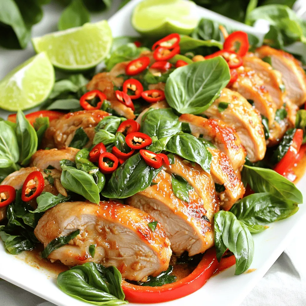 - 1 lb boneless chicken thighs - Fresh Thai basil leaves - Garlic and bird's eye chilies Spicy Thai basil chicken starts with boneless chicken thighs. They stay juicy as they cook. Thai basil adds a unique flavor that sets this dish apart. Garlic gives a strong aroma. Bird's eye chilies bring the heat. You can adjust the amount based on your spice level. - Soy sauce and oyster sauce - Fish sauce and granulated sugar - Vegetable oil Next, we need the sauces. Soy sauce adds saltiness. Oyster sauce gives a rich taste. Fish sauce brings umami depth. Granulated sugar balances the salt. Vegetable oil helps to cook the chicken and veggies evenly. - Fresh lime wedges - Additional Thai basil leaves After cooking, lime wedges add a zesty kick. You can also use more Thai basil for garnish. These add color and fresh flavor to your meal. Enjoy this flavor-packed dish with rice or noodles for a complete dinner. - Heat 2 tablespoons of vegetable oil in a large wok. Wait until the oil shimmers. This shows it's hot enough. - Finely mince 4 cloves of garlic. Thinly slice 2-3 bird's eye chilies. Adjust the amount based on how spicy you want it. - Raise the heat to high. Add 1 pound of thinly sliced chicken thighs to the hot wok. Stir-fry for 5-7 minutes. You want the chicken to turn golden and cook all the way through. - Next, introduce 1 julienned red bell pepper. Stir continuously for 2-3 minutes. This keeps the bell pepper crunchy but tender. - In a small bowl, whisk together 2 tablespoons of soy sauce, 1 tablespoon of oyster sauce, 1 tablespoon of fish sauce, and 1 teaspoon of granulated sugar. Make sure it's mixed well. - Pour this sauce over the chicken and vegetables in the wok. Stir thoroughly to coat everything in flavor. - Toss in 2 cups of fresh Thai basil leaves. Stir-fry for an extra minute. This helps the basil wilt and release its amazing aroma. - Serve hot. Add fresh lime wedges for guests to squeeze over their meal. This adds a zesty kick that enhances the dish. Preheating the wok is key. It helps to sear the chicken well and locks in flavor. Heat the vegetable oil until it shimmers before adding ingredients. This ensures a quick cook and keeps the chicken juicy. Managing cooking heat is crucial. Start on medium-high to get a nice sizzle. Once you add the chicken, turn the heat to high. This helps the chicken brown and cook evenly. To control spice levels, start with fewer bird's eye chilies. You can always add more if you want it spicier. This way, you avoid overwhelming the dish with heat. If you can't find bird's eye chilies, use jalapeños or serrano peppers. They add heat but have a milder flavor. Adjust according to what you enjoy. To enhance umami, add more sauces. A dash of soy sauce or fish sauce can deepen the flavor. Experiment with the amounts to find your perfect balance. Using fresh herbs, like Thai basil, will boost the dish's flavor. Add them at the end to keep their bright taste. Fresh herbs make every bite better. {{image_4}} You can easily make a vegetarian version of this dish. Simply swap the oyster sauce for mushroom sauce. This change gives you a deep, rich flavor without meat. For those watching sodium intake, you can use low-sodium soy sauce. This keeps the taste without all the salt. Want to mix things up? You can add other vegetables like broccoli or carrots. These veggies not only add color but also extra nutrition. If you're in the mood for a protein change, try tofu or beef instead of chicken. Both options work well with the sauce and spices. Pair your spicy Thai basil chicken with different types of rice. Jasmine rice is a classic choice, but brown rice adds a nutty flavor. You can also serve it with noodles for a fun twist. Rice noodles or even whole grain pasta can make great bases for this dish. To store your spicy Thai basil chicken, first let it cool. Once cool, place it in an airtight container. This helps keep the dish fresh and tasty. I like to use glass containers. They are easy to clean and do not stain. You can refrigerate the leftovers for up to three days. When it's time to eat your leftovers, heat them gently. I recommend using a skillet over medium heat. This keeps the chicken moist and the veggies crisp. You can also microwave it. Just cover it loosely to avoid drying out. Stir halfway through to heat evenly. If you have more leftovers, you can freeze them. Place the chicken in a freezer-safe bag or container. Remove as much air as possible to prevent freezer burn. You can freeze it for up to three months. To defrost, move it to the fridge a night before you want to eat. Reheat it thoroughly before serving. Enjoy the flavors just like the first time! Spicy Thai Basil Chicken is a popular Thai dish. It features tender chicken, fresh basil, and spicy chilies. This dish has roots in Thai street food. The key flavors come from garlic, soy sauce, and fish sauce. The Thai basil adds a unique and aromatic taste. Together, these ingredients create a bold, savory flavor profile. You’ll love how the heat from the chilies mixes with the sweetness of the chicken. Yes, you can prep this dish in advance. Slice the chicken and store it in the fridge. You can also chop the garlic and chilies ahead of time. Keep the vegetables separate to maintain their crunch. The sauce can be made earlier too. Just mix the soy sauce, oyster sauce, and fish sauce and store it in a jar. When ready to cook, it will take just minutes to finish the dish. To adjust spice levels, start with fewer chilies. You can add one bird's eye chili for a mild heat. For medium spice, use two chilies. If you want a fiery kick, go for three or more. You can also remove the seeds from the chilies to lessen the heat. For a non-spicy version, skip the chilies and add bell peppers for sweetness. Spicy Thai Basil Chicken pairs well with jasmine rice. The rice soaks up the tasty sauce. You can also serve it with rice noodles for a fun twist. For drinks, iced tea or coconut water complement the dish nicely. Adding a side of fresh veggies or a salad can balance the meal. Enjoying this dish with lime wedges adds a zesty finish. This guide covers all you need for Spicy Thai Basil Chicken. You learned about the main ingredients, sauces, and optional garnishes. The step-by-step instructions make cooking simple. Tips help adjust spice levels and enhance flavor. You can experiment with variations or store leftovers easily. Enjoy making this dish! It’s flavorful and fun to share. Keep exploring new ideas in your kitchen to make every meal special. Simple steps lead to great tastes you will love.
