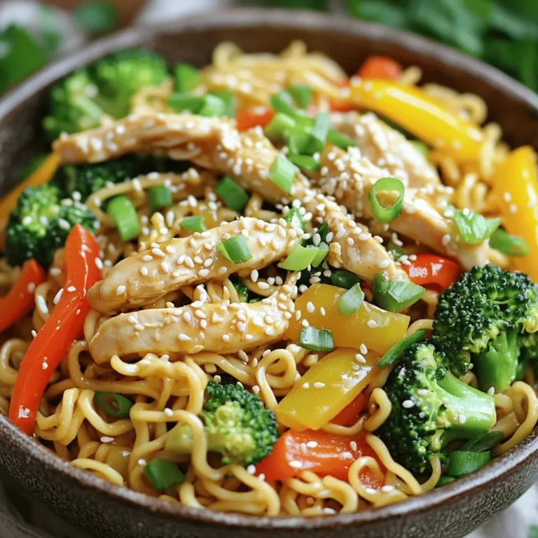 - 300g egg noodles - 450g chicken breast, thinly sliced - 4 cloves of garlic, finely minced - 2 tablespoons soy sauce - 1 tablespoon chili paste (adjust according to desired spiciness) - 1 tablespoon sesame oil - 1 bell pepper, thinly sliced (choose red or yellow for added color) - 1 cup broccoli florets - 2 green onions, finely chopped - Salt and pepper, to taste - Sesame seeds, for garnish - 300 grams = 10.58 ounces - 450 grams = 15.87 ounces - 1 tablespoon = 15 milliliters - 1 cup = 240 milliliters For the best taste, I recommend using: - Soy Sauce: Kikkoman or Tamari for gluten-free options - Chili Paste: Sriracha for a milder kick or Sambal Oelek for more heat - Sesame Oil: Kadoya for its rich flavor - Egg Noodles: Any brand that uses real eggs for a richer taste These ingredients will help you create a dish that is not only quick but packed with flavor. Enjoy the process of cooking, and feel free to explore different brands to find the flavors you love most! First, cook 300g of egg noodles. Follow the package instructions for best results. Once they are ready, drain them in a colander. Make sure to set them aside. This keeps them from sticking together. Next, take 450g of chicken breast. Slice it thinly. This helps the chicken cook faster. In a large skillet or wok, heat 1 tablespoon of sesame oil over medium-high heat. Once it shimmers, add 4 cloves of finely minced garlic. Sauté for about 30 seconds. Keep stirring to avoid burning. Then, add the sliced chicken. Season it with salt and pepper. Cook for about 5-7 minutes until golden brown. Once the chicken is cooked, add 1 thinly sliced bell pepper and 1 cup of broccoli florets to the skillet. Stir-fry them for 3-4 minutes. You want the veggies tender but still crunchy. This adds color and nutrition to your meal. In a small bowl, mix 2 tablespoons of soy sauce with 1 tablespoon of chili paste. Pour this sauce over the chicken and veggies in the skillet. Make sure everything is nicely coated. Then, toss in the cooked noodles. Mix well until they are covered in the spicy garlic sauce. Remove the skillet from heat. Gently fold in 2 finely chopped green onions. Taste your dish and adjust the seasoning if needed. You can add more soy sauce or chili paste for extra flavor. Serve hot, garnished with sesame seeds and extra green onions for a fresh touch. Enjoy your Spicy Garlic Chicken Noodles! Use fresh garlic for the best taste. When you chop garlic, do it finely. This helps release more flavor. Keep an eye on it while cooking. Garlic cooks fast and can burn easily. If it burns, it turns bitter. Aim for a golden brown color. This gives your dish a rich taste. Spice is all about balance. Start with one tablespoon of chili paste. Taste your dish before adding more. If you want it hotter, add more paste slowly. You can also use less chili paste for a milder dish. If you love spice, try adding red pepper flakes. They add heat and flavor. Cook chicken over medium-high heat. This keeps it juicy. Stir it often to cook evenly. For vegetables, stir-fry them quickly. This keeps them crunchy. Add them after the chicken is mostly cooked. This way, they stay bright and crisp. Don’t overcook them; you want the color and texture to shine. {{image_4}} You can easily make Spicy Garlic Chicken Noodles vegetarian. Start by swapping the chicken for tofu. Use firm tofu for the best texture. Press the tofu to remove excess water, then cut it into small cubes. Sauté the tofu until golden brown. You can also use tempeh or seitan for added protein. For the sauce, you can keep the soy sauce and chili paste. This keeps the flavors bold and delicious. You have many options if you want to change the protein. Shrimp works great in this dish. Just add peeled shrimp to the skillet after cooking the garlic. They cook quickly, about 3-4 minutes, until they turn pink. You can also use chicken thighs for more flavor and tenderness. If you prefer a different taste, try adding sliced beef or pork. Just adjust the cooking time to make sure they are fully cooked. Feel free to switch up the vegetables in your noodles. Carrots, snap peas, or zucchini can add nice colors and textures. You can also try adding baby corn or mushrooms for extra flavor. For a different taste, add a splash of lime juice or rice vinegar. Fresh herbs like cilantro or basil can give your meal a fresh kick. The key is to keep it colorful and vibrant while balancing the flavors. To store your tasty Spicy Garlic Chicken Noodles, first let them cool. Once cool, transfer them to an airtight container. Keep the dish in the fridge. It will stay fresh for up to three days. Make sure to label the container with the date. This way, you’ll know when to use it. When you want to enjoy the leftovers, reheating is easy. You can use a microwave or a skillet. If using a microwave, place your noodles in a bowl. Add a splash of water to prevent drying out. Heat for one to two minutes, stirring halfway. If you prefer a skillet, heat a little oil over medium heat. Add the noodles and cook until warm, stirring often. This keeps the noodles tasty and fresh. If you want to freeze the dish, it’s simple. Place cooled noodles in a freezer-safe container. You can also use freezer bags. Remove as much air as possible to prevent freezer burn. The noodles can last up to three months in the freezer. When you’re ready to eat, thaw them in the fridge overnight. You can reheat them as described above. This way, you can enjoy your spicy meal anytime! I recommend using egg noodles. They cook quickly and soak up flavors well. You can also try rice noodles if you prefer a lighter option. Both types create a great base for the spicy garlic sauce. Yes, you can make this dish ahead of time. Cook the chicken and veggies, then store them in the fridge. When you are ready to eat, just reheat them and add the noodles. This saves time for busy days. You can serve this dish with a simple cucumber salad. It adds a nice crunch and freshness. Another great option is steamed dumplings. They complement the spicy flavors well and make a filling meal. To make this dish gluten-free, switch the egg noodles for rice noodles or gluten-free pasta. Be sure to check the soy sauce label. Choose a gluten-free version to keep the dish safe for those with allergies. We covered the key ingredients and how to measure them. You now have step-by-step instructions to create your dish. Tips and tricks help you perfect flavors and textures. Variations let you customize the meal, while storage info ensures leftovers stay fresh. In the end, cooking can be fun and easy. Don’t be afraid to experiment. Enjoy your meal and share it with friends!