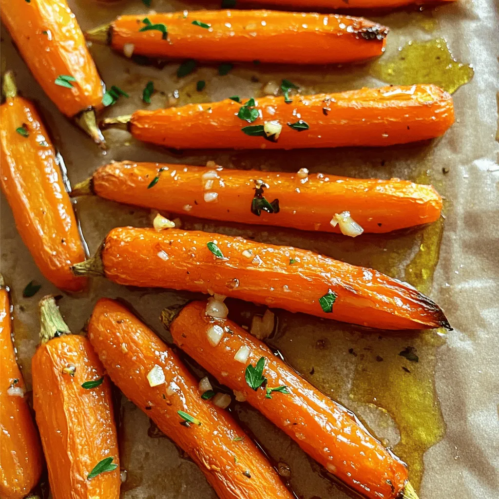 - 1 lb baby carrots - 3 tablespoons honey - 2 tablespoons olive oil - 4 garlic cloves, finely minced - 1 teaspoon fresh thyme leaves (or ½ teaspoon dried thyme) - Salt and freshly ground black pepper, to taste - 1 tablespoon balsamic vinegar (optional) - Fresh parsley, chopped (optional) To make honey garlic roasted carrots, you need a few simple items. First, gather 1 pound of baby carrots. If you can't find baby carrots, regular carrots are fine. Just cut them into sticks that are the same size. Next, grab some honey. You will need three tablespoons for sweetness. Olive oil is next, and you will need two tablespoons. It helps the carrots roast nicely. Now, for flavor, you need four cloves of garlic. Mince them finely for the best taste. Then, you need thyme. One teaspoon of fresh thyme works great, but dried thyme is fine too. Use half a teaspoon if you go that route. Don't forget about salt and pepper. Use them to taste. If you want a touch of tang, add a tablespoon of balsamic vinegar. Lastly, you can chop some fresh parsley for garnish if you like. With these ingredients, you can create a warm, sweet, and savory dish. Each ingredient plays a role in making the carrots taste amazing. Enjoy gathering these items before you start cooking! First, set your oven to 400°F (200°C). This temperature helps caramelize the carrots well. Next, line a baking sheet with parchment paper. This step makes cleanup easy and keeps the carrots from sticking. In a medium bowl, mix together honey, olive oil, minced garlic, thyme, salt, and pepper. Use a whisk to blend them well. If you want a tangy kick, add balsamic vinegar to this mix. The vinegar really brightens the flavor. Take your baby carrots and place them in the bowl with the honey garlic mixture. Gently toss the carrots to ensure they are all covered. This step is key for great flavor. Make sure there is space between each carrot on the baking sheet. This allows them to roast evenly. Roast the carrots in your preheated oven for 25-30 minutes. Halfway through cooking, stir the carrots. This helps them caramelize uniformly and become tender. You want them to have nice, browned edges when they are done. To make honey garlic roasted carrots great, balance honey and garlic. Use equal parts honey and garlic for a sweet and savory mix. You can adjust this based on your taste. If you like more sweetness, add more honey. If you want a stronger garlic flavor, increase the garlic. Thyme adds a nice touch. You can use fresh thyme or dried thyme. If you prefer a milder taste, use less thyme. Roasting time is key for perfect carrots. Cook them at 400°F for 25-30 minutes. Stir halfway through to help them brown evenly. Look for tender carrots with caramelized edges. They should be soft but not mushy. A fork should easily pierce them, showing they’re ready to serve. Garnish your dish with fresh parsley for a pop of color. Chopped parsley also adds freshness and flavor. When serving, place the carrots on a nice plate. Pair them with roasted chicken or fish for a complete meal. Enjoy the vibrant colors and flavors! {{image_4}} If you want a twist, try using maple syrup or agave nectar instead of honey. Both options bring a sweet taste but in their own way. Maple syrup adds a nice woodsy flavor, while agave nectar is lighter. You can use the same amount as honey. Just switch it out in your recipe, and you’ll have a new flavor profile. You can also mix in different herbs and spices. Rosemary or oregano works great with honey garlic flavors. Just chop them finely and add them to your honey-garlic mixture. If you like some heat, add red pepper flakes. Start with a pinch, then taste to see if you want more. It gives the dish a nice kick without overpowering the sweetness. You can use regular carrots cut into sticks if you can't find baby carrots. Just make sure to cut them evenly for the best cooking. Other veggies that pair well include parsnips and sweet potatoes. These veggies also soak up the honey and garlic flavors, making them just as tasty. You can mix and match for a colorful and flavorful dish. To store leftover roasted carrots, let them cool first. Place them in an airtight container. Store them in the fridge for up to three days. This keeps them fresh and tasty. Avoid adding the parsley until you serve them again. This helps keep the color bright. When reheating, use the oven for best results. Preheat your oven to 350°F (175°C). Spread the carrots on a baking sheet. Heat for about 10-15 minutes. This method keeps them crisp. Stir them halfway through to heat evenly. You can also use a microwave. Just heat in short bursts. Check often to avoid sogginess. You can freeze honey garlic roasted carrots. Start by letting them cool completely. Place them in a freezer-safe bag. Remove as much air as possible. They will last for up to three months in the freezer. To thaw, place them in the fridge overnight. Reheat them in the oven or microwave. This method helps keep their flavor and texture. You can pair these carrots with many main courses. Here are some great options: - Grilled chicken or steak - Baked salmon or fish - Quinoa or rice dishes - Vegetable stir-fries - Tofu or chickpea salads These carrots add a sweet touch to any meal. They work well with both meat and vegetarian dishes. Yes, you can easily make this dish vegan. Simply use maple syrup instead of honey. Maple syrup provides a sweet flavor without any animal products. You can also try agave nectar as another option. Both work great in this recipe. Roasted carrots can last about 3 to 5 days in the fridge. Store them in an airtight container. Check for any signs of spoilage, like a slimy texture or bad smell. If they look and smell good, they are still safe to eat. Yes, you can prep these carrots ahead of time. Cut and coat the carrots, then store them in the fridge for up to a day. When you are ready, just roast them as the recipe says. This saves time and makes meal prep easier. This blog post covered how to make tasty honey garlic roasted carrots. You learned about key ingredients and step-by-step instructions to roast them perfectly. We also shared tips for flavor, caramelization, and presentation. Plus, we explored recipe variations and storage methods. Roasting carrots can be simple yet delicious. You can adapt this recipe to suit your taste. Enjoy your cooking journey and impress others with your savory dish!