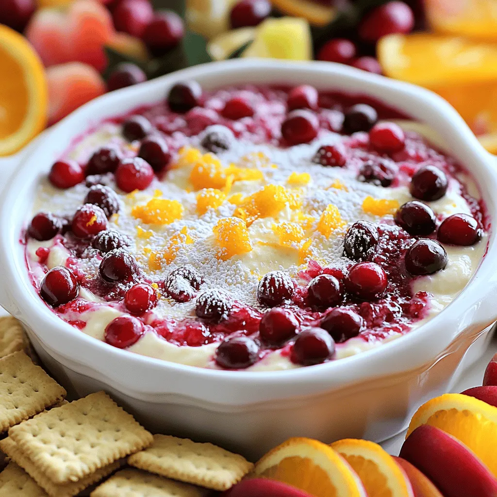 - 8 oz cream cheese, softened to room temperature - 1 cup powdered sugar, sifted - 1/4 cup plain Greek yogurt - 1 teaspoon pure vanilla extract - Zest of 1 large orange - 1 tablespoon freshly squeezed orange juice - 1/2 cup fresh cranberries, finely chopped (or 1/2 cup canned cranberry sauce) - Graham crackers - Assorted fresh fruit like apple, pear, or strawberries This dip comes together with just a few key ingredients. First, I use cream cheese to give it that rich, creamy texture. Powdered sugar adds sweetness without the graininess of granulated sugar. Greek yogurt lightens the dip and adds a slight tang that pairs well with the other flavors. For flavor enhancers, I love using pure vanilla extract. It gives depth to the dip. The zest and juice from an orange brighten the dish and make it taste fresh. You can use fresh cranberries for a tart bite or canned cranberry sauce for sweetness. When it comes to serving, I recommend using graham crackers. They offer a nice crunch. Fresh fruits like apples, pears, or strawberries add a juicy contrast to the creamy dip. This mix of flavors and textures makes every bite delightful and satisfying. 1. Start by taking your soft cream cheese and powdered sugar. 2. In a large mixing bowl, combine them well. 3. Use an electric mixer on medium speed. 4. Beat the mix for about 2-3 minutes until smooth. 5. Next, add the pure vanilla extract and Greek yogurt. 6. Mix again for another 1-2 minutes until fluffy. 1. Now it’s time to add some zest! 2. Blend in the zest of one large orange. 3. Add in one tablespoon of freshly squeezed orange juice. 4. Mix until the color is bright and even. 5. Gently fold in the finely chopped fresh cranberries. 6. If you prefer, you can use canned cranberry sauce instead. 7. Ensure the cranberries are evenly mixed in with a spatula. 1. Carefully transfer the dip to a nice serving bowl. 2. Use a spatula to smooth the top for a polished look. 3. Cover the bowl with plastic wrap or a lid. 4. Place it in the fridge for at least one hour. 5. This chilling helps the flavors come together perfectly. To make the dip creamy, use softened cream cheese. This helps it mix well with other ingredients. Cold cream cheese will not blend smoothly. Always take it out of the fridge ahead of time. When mixing, use an electric mixer. Start on low speed, then increase to medium. Beat the mixture for 2-3 minutes. This adds air and makes it fluffy. You can adjust the sweetness of the dip. Add more powdered sugar if you like it sweeter. Taste it as you go. You can also use less sugar if you prefer a tangy flavor. Try different fruits or flavorings. You can swap cranberries for raspberries or blueberries. Add spices like cinnamon for extra warmth. This lets you change the dip to fit your taste. Garnish your dip for a pretty look. Sprinkle some orange zest on top. Add a few whole cranberries for color. You can also use mint leaves for a fresh touch. For serving, pick a nice platter. Arrange graham crackers or fresh fruit around the dip. This makes it inviting and fun to eat. {{image_4}} You can easily modify the Cranberry Orange Cheesecake Dip to fit your needs. If you want a vegan option, swap cream cheese for a plant-based cream cheese. Use maple syrup instead of powdered sugar for sweetness. For a sugar-free version, consider using a sugar substitute like erythritol. These changes keep the dip creamy and tasty. Adding spices can elevate the flavor. A pinch of cinnamon or nutmeg gives warmth and depth. You can also mix in other fresh fruits. Raspberries or blueberries add a nice twist. They provide a burst of color and flavor. Experimenting with these options can make your dip unique! Seasonal ingredients can bring fun changes to the dip. For holiday-themed versions, add crushed gingerbread cookies on top. This adds a festive crunch and flavor. In summer, use fresh summer fruits, like peaches or strawberries. These fruits keep the dip light and refreshing. No matter the season, you can create a new favorite version! To keep your cranberry orange cheesecake dip fresh, store it in the fridge. Use an airtight container to prevent any odors from mixing. Glass containers work well since they do not stain and keep the dip fresh longer. If you use plastic, ensure it is food-grade and tightly sealed. This dip will stay fresh in the fridge for about 3 to 5 days. Always check for signs of spoilage before you enjoy it. If you notice any off smells or a change in texture, it’s best to throw it away. Fresh cranberries can spoil quickly, so watch for any signs of mold or discoloration. You can freeze cheesecake dip, but it may change in texture. If you plan to freeze it, do so right after making it. Use a freezer-safe container, leaving space at the top for expansion. To thaw, place it in the fridge overnight before serving. This allows it to regain some of its original creaminess. To make your dip creamy, start with softened cream cheese. Cold cream cheese will not mix well and may cause lumps. I recommend letting it sit out for about 30 minutes before mixing. When you mix, use an electric mixer at medium speed. This helps blend ingredients evenly. Start with the cream cheese and powdered sugar. Beat for 2-3 minutes until smooth. Then add the Greek yogurt and vanilla. Mix for another 1-2 minutes. Yes, you can make this dip ahead of time. I suggest chilling it for at least 1 hour. This allows the flavors to blend together nicely. For best results, cover the dip tightly with plastic wrap or a lid. This keeps it fresh in the fridge. You can prepare it a day in advance. Just remember to let it chill before serving. The best dippers for this dip are graham crackers and fresh fruit. Sliced apples, pears, or strawberries work great. You can set up a fun dipping platter. For a twist, try using pretzels for a salty-sweet combo. You can even use vanilla wafers for a tasty change. Get creative with your serving ideas! The blog post covered making a delicious Cranberry Orange Cheesecake Dip. You learned about the key ingredients, like cream cheese and Greek yogurt, that create a creamy base. We explored enhancing flavors with vanilla and fresh fruit. Tips for perfect consistency and serving ideas added extra value. You can even customize the recipe with variations. In the end, this dip is easy and fun for all occasions, whether a party or a quiet night in. Enjoy making it your own!
