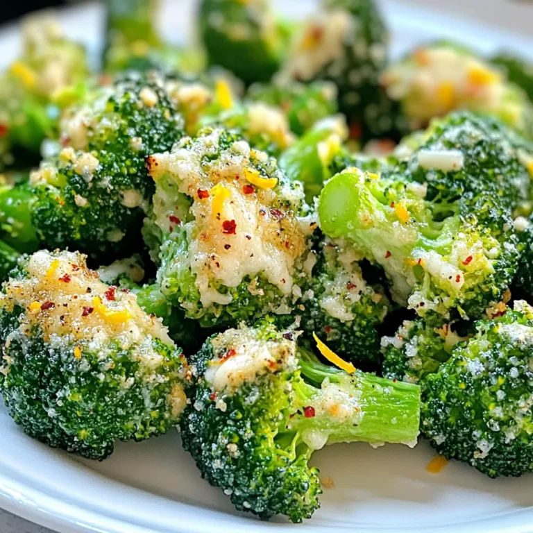 - 2 cups fresh broccoli florets - 3 tablespoons olive oil - 4 cloves garlic, finely minced - 1/2 cup freshly grated Parmesan cheese - 1/2 teaspoon red pepper flakes (optional for heat) - 1/2 teaspoon sea salt - 1/4 teaspoon freshly ground black pepper - 1/4 teaspoon smoked paprika - Zest of 1 lemon To make these tasty Garlic Parmesan Broccoli Bites, you need fresh broccoli florets. They give a nice crunch and bright color. You also need olive oil, which helps everything stick together and adds flavor. Minced garlic adds a strong, savory taste to the bites. The grated Parmesan cheese gives a rich, cheesy finish. If you like heat, add red pepper flakes. Sea salt and black pepper bring out all the flavors. Smoked paprika adds a warm touch, while lemon zest brightens the dish. These ingredients come together to create a delicious snack or side dish that is sure to impress. Start by rinsing the fresh broccoli florets under cold water. This helps to remove dirt and any pesticides. After washing, use a paper towel to gently pat them dry. Drying is key for getting that nice crispy texture in the air fryer. In a large mixing bowl, combine 3 tablespoons of olive oil, 4 finely minced garlic cloves, 1/2 teaspoon of red pepper flakes (if you want some heat), 1/2 teaspoon of sea salt, 1/4 teaspoon of black pepper, 1/4 teaspoon of smoked paprika, and the zest of 1 lemon. Mix well until everything blends together. This oil mixture gives the broccoli great flavor. Now, take the dried broccoli florets and add them to the bowl with the oil mixture. Toss them gently but thoroughly. Make sure each floret gets well-coated in the oil. This step boosts the flavor and helps the broccoli crisp up when cooked. Preheat your air fryer to 375°F (190°C) for about 5 minutes. This ensures even cooking right from the start. Once preheated, arrange the coated broccoli bites in a single layer in the air fryer basket. Leave some space between them to let hot air circulate. Cook for about 10 to 12 minutes, shaking the basket halfway through. The broccoli is done when it becomes tender with crispy edges. After cooking, carefully remove the broccoli from the air fryer. While it's still hot, sprinkle 1/2 cup of freshly grated Parmesan cheese over the broccoli. Gently toss to help the cheese stick to the florets. Now, your Garlic Parmesan Broccoli Bites are ready to serve! Enjoy them warm as a tasty snack or a side dish. Drying the broccoli is very important. When you rinse fresh broccoli florets, water can stay on the surface. This extra moisture makes it hard to get that golden-brown crispiness. After washing, use a paper towel to pat the florets dry. I always make sure they are as dry as possible before moving to the next step. This simple act helps the broccoli to crisp up nicely in the air fryer. To boost the flavor, you can try adding different spices. For a kick, red pepper flakes add heat. You might also like to mix in some garlic powder for more garlic flavor. If you want a tangy touch, try adding a splash of balsamic vinegar. You can also experiment with fresh herbs, like thyme or rosemary, to give a fresh taste. If you want to make a larger serving, cook the broccoli in batches. Air fryers work best when they aren’t crowded. Spread the florets in a single layer. If you stack them, they won’t cook evenly. Cooking in smaller amounts ensures that every piece gets that perfect crunch. You can keep cooked batches warm in the oven while you finish the rest. {{image_4}} You can switch things up with different cheeses. Cheddar adds a sharp taste. Nutritional yeast gives a nutty flavor and is great for vegans. You might also try feta or mozzarella for a creamy twist. Each cheese brings its own unique flavor to the bites. If you want a vegan option, skip the Parmesan. Use nutritional yeast instead. It gives a cheesy taste without any dairy. You can also try vegan cheese shreds. They melt well and add flavor to your broccoli bites. This way, everyone can enjoy them! Feel free to mix in other veggies. Cauliflower or bell peppers work well with broccoli. You can also add cooked chicken or shrimp for extra protein. Just remember to chop everything into similar sizes. This helps them cook evenly and stay crispy. To keep your Air Fryer Garlic Parmesan Broccoli Bites fresh, store them in an airtight container. Place the container in the fridge. They will stay good for about 3 to 4 days. Make sure the broccoli bites cool down before sealing the container. This helps prevent extra moisture, which can make the bites soggy. When you are ready to eat the leftovers, reheat them in the air fryer. Set the air fryer to 350°F (175°C) for about 5 minutes. This method helps keep the broccoli crispy. You can also use the oven at the same temperature. Just place the bites on a baking sheet and heat them for about 10 minutes. Avoid using the microwave since it can make them soft. If you want to freeze the broccoli bites, first let them cool completely. Then, place them in a single layer on a baking sheet. Freeze them for about an hour. After that, transfer the frozen bites to a freezer-safe bag. They can be frozen for up to 3 months. To use them, thaw in the fridge overnight and reheat as mentioned above. This way, you can enjoy your tasty bites later! To cook broccoli in the air fryer, it takes about 10 to 12 minutes. Start by preheating your air fryer to 375°F (190°C) for 5 minutes. Place the broccoli in a single layer in the basket. Shake the basket halfway through cooking to ensure even crispiness. The broccoli is done when it's tender and has crispy edges. Yes, you can use frozen broccoli. However, you need to make some changes. First, thaw the frozen broccoli and pat it dry. This helps remove excess water. Use the same oil mixture as the fresh broccoli. But reduce the cooking time by a few minutes, checking for doneness around the 8-minute mark. These tasty bites pair well with many dishes. Serve them as a side with grilled chicken or fish. They also go great with pasta or rice. For a fun snack, enjoy them with your favorite dip. You can even add them to a salad for extra flavor and crunch! This article covered how to make crispy Garlic Parmesan Broccoli Bites. You learned about the fresh ingredients, step-by-step instructions, and helpful tips. You also explored variations, storage info, and FAQs. Cooking broccoli this way is easy and tasty. You can customize it to your liking. Enjoy making this dish and impress your friends with your cooking skills!