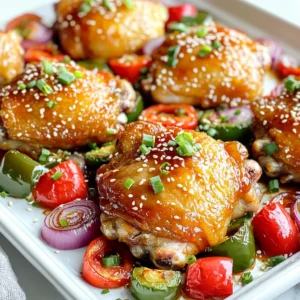 To make Sheet-Pan Sweet Chili Glazed Chicken Thighs, you will need some simple yet tasty ingredients. Here’s what you need: - Chicken Thighs: 4 bone-in, skin-on chicken thighs bring flavor and juiciness. - Sweet Chili Sauce: 1/4 cup adds a sweet and spicy kick. - Soy Sauce: 2 tablespoons enhance the savory taste. - Sesame Oil: 1 tablespoon gives a nutty flavor. - Garlic and Ginger: 2 cloves of minced garlic and 1 inch of grated ginger add depth. - Bell Peppers and Onion: 1 red and 1 green bell pepper, plus 1 medium red onion, provide color and crunch. - Olive Oil, Salt, and Pepper: Use 2 tablespoons of olive oil, along with salt and pepper, to season the veggies. - Garnishes: Chopped green onions and sesame seeds for a fresh finish. These ingredients come together to create a delicious meal that is easy to make. Each item plays a key role in building flavor, making this dish a real winner. First, set your oven to 425°F (220°C). Line a large baking sheet with parchment paper. This makes cleanup easy. Gather your ingredients: chicken thighs, sweet chili sauce, soy sauce, sesame oil, garlic, ginger, bell peppers, onion, olive oil, salt, and pepper. In a bowl, mix the sweet chili sauce, soy sauce, sesame oil, minced garlic, and grated ginger. Whisk until smooth. Place the chicken thighs on the baking sheet, skin side up. Sprinkle salt and pepper on each thigh. Brush the sweet chili mix over the chicken. Reserve some sauce for later. Take a separate bowl and add the sliced red and green bell peppers and quartered red onion. Drizzle with olive oil, then add salt and pepper. Toss the veggies until they are evenly coated. Spread them around the chicken on the baking sheet. Put the baking sheet in the oven. Bake for 25 to 30 minutes. You want the chicken thighs to reach 165°F (75°C). They should have a shiny glaze. In the last 5 minutes of baking, brush the chicken with the reserved sweet chili sauce. This adds a rich, extra-glossy finish. When done, take the baking sheet out. Let the chicken rest for a few minutes. Arrange the chicken on a bed of roasted veggies. Add chopped green onions and sesame seeds for garnish. Enjoy your delicious meal! To make your glaze shine, use fresh ingredients. Fresh garlic and ginger add depth. Mix the sweet chili sauce with soy sauce and sesame oil. This combo balances sweet and savory. Brush the glaze on the chicken twice. The first coating builds flavor, while the second adds a glossy finish. Bone-in, skin-on chicken thighs work best for this recipe. The skin crisps up nicely in the oven. The bone also keeps the meat juicy. Look for thighs that are plump and have a bright color. Avoid any that appear pale or dry. To ensure even cooking, space the chicken thighs apart on the pan. This allows hot air to circulate around each piece. Use a meat thermometer to check for doneness. Aim for 165°F (75°C) for safe and juicy chicken. This way, you avoid undercooking or overcooking. For a beautiful presentation, arrange chicken thighs in the center of the plate. Scatter the roasted vegetables around them. Add a sprinkle of green onions and sesame seeds on top. This adds color and texture. Use a large serving platter for a friendly, inviting display. {{image_4}} You can switch up the sweet chili sauce. Try teriyaki sauce for a savory twist. Hoisin sauce adds a bold flavor that pairs well with chicken. For a tangy kick, use a honey mustard mix. Each sauce brings a unique taste, making your dish exciting. Feel free to swap the bell peppers and onion. Broccoli or green beans work great too. Carrots add a nice crunch and sweet flavor. You can even toss in zucchini for a fresh taste. Mixing veggies keeps the dish vibrant and colorful. Want more heat? Add some red pepper flakes to the sauce. You can also mix in sriracha for a spicy kick. If you prefer milder options, use less sauce or add honey. Adjusting the heat level makes this dish perfect for everyone. To keep your sweet chili glazed chicken thighs fresh, store them in an airtight container. Let the chicken cool first. This helps avoid steam, which can make the chicken soggy. You can keep it in the fridge for up to three days. If you want to store it longer, freeze the chicken. Wrap it tightly in plastic wrap and then in aluminum foil. This way, it can last up to three months in the freezer. When you're ready to enjoy your leftovers, reheat them in the oven. Preheat the oven to 350°F (175°C). Place the chicken on a baking sheet and cover it with foil. Heat for about 15-20 minutes. This method keeps the chicken moist and crispy. You can also use a microwave, but this method may make the skin less crunchy. Heat it in short bursts, checking to avoid overheating. Meal prep makes weeknight dinners easy. Cook the chicken and veggies on a Sunday. Store them in separate containers. You can add fresh garnishes later. This keeps the dish fresh. When you’re ready to eat, just reheat and enjoy your meal. Consider adding rice or quinoa as a side for a complete meal. Yes, you can use boneless chicken thighs. They will cook faster than bone-in thighs. Adjust the cooking time to about 20-25 minutes. Check for a temperature of 165°F (75°C) to ensure they are safe to eat. To know if chicken thighs are cooked, use a meat thermometer. Insert it into the thickest part of the thigh. It should read at least 165°F (75°C). The meat should also be tender and juices should run clear. Yes, you can prepare the chicken and vegetables ahead of time. Marinate the chicken and cut the veggies. Store them in the fridge for up to 24 hours. When ready, bake them as directed. You can serve this dish with rice or quinoa. Add a fresh salad or steamed broccoli for balance. The sweet chili flavors pair well with light sides. Yes, this dish is kid-friendly. The sweet chili sauce adds a tasty flavor that kids love. You can adjust the spice level by using less soy sauce or chili sauce if needed. This blog post covered how to make delicious sweet chili glazed chicken thighs. We explored key ingredients, detailed steps for cooking, and tips for perfecting your dish. I shared variations, storage tips, and answered common questions. Incorporating these ideas will help you create a fantastic meal at home. Don’t be afraid to experiment with flavors and enjoy the process. Happy cooking!