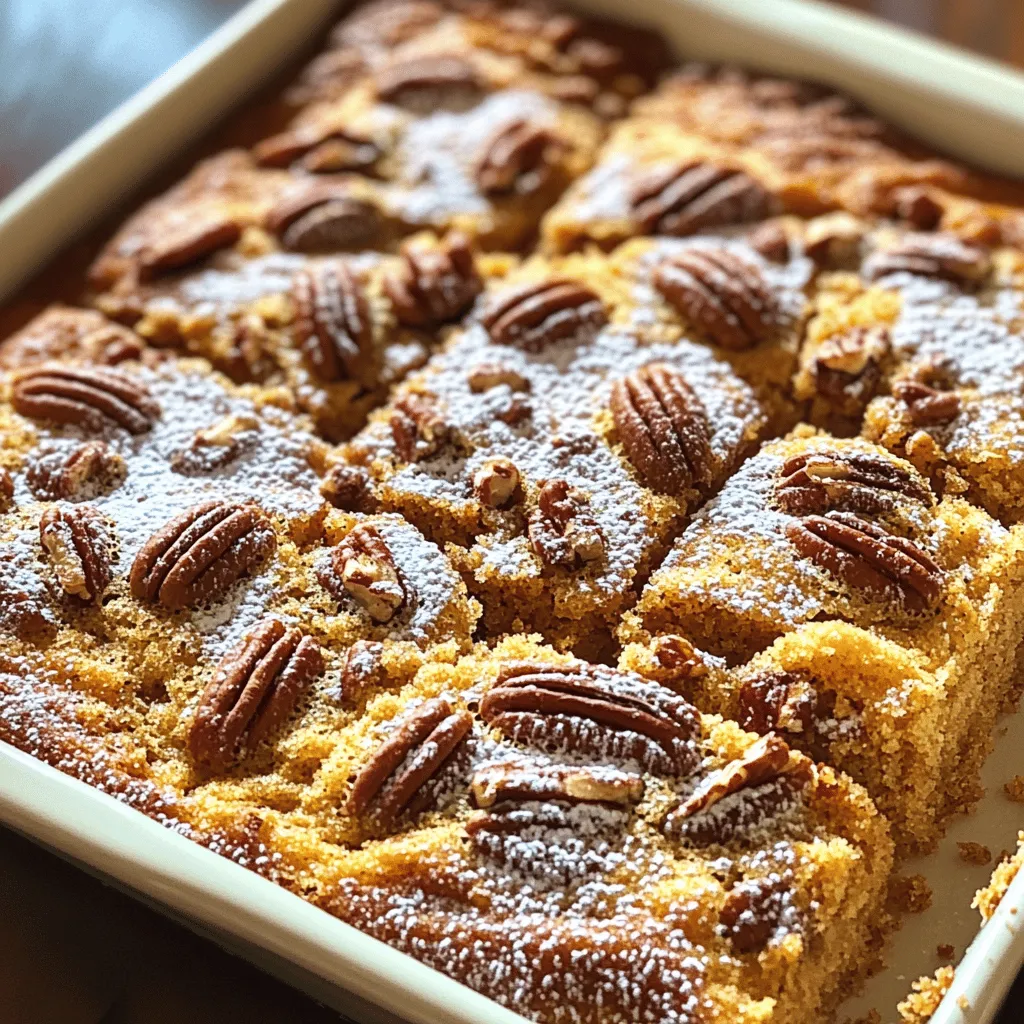 - 2 cups all-purpose flour - 1 cup granulated sugar - 1/2 cup unsalted butter, softened to room temperature These three ingredients form the base of our coffee cake. All-purpose flour gives structure. Granulated sugar adds sweetness. Unsalted butter brings moisture and richness. - 1 teaspoon ground cinnamon - 1 teaspoon pure vanilla extract - 1 cup pecans, coarsely chopped Ground cinnamon adds warmth and spice. Pure vanilla extract brings a lovely aroma and depth. Chopped pecans add crunch and a nutty flavor. Together, they make the cake delightful. - 1/2 cup brown sugar, packed - 1 tablespoon ground cinnamon - Powdered sugar, for dusting after baking Brown sugar adds a caramel-like sweetness. Ground cinnamon enhances the flavor. A dusting of powdered sugar gives a charming finish. It makes the cake look and taste special. First, set your oven to 350°F (175°C). This is the perfect temperature for baking. While the oven heats, take a 9x13 inch baking dish and grease it well. Use butter or cooking spray to coat the bottom and sides. This helps the cake come out easily. In a large mixing bowl, add 1/2 cup of softened butter and 1 cup of granulated sugar. Use an electric mixer on medium speed. Mix for about 3-5 minutes until it's light and fluffy. Next, add 3 large eggs, one by one. Mix after each egg. Then, stir in 1 teaspoon of pure vanilla extract until it's well combined. In another bowl, whisk together 2 cups of all-purpose flour, 2 teaspoons of baking powder, 1 teaspoon of ground cinnamon, and 1/2 teaspoon of salt. Make sure this mixture is well mixed. Now, you will add this dry mix to your wet mix. Do this slowly, alternating with 1 cup of buttermilk. Start and end with the flour mix. Mix until just combined to keep it light. Now, let’s layer the cake. Pour half of the batter into the greased dish. Use a spatula to spread it out evenly. Next, sprinkle half of the pecan topping over this layer. The topping has 1 cup of chopped pecans, 1/2 cup of brown sugar, and 1 tablespoon of ground cinnamon mixed together. Carefully spoon the rest of the batter on top. Spread it out gently to cover the topping. Finish by adding the rest of the pecan topping evenly over this layer. This will give you a nice crunchy top. Now, you're ready to bake! Place the dish in the oven for 30-35 minutes. Check if it’s done by inserting a toothpick into the center. If it comes out clean, it’s ready! To ensure perfect texture, follow a few simple steps. First, use room-temperature ingredients. This helps the batter mix well and rise nicely. When you cream the butter and sugar, aim for a light and fluffy mix. This step adds air, which is key for a soft cake. Next, check for doneness by inserting a toothpick into the center of the cake. If it comes out clean, your cake is ready. If not, give it a few more minutes. Keep an eye on the edges too. They should turn golden brown. Pair your coffee cake with a warm cup of coffee or tea. The rich flavors of the cake and the warm drink complement each other perfectly. When serving, think about presentation. Place slices on rustic plates. You can add a sprinkle of chopped pecans or a dollop of whipped cream. This makes each slice look fancy and inviting. One common mistake is overmixing the batter. This can make the cake dense and tough. Mix until just combined for a light cake. Another mistake is not setting the right oven temperature. Always preheat your oven to 350°F (175°C). If your oven runs hot or cold, it may affect baking time. An oven thermometer can help you know the true temperature for better results. {{image_4}} If you want to change the nuts, walnuts or almonds work well. Both add a nice crunch and flavor. Walnuts have a rich, earthy taste, while almonds offer a sweet hint. If you need a nut-free cake, skip the nuts entirely. You can still enjoy great flavor and texture. Consider adding seeds, like sunflower or pumpkin seeds, for a fun twist. To make your coffee cake even more special, try adding chocolate chips. They melt and create pockets of rich chocolate. You can also experiment with different spices. Cardamom or nutmeg can add warmth and depth to your cake. Just remember to keep the flavor balance in mind. A little goes a long way! If you have dietary needs, there are great options. For a gluten-free cake, swap the all-purpose flour for a gluten-free blend. Make sure it has xanthan gum to help with texture. For a vegan version, replace eggs with flax eggs. Mix one tablespoon of ground flaxseed with three tablespoons of water for each egg. Use a plant-based butter instead of regular butter. These swaps keep the cake delicious and enjoyable for everyone! After baking your coffee cake, let it cool in the pan for about 10 minutes. This helps it set and makes slicing easier. Once cooled, you should store it properly. Wrap the cake in plastic wrap or foil. This keeps it fresh and moist. Place it in an airtight container if you have one. Store it at room temperature for up to three days. If you want to keep it longer, the fridge is a good option too. You can freeze the coffee cake for a tasty treat later. First, let it cool completely. Wrap the cake tightly in plastic wrap. Then, wrap it again in aluminum foil. This double wrapping helps prevent freezer burn. You can freeze it for up to three months. When you are ready to eat it, just take it out of the freezer. To thaw the coffee cake, leave it in the fridge overnight. This keeps it soft and tasty. If you’re in a hurry, you can thaw it at room temperature for a few hours. Just remember not to rush this step. Slow thawing is best for keeping the cake moist. When you want to enjoy your coffee cake warm, reheating is easy. Preheat your oven to 350°F (175°C). Place the cake in the oven for about 10-15 minutes. This warms it without drying it out. You can also use the microwave. Heat it for 15-20 seconds. Check often to avoid overheating. Enjoy your cozy treat with a warm beverage! To check if your coffee cake is done, look for a few signs. First, the edges should be golden brown. Next, insert a toothpick into the center. If it comes out clean, your cake is ready. You can also gently press on the top. If it springs back, that means it's baked well. Yes, you can make this coffee cake ahead of time. To do this, bake it as the recipe says. Once it cools, wrap it tightly in plastic wrap. Store it in the fridge for up to three days. You can also freeze it for longer storage. Just remember to let it thaw before serving. If you don't have buttermilk, you have options. You can make your own by mixing milk and vinegar. Use one cup of milk and add one tablespoon of vinegar. Let it sit for five minutes. This will mimic buttermilk's sour taste. Another option is to use plain yogurt, mixed with a little water until smooth. In this blog post, we explored how to make a delicious coffee cake. We covered essential ingredients, mixing methods, and baking tips. I shared common mistakes to avoid and offered variations to suit your taste. Remember to store leftovers properly for freshness. Enjoy this treat with coffee or tea. Try different flavors to keep it exciting. Baking is fun and rewarding. Now, go ahead and create your own perfect coffee cake!