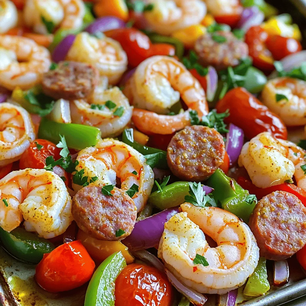 - 1 pound large shrimp, peeled and deveined - 1 pound turkey sausage, sliced into half-inch rounds - 1 red bell pepper, chopped - 1 green bell pepper, chopped - 1 medium red onion, chopped - 2 cups cherry tomatoes, halved - 3 tablespoons extra-virgin olive oil - 2 tablespoons Cajun seasoning - 1 teaspoon garlic powder - Salt and freshly cracked black pepper, to taste - Fresh parsley, finely chopped for garnish Alternative ingredients You can swap turkey sausage for chicken sausage or a plant-based option. Try using shrimp with tails on for a nice look. Gluten-free options All the ingredients here are gluten-free. Always check the labels of your sausage and seasoning to be sure. Adjusting spice levels If you prefer less heat, use less Cajun seasoning. For more spice, add cayenne pepper or hot sauce. 1. Preheat your oven to 400°F (200°C). This hot temperature helps cook the shrimp and sausage well. 2. Line a large sheet pan with parchment paper. This makes cleanup easy. 3. In a big mixing bowl, add 1 pound of shrimp, 1 pound of turkey sausage, 1 red bell pepper, 1 green bell pepper, 1 medium red onion, and 2 cups of cherry tomatoes. 4. Drizzle 3 tablespoons of extra-virgin olive oil over the mix. 5. Add 2 tablespoons of Cajun seasoning, 1 teaspoon of garlic powder, salt, and pepper to taste. 6. Toss all items together. Make sure everything gets covered with oil and spices. 1. Spread the mixture evenly on the sheet pan. Lay it in a single layer for even cooking. 2. Place the pan in the oven and roast for about 15-20 minutes. The shrimp should turn opaque when done. 3. Stir the mixture halfway through cooking. This step ensures even roasting and flavor. 1. After taking the pan out of the oven, let it rest for a few minutes. 2. Garnish with fresh parsley. This adds color and brightness. 3. You can serve directly from the pan. It makes for a great family-style meal. 4. Pair it with crusty bread for a delightful meal experience. To get great shrimp, cook them until they turn opaque. This means they are done. It usually takes about 15 to 20 minutes in the oven. The shrimp should not feel soft or mushy. If they do, they are overcooked. Cook the turkey sausage until it is warm throughout. This will happen at the same time as the shrimp. Stir the mixture halfway through cooking for even heat. This helps both the shrimp and sausage cook well. Adjusting seasonings is key to making this dish your own. If you like it spicy, add more Cajun seasoning. For a milder taste, use less. Taste the mixture before cooking. This way, you can add more salt or pepper if needed. Using parchment paper is a smart choice. It keeps the food from sticking to the pan. It also makes cleanup much easier. You won’t have to scrub the pan hard after cooking. Just toss the paper when you are done. For a quick cleanup, gather all your tools before cooking. Keep a trash bowl nearby for scraps. This saves you time when you finish cooking. Prep your ingredients ahead of time. Chop the veggies and slice the sausage before you start. This makes everything flow smoothly when you cook. You will enjoy the cooking process more when you are prepared. {{image_4}} You can easily change this dish's flavor with simple swaps. Try using different types of sausage, like chicken or pork. Each type gives a new taste and texture. You can also add seasonal vegetables. For fall, use butternut squash. In spring, go for asparagus or snap peas. These veggies keep the dish fresh and interesting. If you want more heat, add different spices. Consider smoked paprika or cayenne pepper. You can also mix in a bit of hot sauce for a kick. Just remember to adjust the seasoning to your taste. These swaps let you customize the dish to fit your cravings. You don't have to stick to the sheet pan method. Grilling is a fun way to cook this dish. It gives your shrimp and sausage a smoky flavor. Just toss the seasoned ingredients on a grill. Cook until the shrimp are opaque and the sausage is heated through. A skillet version works well too. Heat a bit of olive oil in a large skillet. Add shrimp and sausage, then cook over medium heat. Stir often until everything is cooked. This method is quicker and still delicious. For a slow cooker adaptation, combine all ingredients in the slow cooker. Cook on low for 4-6 hours. This method allows the flavors to meld beautifully. You get a tender, flavorful meal without much effort. Each method keeps the meal tasty and fun! To keep your tasty sheet pan Cajun shrimp and turkey sausage fresh, follow these tips: - Refrigeration: Place leftover shrimp and sausage in an airtight container. Make sure to cool it to room temperature first. It can stay in the fridge for up to three days. - Freezing: For longer storage, you can freeze the dish. Use freezer-safe bags or containers. Remove as much air as possible. It can last for up to three months in the freezer. When it’s time to enjoy your leftovers, here are the best ways to reheat: - Oven: Preheat your oven to 350°F (175°C). Spread the shrimp and sausage on a baking sheet. Heat for about 10-15 minutes. This helps keep them juicy. - Microwave: Use a microwave-safe dish. Cover it loosely to avoid splatters. Heat for 1-2 minutes, checking every 30 seconds. To avoid rubbery shrimp, do not overheat. Shrimp cooks quickly, so keep an eye on it. Enjoy your meal! How long to cook shrimp on a sheet pan? You should cook shrimp for about 15 to 20 minutes. The shrimp will turn opaque when done. This shows they are cooked through and safe to eat. Can I use frozen shrimp for this recipe? Yes, you can use frozen shrimp. Just thaw them first before cooking. This keeps the shrimp tender and flavorful. What side dishes pair well with Cajun shrimp and sausage? Great sides are rice or crusty bread. You can also serve a fresh salad. These add nice contrast to the dish. How to adjust cooking time for larger shrimp? If you use larger shrimp, add a few extra minutes. Check them at around 20 minutes to see if they’re done. Larger shrimp may need up to 25 minutes. Is this recipe suitable for meal prep? Yes, it’s perfect for meal prep. You can store leftovers in the fridge for up to three days. Reheat them for a quick, tasty meal. This blog post covered a tasty Cajun shrimp and turkey sausage recipe. You learned about the key ingredients, cooking steps, and helpful tips. It’s easy to adapt, so you can add your own twist. Remember to manage your cooking times and don’t skip the seasoning adjustments. Proper storage and reheating methods keep your meal fresh. Now, you can impress friends and family with this tasty dish. Enjoy the cooking process and have fun exploring flavor variations!