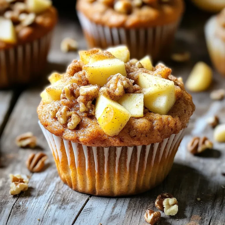 - 2 cups all-purpose flour - 1 cup granulated sugar - 1 tablespoon baking powder - 1 teaspoon ground cinnamon - ½ teaspoon salt - ½ cup unsalted butter, melted - 1 large egg - 1 cup milk - 2 cups apples, peeled and diced (preferably Granny Smith or Honeycrisp) - ½ cup chopped walnuts (optional) - ½ cup all-purpose flour - ⅓ cup brown sugar - 1 teaspoon ground cinnamon - ¼ cup unsalted butter, cold and cubed To make apple cinnamon streusel muffins, I focus on the ingredients first. The dry ingredients create the base. I use all-purpose flour for structure. Sugar adds sweetness that balances the spice. Baking powder helps the muffins rise. Ground cinnamon gives a warm flavor. Salt enhances all the tastes. For the wet ingredients, melted butter adds richness. The egg binds everything together. Milk gives moisture and softness. I choose apples like Granny Smith for their tartness. Walnuts, if used, add crunch and flavor. The streusel topping is a must. It adds a sweet, crumbly finish. I mix flour, brown sugar, and cinnamon. Cold butter makes the topping crumbly. This topping takes the muffins to the next level. Each ingredient plays a key role. Together, they create a delicious morning treat. You can taste the care in every bite. 1. Preheat the oven to 350°F (175°C). This step is key to getting nice muffins. 2. Grease a standard muffin tin with cooking spray or use paper liners. This helps with easy muffin removal. 3. In a large bowl, mix 2 cups of all-purpose flour, 1 cup of granulated sugar, 1 tablespoon of baking powder, 1 teaspoon of ground cinnamon, and ½ teaspoon of salt. Whisk them well. This ensures all dry parts blend smoothly. 4. In another bowl, whisk together ½ cup of melted unsalted butter, 1 large egg, and 1 cup of milk. This mixture should be smooth and creamy. 5. Pour the wet mixture into the dry ingredients. Stir gently with a spatula until just combined. Be careful not to overmix. This keeps your muffins light and fluffy. 6. Fold in 2 cups of peeled and diced apples and the optional ½ cup of chopped walnuts. Make sure they are evenly mixed in the batter. 7. For the streusel topping, mix ½ cup of flour, ⅓ cup of brown sugar, and 1 teaspoon of ground cinnamon in a bowl. Add ¼ cup of cold, cubed butter. Use your fingers or a fork to mix until it looks like coarse crumbs. 8. Fill each muffin cup about ¾ full with the batter. Then, sprinkle the streusel topping generously over each muffin. This adds a crunchy layer on top. 9. Place the muffin tin in the oven and bake for 18-22 minutes. Check with a toothpick; it should come out clean when the muffins are done. 10. Let the muffins cool in the tin for about 5 minutes. Then, transfer them to a wire rack to cool completely. This helps keep the muffins from getting soggy. To get the best texture, avoid overmixing the batter. Mix until just combined. This keeps the muffins light and fluffy. Also, let your melted butter cool before mixing. Hot butter can cook the egg and change the texture. These muffins taste best warm or at room temperature. Serve them fresh for the best flavor. If you want to impress, dust them lightly with powdered sugar. This adds a nice touch and makes them look great. Pair these muffins with a warm cup of coffee or tea. The flavors blend well together. For snacks, consider yogurt or fresh fruit. They balance the sweetness of the muffins nicely. {{image_4}} You can switch up the apples in this recipe. Try using Fuji or Gala apples for a sweeter bite. If you want a tangy twist, use Granny Smith apples. You can also add dried fruits like raisins or cranberries. These add a chewy texture and a burst of flavor. For a healthier muffin, consider using whole wheat flour or almond flour. These options increase fiber and nutrients. You can also reduce sugar or swap it for natural sweeteners like honey or maple syrup. This will still give you a sweet muffin without all the extra calories. Want to enhance the flavor? Add a teaspoon of vanilla extract or a pinch of nutmeg. These ingredients deepen the taste and make your muffins even more delightful. You can also fold in chocolate chips or shredded coconut for a fun twist. These add-ins can bring a new dimension to your muffins and excite your taste buds. To store your muffins in the fridge, place them in an airtight container. Make sure they cool completely before sealing. This helps keep them fresh. You can store them for about 3 to 5 days. Enjoy them cold or warm them up for a tasty snack. If you want to save your muffins for later, freezing is a great option. Wrap each muffin in plastic wrap, then place them in a freezer bag. They can last for up to 3 months. To thaw, take one out and let it sit at room temperature. For a warm treat, reheat it in the oven or microwave for a few seconds. To keep your muffins fresh, use airtight containers. This prevents moisture from getting in. Also, store them in a cool, dark place. Avoid direct sunlight and heat, which can cause them to spoil faster. Following these simple steps ensures your muffins stay delicious for longer! Yes, you can make these muffins ahead of time. If you want to prepare them early, you can mix the batter and store it in the fridge for up to 24 hours. This keeps the muffins fresh. You can also bake them and store them in an airtight container. They last for about three days at room temperature. For longer storage, freeze the muffins. They stay good in the freezer for up to three months. To check if the muffins are done, insert a toothpick into the center of one. If it comes out clean or with a few crumbs, they are ready. If the toothpick has wet batter on it, bake them a little longer. Timing may vary, but generally, they bake for 18-22 minutes at 350°F (175°C). Always keep an eye on them as they bake. Muffins rise well due to a few key ingredients. Baking powder is crucial. It creates bubbles that help the muffins rise. Also, a good balance of wet and dry ingredients is important. Overmixing can make muffins tough, so mix gently. Letting the batter rest for a few minutes can also help with rising. Yes, you can use different types of flour. All-purpose flour is common, but whole wheat flour works too. It gives a nuttier taste. Almond flour can also be used, but it may change the texture. If you swap flour types, you might need to adjust the liquid in the recipe. Always test with small batches to find what you like best. To make gluten-free muffins, you can use a gluten-free flour blend. Many blends work well in baking. Look for one that includes xanthan gum, as it helps with texture. You can also make your own blend with almond flour and coconut flour. Adjust the liquid in the recipe to get the right batter consistency. In this blog post, we covered the essential ingredients for Apple Cinnamon Streusel Muffins, from dry to wet components. We also provided clear steps for mixing, adding toppings, baking, and cooling. Tips for perfect texture and serving suggestions ensure you enjoy these muffins fully. Remember, you can adapt this recipe with different fruits and healthier alternatives. Whether you enjoy them warm or store them for later, these muffins bring joy to any occasion. Now, it's time for you to bake and savor these delicious treats!