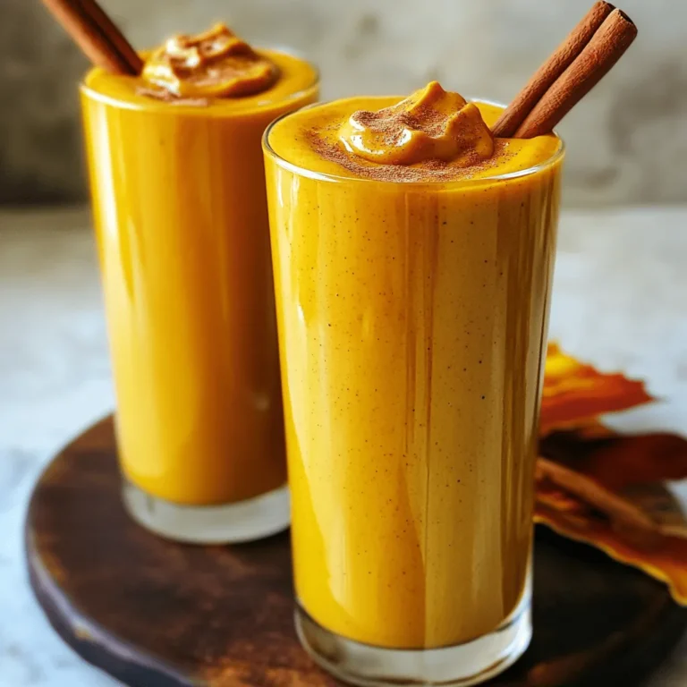 - 1 cup pumpkin puree - 2 tablespoons creamy or crunchy peanut butter - 1 ripe banana, preferably frozen for creaminess - 1 cup almond milk (or your milk of choice) - 1 tablespoon honey (or maple syrup for vegan) - 1/2 teaspoon ground cinnamon - 1/4 teaspoon ground nutmeg - A pinch of salt - 1/2 cup ice (optional) - Pumpkin puree is rich in vitamins A and C. It supports your vision and boosts your immune system. - Peanut butter offers protein and healthy fats. It keeps you full and gives energy. - Banana adds potassium and fiber. It helps with digestion and muscle function. - Almond milk is low in calories and good for your heart. It is often fortified with vitamins. - Honey has natural sugars and antioxidants. It can soothe your throat and provide energy. - Ground cinnamon may help lower blood sugar levels. It can add a warm taste to your smoothie. - Ground nutmeg has anti-inflammatory properties. It can also help with sleep and relaxation. - Salt enhances all the flavors in the smoothie. Just a pinch makes a big difference. - Ice makes your drink cold and thick, perfect for a hot day. - If you do not have pumpkin puree, use sweet potato or butternut squash. - For peanut butter, almond or cashew butter work well too. - If you need a nut-free option, try sunflower seed butter. - Instead of almond milk, use oat milk or regular cow's milk. - To replace honey, agave nectar or maple syrup can be good choices. - Ground ginger can replace cinnamon for a spicy kick. - Nutmeg is optional; you can skip it if you prefer less spice. This blend of ingredients is not only tasty but also makes your smoothie healthy and nourishing! Making a peanut butter pumpkin smoothie is quick and easy. Gather your ingredients first. You will need pumpkin puree, peanut butter, a banana, almond milk, honey, spices, and ice. This recipe takes only five minutes. You can make two servings, so it's great for sharing. 1. Start with the base: Put the pumpkin puree and frozen banana in your blender. This will create a creamy texture. 2. Add peanut butter: Add two tablespoons of creamy or crunchy peanut butter. This gives flavor and richness. 3. Pour in almond milk: Add one cup of almond milk. You can use any milk you prefer. 4. Drizzle in sweetener: If you like it sweet, add one tablespoon of honey or maple syrup. 5. Spice it up: Sprinkle in half a teaspoon of ground cinnamon, a quarter teaspoon of nutmeg, and a pinch of salt. These spices make it tasty. 6. Optional ice: If you want a colder smoothie, add half a cup of ice cubes. 7. Blend: Blend everything on high speed until smooth. Stop to scrape the sides if needed. 8. Taste for sweetness: After blending, taste your smoothie. Add more honey or maple syrup if you want it sweeter. 9. Serve: Pour the smoothie into tall glasses and enjoy! You can also chill it in the fridge for up to an hour. To get a smooth and creamy smoothie, use ripe bananas. Frozen bananas work best for a thick texture. If your blender struggles, add a bit more milk to help blend. Scraping down the sides will help mix everything evenly. Enjoy your smooth and tasty treat! To boost flavor, try adding a dash of vanilla extract. It adds warmth. You can also mix in a scoop of cocoa powder for a chocolate twist. If you enjoy a bit of zing, consider a small piece of fresh ginger. It pairs well with pumpkin. For more sweetness, use ripe bananas or extra honey. For a creamy smoothie, use frozen banana slices. They make the smoothie thicker. You can also add a bit more almond milk if it seems too thick. Blending on high speed helps break down all ingredients smoothly. If you want a colder drink, add ice. Blend until no chunks remain. One common mistake is not using enough liquid. This makes the smoothie too thick. Avoid over-blending, which can heat up the mix. It’s best to scrape down the sides of the blender. Taste before pouring. You may need to adjust sweetness or spices. Lastly, don’t skip the salt. It enhances all the flavors. {{image_4}} You can mix up your peanut butter pumpkin smoothie with different flavors. If you crave chocolate, add 1 tablespoon of cocoa powder. This will give your smoothie a rich and indulgent taste. For a vanilla twist, use vanilla almond milk instead of regular almond milk. You can also add 1 teaspoon of vanilla extract for a sweet touch. This smoothie is easy to make dairy-free and vegan. Use almond milk, coconut milk, or oat milk to keep it plant-based. Replace honey with maple syrup for sweetness. Both options will still taste great and maintain the creamy texture. You can enjoy this smoothie without any animal products. Want to make your smoothie even better? Consider adding a few extras! A tablespoon of chia seeds adds fiber and omega-3s. You can also try a scoop of protein powder for a filling treat. Spinach is another great add-in. It blends well and boosts vitamins without changing the taste. Don't forget about flaxseed for healthy fats and fiber! To store leftover peanut butter pumpkin smoothie, pour it into a clean glass jar. Seal it tightly with a lid. If you want to keep it fresh, fill the jar to the top. This limits air exposure. Air can cause the smoothie to brown and lose flavor. For the best taste, drink your smoothie right away. If you must store it, keep it in the fridge. Use it within one hour for the best flavor. To enjoy later, shake the jar before drinking. This helps mix the ingredients again, restoring its smooth texture. You can keep the smoothie in the fridge for up to 24 hours. After that, it may not taste as good. Always check for any changes in color or smell. If it seems off, it's best to discard it. Enjoy your smoothie fresh for the best nutrient boost! Yes, you can use frozen pumpkin puree. It works great in smoothies. Just thaw it before blending. This helps keep your smoothie cold and thick. Frozen pumpkin adds a nice texture too. The best way to sweeten is with honey or maple syrup. Start with one tablespoon and taste it. If you want it sweeter, add more. You can also use agave syrup as an option. This keeps it natural and tasty. Yes, you can use other nut butters. Almond butter or cashew butter are great swaps. Each nut butter adds a different taste. Experiment to find your favorite flavor combination. Just keep in mind the texture may change slightly. This smoothie is great for meal prep! You can blend it ahead and store it. Keep it in the fridge for up to an hour. For best results, drink it fresh. If you want to store it longer, freeze it in a jar. Just blend again when ready to enjoy. In this blog post, we explored the key ingredients for a tasty smoothie. Each ingredient offers important nutrients that support your health. You also learned about preparation steps, blending tips, and common mistakes to avoid, ensuring you make the best smoothie every time. Start experimenting with flavor variations and find what you love! Store your leftovers properly to keep them fresh. Smoothies are fun and simple, so enjoy your journey to tasty and healthy drinks!