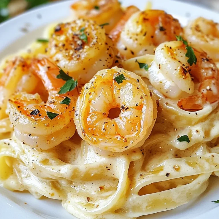 - 8 oz fettuccine pasta - 1 lb large shrimp, peeled and deveined - 2 tablespoons Cajun seasoning - 2 tablespoons olive oil - 3 cloves garlic, minced - 1 cup heavy cream - 1 cup freshly grated Parmesan cheese - 2 tablespoons unsalted butter - Salt and pepper to taste - 2 tablespoons fresh parsley for garnish To make Cajun shrimp Alfredo, you need some key ingredients. First, you will use 8 ounces of fettuccine pasta. This pasta is thick and holds sauce well. You will also need 1 pound of large shrimp. Make sure they are peeled and deveined for easy cooking. Next, add flavor with 2 tablespoons of Cajun seasoning. This spice mix gives the dish its signature kick. You will also need 2 tablespoons of olive oil to cook the shrimp. For a creamy sauce, gather 1 cup of heavy cream and 1 cup of freshly grated Parmesan cheese. These will create a rich, smooth texture. You will need 2 tablespoons of unsalted butter for sautéing garlic. Make sure to have salt and pepper on hand for seasoning. Lastly, 2 tablespoons of fresh parsley will add color and freshness to your dish. This simple list of ingredients will help you make a delicious Cajun shrimp Alfredo that everyone will love. {{ingredient_image_2}} To start, fill a large pot with water and add salt. Bring the water to a rolling boil. Once boiling, add 8 oz of fettuccine pasta. Cook it for 8-10 minutes or until it is al dente. This means it should be firm but not hard. When the pasta is done, drain it in a colander. Don’t forget to keep 1 cup of pasta water for later. This water helps to make the sauce creamy. Now, let’s work on the shrimp. In a medium bowl, take 1 lb of large shrimp that is peeled and deveined. Sprinkle 2 tablespoons of Cajun seasoning over the shrimp. Toss the shrimp so that they are fully coated with the spices. This adds a lot of flavor! Next, heat 2 tablespoons of olive oil in a large skillet over medium-high heat. Once the oil is hot, add the seasoned shrimp. Cook the shrimp for 2-3 minutes on each side. They should turn pink and opaque. Once cooked, take them out of the skillet and place them on a plate. Now, let’s make the Alfredo sauce. In the same skillet, lower the heat to medium. Add 2 tablespoons of unsalted butter. As the butter melts, add 3 cloves of minced garlic. Sauté the garlic for about 1 minute. Stir it often to avoid burning. When the garlic smells good, pour in 1 cup of heavy cream. Keep stirring as the cream heats. Let it simmer for 2-3 minutes. This helps the sauce thicken a bit. Next, whisk in 1 cup of freshly grated Parmesan cheese. Keep stirring until the cheese melts and the sauce is smooth. Now, it's time to combine everything. Add the cooked shrimp back into the skillet. Then, add the fettuccine. Toss all the ingredients together gently. If the sauce is too thick, add some of the reserved pasta water a little at a time. You want the pasta and shrimp to be fully coated in the creamy sauce. To get the best sauce, use the pasta water. This water has starch, which helps the sauce cling better to the pasta. Start with a little and add more as needed. If you want great flavor, pick a Cajun seasoning that suits your taste. Some are spicy, while others offer more herbs. Look for shrimp that is pink and opaque. This shows they are done. Cook them for only 2-3 minutes on each side. If you let them cook too long, they get tough. Timing is key for tender shrimp. When serving, use shallow bowls for a nice look. Twirl the pasta to make it eye-catching. Place a few whole shrimp on top for added flair. Finish with extra cheese and parsley. This adds color and makes the dish pop. Pro Tips Perfect Pasta: Always cook your pasta in generously salted water to enhance its flavor. It should taste like the sea! Fresh Shrimp: Use the freshest shrimp possible for the best flavor and texture. If using frozen shrimp, ensure they are fully thawed before cooking. Cheese Choice: Opt for freshly grated Parmesan cheese instead of pre-grated to achieve a creamier sauce that melts beautifully. Adjusting Spice: Taste the sauce before serving; if you prefer more heat, add a pinch of cayenne pepper or more Cajun seasoning to suit your palate. {{image_4}} You can make this dish work for your needs. For gluten-free options, use gluten-free fettuccine. Many brands offer great taste and texture. If you want a dairy-free dish, try coconut cream instead of heavy cream. You can also use nutritional yeast for a cheesy flavor without dairy. Adding vegetables can make your meal even better. Bell peppers add a nice crunch and sweetness. Spinach adds color and nutrients. You can sauté them in the same pan as the shrimp. For cheese lovers, try different cheeses like Gouda or smoked cheddar. They can give a unique twist to your sauce. You can control the spice level of your dish. If you like it mild, use less Cajun seasoning. You can also leave out any extra spices. For more heat, add cayenne pepper or red pepper flakes. Adjust it to your taste for a perfect spicy kick! To keep your Cajun shrimp Alfredo fresh, store leftovers in the fridge. Place the pasta and shrimp in an airtight container. This helps keep moisture in and flavors intact. Use the leftovers within 3 days for the best taste. When you reheat your dish, aim to keep it creamy. The best way is to use a skillet. Heat it on low. Add a splash of milk or reserved pasta water to keep the sauce smooth. Stir gently until warmed through. This method helps avoid overcooking the shrimp. If you want to freeze Cajun shrimp Alfredo, do so before adding the cream sauce. Cook the pasta and shrimp, then cool them down. Place them in a freezer-safe bag or container. To thaw, leave it in the fridge overnight. Reheat in a skillet, adding fresh cream to restore the sauce’s creaminess. Cajun Shrimp Alfredo pairs well with several sides. Here are some great options: - Garlic bread or breadsticks - A simple green salad with a light dressing - Steamed vegetables like broccoli or asparagus - Roasted potatoes or a creamy potato salad - Corn on the cob for a sweet crunch These sides enhance the meal and add more colors to your plate. Yes, you can prepare parts of this dish ahead of time. Here’s how: - Cook the fettuccine and store it in the fridge. - Season the shrimp and keep them in a sealed container. - Make the Alfredo sauce and store it separately. When you are ready to eat, just reheat the sauce and shrimp. Cook the pasta fresh for the best texture. Fettuccine is the classic choice for Alfredo. Its wide shape holds the creamy sauce well. However, you can try these alternatives: - Linguine for a similar texture - Penne for a fun bite-sized option - Gluten-free pasta for a diet-friendly choice - Whole wheat pasta for added fiber Each type of pasta will give you a unique taste and feel in your dish. This blog post detailed how to make Cajun Shrimp Alfredo, from ingredients to cooking tips. We covered the essential steps: cooking pasta, preparing shrimp, and making a creamy Alfredo sauce. You learned about ingredient variations, storage, and ideas for serving. In conclusion, this dish is tasty and adaptable. You can impress your family and friends with this easy recipe. Enjoy creating your perfect Cajun Shrimp Alfredo!