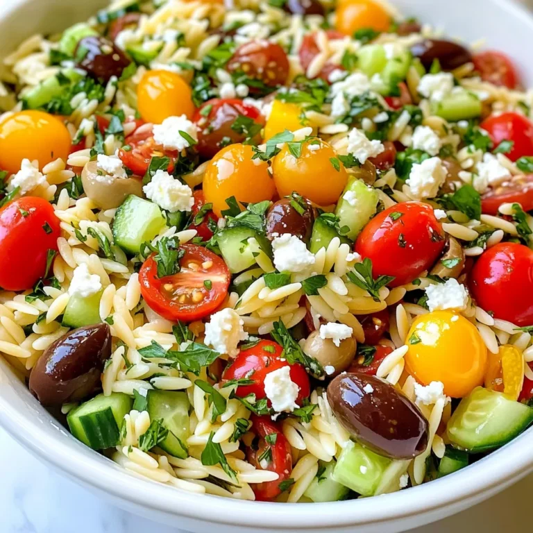 - 1 cup orzo pasta - 1 cup cherry tomatoes, halved - 1 medium cucumber, diced - 1 medium red bell pepper, chopped into bite-sized pieces - 1/2 small red onion, finely chopped - 1/2 cup Kalamata olives, pitted and sliced in half - 1 cup feta cheese, crumbled - 1/4 cup fresh parsley, chopped - 1/4 cup extra virgin olive oil - 2 tablespoons red wine vinegar or fresh lemon juice - 1 tablespoon dried oregano - Salt and pepper to taste The ingredients for Greek Orzo Salad with Feta bring a burst of flavor. Orzo pasta is the base. It cooks quickly and has a nice texture. The cherry tomatoes add sweetness. You can halve them easily. The cucumber provides a crisp bite. Dice it small for better mixing. The red bell pepper adds color and crunch. Chop it into small pieces. Red onion brings a sharp flavor. Finely chop it to blend well. Kalamata olives give a salty touch. Remove the pits and slice them in half. Feta cheese crumbles beautifully. It adds creaminess and tang. Fresh parsley brightens the dish with its green color. The dressing is simple. Extra virgin olive oil offers richness. Red wine vinegar or lemon juice gives a tangy kick. Dried oregano adds a hint of earthiness. Finally, salt and pepper enhance all the flavors. Together, these ingredients make a vibrant salad full of tastes and textures. {{ingredient_image_2}} 1. Bring a large pot of salted water to a boil. 2. Add 1 cup of orzo pasta to the boiling water. 3. Cook the orzo for 8 to 10 minutes. Stir occasionally to prevent sticking. 4. Once tender, drain the orzo in a colander. Rinse it under cold water to stop the cooking. 1. While the orzo cooks, prepare your vegetables. 2. Halve 1 cup of cherry tomatoes and set them aside. 3. Dice 1 medium cucumber into small cubes. 4. Chop 1 medium red bell pepper into bite-sized pieces. 5. Finely chop 1/2 small red onion. Arrange all veggies on a plate. 1. In a large mixing bowl, combine the drained orzo, halved cherry tomatoes, diced cucumber, chopped red bell pepper, and chopped onion. 2. Add 1/2 cup of Kalamata olives and 1 cup of crumbled feta cheese. 3. Toss in 1/4 cup of chopped parsley. Mix gently to combine everything. 1. In a small bowl, whisk together 1/4 cup of extra virgin olive oil, 2 tablespoons of red wine vinegar, and 1 tablespoon of dried oregano. 2. Add a pinch of salt and pepper to the dressing. 3. Drizzle the dressing over the salad mixture. Toss gently to coat the salad evenly. 4. Taste the salad and adjust seasoning as needed. 5. Let the salad sit for about 15 minutes to meld flavors. You can refrigerate it for up to 1 hour to enhance flavors. To get the best orzo, cook it for 8-10 minutes. You want it to be al dente, which means it should still have a slight bite. Overcooking orzo can make it mushy. Once cooked, rinsing the orzo is key. Rinse it under cool water to stop the cooking process. This makes sure the pasta stays firm and doesn’t stick together. When it comes to dressing, you can choose between lemon juice and vinegar. Lemon juice gives a bright, fresh taste. Red wine vinegar adds a deeper, tangy flavor. You can also mix in fresh herbs like dill or mint for extra flavor. These herbs will enhance the taste of your orzo salad and make it pop. For serving, use a large, shallow bowl. This makes your salad look inviting. To add color, sprinkle more crumbled feta on top. A bit of freshly chopped parsley also brightens the dish. Just before serving, drizzle a little olive oil for a shiny finish. These small touches make your Greek orzo salad not just tasty, but also beautiful. Pro Tips Fresh Ingredients: Always use the freshest vegetables and herbs to enhance the flavor and nutritional value of your Greek Orzo Salad. Cook Orzo Perfectly: Make sure to cook the orzo al dente for the best texture. Overcooking can make it mushy and less enjoyable. Flavor Enhancements: For a more robust flavor, marinate the Kalamata olives in some olive oil and herbs before adding them to the salad. Prep Ahead: This salad can be made a few hours in advance. Just dress it right before serving to keep the ingredients fresh and vibrant. {{image_4}} You can boost the protein in your Greek Orzo Salad easily. Grilled chicken or shrimp add great flavor and texture. Just slice the chicken or shrimp and mix them in. For a vegetarian choice, add chickpeas. They bring protein and heartiness without meat. Feel free to swap in seasonal veggies. Zucchini or bell peppers can add a fresh twist. You can also try different types of olives. Green olives or even feta-stuffed olives change the taste profile nicely. If you need a gluten-free version, use alternative pasta. Quinoa is a great base for a Greek salad. It has a nice nutty flavor and works well with all the other ingredients. Just prepare it like you would the orzo for a tasty result. To store Greek Orzo Salad, place it in an airtight container. This keeps it fresh. Try to use it within three days for the best taste. If you keep it longer, the veggies may get soggy. Always check for freshness before serving. If the salad looks or smells off, it’s best to toss it. You can freeze Greek Orzo Salad, but it may change in texture. The orzo and veggies might become mushy. If you decide to freeze it, pack it tightly in a freezer-safe container. Use it within one month for the best flavor. When ready to eat, thaw it in the fridge overnight. You can also warm it gently in a pan. If it seems dry, add a little olive oil to help. Yes, you can prepare this salad ahead of time. For best results, chop your veggies and cook the orzo a day before. Store each ingredient separately in the fridge. This keeps everything fresh and crisp. When you're ready to serve, just mix them all together and add the dressing. This will save you time and keep the flavors bright. If you cannot find feta cheese, there are several tasty alternatives. You can use crumbled goat cheese for a tangy flavor. Another option is ricotta cheese, which gives a creamy texture. For a dairy-free choice, try marinated tofu. Each of these options will still give your salad a lovely taste. Greek Orzo Salad is quite healthy. It is loaded with fresh vegetables, which provide vitamins and minerals. The orzo pasta offers good carbs for energy. Feta adds calcium and protein, making it a balanced meal. Just watch the dressing portions if you are counting calories. Greek Orzo Salad lasts around 3 to 5 days in the fridge. Store it in an airtight container for the best freshness. Look for signs of spoilage, like off smells or changes in texture. If it looks or smells bad, it's best to toss it out. This Greek Orzo Salad combines fresh ingredients for a tasty meal. We covered how to cook the orzo, prepare vegetables, and mix it all together. Adding proteins or switching up veggies makes it versatile and fun. Remember to store it well for later enjoyment. This salad not only tastes great but also offers health benefits. Try it today and discover your favorite twist!