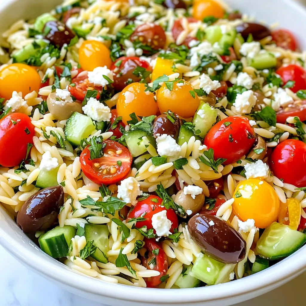 - 1 cup orzo pasta - 1 cup cherry tomatoes, halved - 1 medium cucumber, diced - 1 medium red bell pepper, chopped into bite-sized pieces - 1/2 small red onion, finely chopped - 1/2 cup Kalamata olives, pitted and sliced in half - 1 cup feta cheese, crumbled - 1/4 cup fresh parsley, chopped - 1/4 cup extra virgin olive oil - 2 tablespoons red wine vinegar or fresh lemon juice - 1 tablespoon dried oregano - Salt and pepper to taste The ingredients for Greek Orzo Salad with Feta bring a burst of flavor. Orzo pasta is the base. It cooks quickly and has a nice texture. The cherry tomatoes add sweetness. You can halve them easily. The cucumber provides a crisp bite. Dice it small for better mixing. The red bell pepper adds color and crunch. Chop it into small pieces. Red onion brings a sharp flavor. Finely chop it to blend well. Kalamata olives give a salty touch. Remove the pits and slice them in half. Feta cheese crumbles beautifully. It adds creaminess and tang. Fresh parsley brightens the dish with its green color. The dressing is simple. Extra virgin olive oil offers richness. Red wine vinegar or lemon juice gives a tangy kick. Dried oregano adds a hint of earthiness. Finally, salt and pepper enhance all the flavors. Together, these ingredients make a vibrant salad full of tastes and textures. {{ingredient_image_2}} 1. Bring a large pot of salted water to a boil. 2. Add 1 cup of orzo pasta to the boiling water. 3. Cook the orzo for 8 to 10 minutes. Stir occasionally to prevent sticking. 4. Once tender, drain the orzo in a colander. Rinse it under cold water to stop the cooking. 1. While the orzo cooks, prepare your vegetables. 2. Halve 1 cup of cherry tomatoes and set them aside. 3. Dice 1 medium cucumber into small cubes. 4. Chop 1 medium red bell pepper into bite-sized pieces. 5. Finely chop 1/2 small red onion. Arrange all veggies on a plate. 1. In a large mixing bowl, combine the drained orzo, halved cherry tomatoes, diced cucumber, chopped red bell pepper, and chopped onion. 2. Add 1/2 cup of Kalamata olives and 1 cup of crumbled feta cheese. 3. Toss in 1/4 cup of chopped parsley. Mix gently to combine everything. 1. In a small bowl, whisk together 1/4 cup of extra virgin olive oil, 2 tablespoons of red wine vinegar, and 1 tablespoon of dried oregano. 2. Add a pinch of salt and pepper to the dressing. 3. Drizzle the dressing over the salad mixture. Toss gently to coat the salad evenly. 4. Taste the salad and adjust seasoning as needed. 5. Let the salad sit for about 15 minutes to meld flavors. You can refrigerate it for up to 1 hour to enhance flavors. To get the best orzo, cook it for 8-10 minutes. You want it to be al dente, which means it should still have a slight bite. Overcooking orzo can make it mushy. Once cooked, rinsing the orzo is key. Rinse it under cool water to stop the cooking process. This makes sure the pasta stays firm and doesn’t stick together. When it comes to dressing, you can choose between lemon juice and vinegar. Lemon juice gives a bright, fresh taste. Red wine vinegar adds a deeper, tangy flavor. You can also mix in fresh herbs like dill or mint for extra flavor. These herbs will enhance the taste of your orzo salad and make it pop. For serving, use a large, shallow bowl. This makes your salad look inviting. To add color, sprinkle more crumbled feta on top. A bit of freshly chopped parsley also brightens the dish. Just before serving, drizzle a little olive oil for a shiny finish. These small touches make your Greek orzo salad not just tasty, but also beautiful. Pro Tips Fresh Ingredients: Always use the freshest vegetables and herbs to enhance the flavor and nutritional value of your Greek Orzo Salad. Cook Orzo Perfectly: Make sure to cook the orzo al dente for the best texture. Overcooking can make it mushy and less enjoyable. Flavor Enhancements: For a more robust flavor, marinate the Kalamata olives in some olive oil and herbs before adding them to the salad. Prep Ahead: This salad can be made a few hours in advance. Just dress it right before serving to keep the ingredients fresh and vibrant. {{image_4}} You can boost the protein in your Greek Orzo Salad easily. Grilled chicken or shrimp add great flavor and texture. Just slice the chicken or shrimp and mix them in. For a vegetarian choice, add chickpeas. They bring protein and heartiness without meat. Feel free to swap in seasonal veggies. Zucchini or bell peppers can add a fresh twist. You can also try different types of olives. Green olives or even feta-stuffed olives change the taste profile nicely. If you need a gluten-free version, use alternative pasta. Quinoa is a great base for a Greek salad. It has a nice nutty flavor and works well with all the other ingredients. Just prepare it like you would the orzo for a tasty result. To store Greek Orzo Salad, place it in an airtight container. This keeps it fresh. Try to use it within three days for the best taste. If you keep it longer, the veggies may get soggy. Always check for freshness before serving. If the salad looks or smells off, it’s best to toss it. You can freeze Greek Orzo Salad, but it may change in texture. The orzo and veggies might become mushy. If you decide to freeze it, pack it tightly in a freezer-safe container. Use it within one month for the best flavor. When ready to eat, thaw it in the fridge overnight. You can also warm it gently in a pan. If it seems dry, add a little olive oil to help. Yes, you can prepare this salad ahead of time. For best results, chop your veggies and cook the orzo a day before. Store each ingredient separately in the fridge. This keeps everything fresh and crisp. When you're ready to serve, just mix them all together and add the dressing. This will save you time and keep the flavors bright. If you cannot find feta cheese, there are several tasty alternatives. You can use crumbled goat cheese for a tangy flavor. Another option is ricotta cheese, which gives a creamy texture. For a dairy-free choice, try marinated tofu. Each of these options will still give your salad a lovely taste. Greek Orzo Salad is quite healthy. It is loaded with fresh vegetables, which provide vitamins and minerals. The orzo pasta offers good carbs for energy. Feta adds calcium and protein, making it a balanced meal. Just watch the dressing portions if you are counting calories. Greek Orzo Salad lasts around 3 to 5 days in the fridge. Store it in an airtight container for the best freshness. Look for signs of spoilage, like off smells or changes in texture. If it looks or smells bad, it's best to toss it out. This Greek Orzo Salad combines fresh ingredients for a tasty meal. We covered how to cook the orzo, prepare vegetables, and mix it all together. Adding proteins or switching up veggies makes it versatile and fun. Remember to store it well for later enjoyment. This salad not only tastes great but also offers health benefits. Try it today and discover your favorite twist!