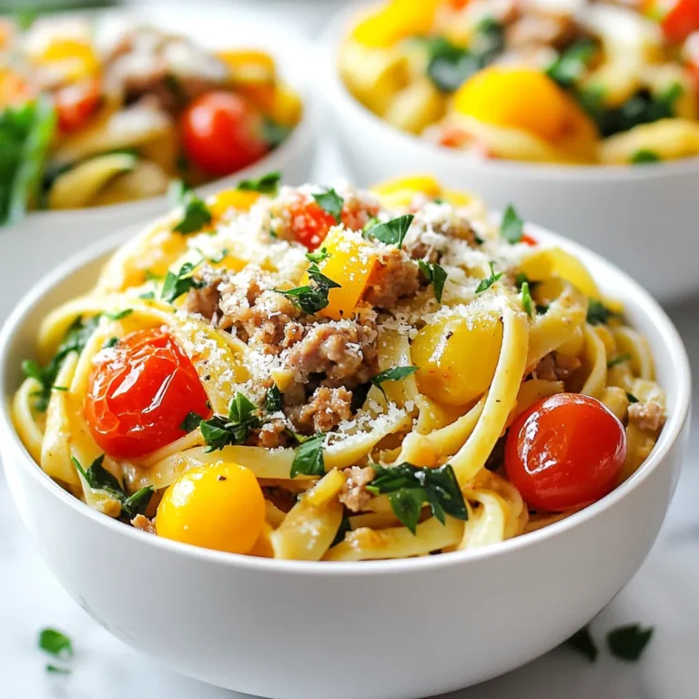 - 8 oz linguine or fettuccine - 1 lb ground turkey - 1 tablespoon Cajun seasoning - 1 tablespoon olive oil - 1 bell pepper (red or green), diced - 1 medium onion, chopped - 2 cloves garlic, minced - 1 cup cherry tomatoes, halved - 1 cup heavy cream - 1 cup chicken broth - 1 cup fresh spinach - Salt and pepper, to taste - ¼ cup grated Parmesan cheese (for serving) - Fresh parsley, chopped (for garnish) Cajun Turkey Pasta is simple yet packed with flavor. I love how ground turkey pairs with Cajun seasoning. This combo gives the dish a kick. You can choose between linguine or fettuccine. Both work well and soak up the sauce nicely. Fresh vegetables add color and taste. I usually use bell peppers and onions. Garlic brings a nice aroma. Cherry tomatoes add sweetness to balance the spice. The heavy cream and chicken broth create a rich sauce. Spinach adds a pop of green and nutrition. Don't forget salt and pepper to enhance the flavors. Grated Parmesan cheese on top gives a creamy touch. Fresh parsley not only looks pretty, but it also adds freshness. Each bite is a tasty delight, making it a perfect meal for any night. {{ingredient_image_2}} Start by boiling a large pot of water. Make sure to add a good amount of salt to the water. This helps flavor the pasta as it cooks. Once the water boils, add your linguine or fettuccine. Cook it according to the package directions until it is al dente. This usually takes about 8 to 10 minutes. When done, drain the pasta. Remember to save a cup of pasta water in case you need it later. Next, heat a skillet over medium heat. Add olive oil to the skillet and let it warm up. Once it’s hot, add the ground turkey. Sprinkle in the Cajun seasoning, salt, and pepper. Cook the turkey for about 5 to 7 minutes. Stir it often until it turns brown and is cooked through. After that, transfer the turkey to a bowl and set it aside. In the same skillet, it’s time to add your diced bell pepper and chopped onion. Sauté these for about 3 to 4 minutes. You want them to start softening. Then, add the minced garlic and keep cooking for another minute. This will help release the garlic's wonderful smell. Now, pour in the chicken broth and bring it to a gentle simmer. Once it is simmering, add the heavy cream and halved cherry tomatoes. Stir everything well to combine. Let the sauce simmer for about 5 minutes. This allows it to thicken a bit. Return the cooked turkey to the skillet. Now, add the fresh spinach to the mix. Stir everything together until the spinach wilts down. Make sure all the ingredients blend well. Taste the mix and adjust with more salt or pepper if needed. Add the drained pasta into the skillet. Toss it with the turkey and vegetable mixture until it is all evenly coated. If the sauce seems too thick, add some reserved pasta water a little at a time. Cook everything for an additional 2 to 3 minutes to heat through. Portion the pasta onto plates or bowls. Top each serving with grated Parmesan cheese. Sprinkle fresh chopped parsley on top for color and flavor. Enjoy your meal! To boost the taste of your Cajun turkey pasta, consider adding more spices. Try smoked paprika or cayenne pepper for extra heat. Fresh herbs like basil or cilantro can brighten the dish. These flavors work well with the creamy sauce and turkey. Pair your pasta with a squeeze of lemon juice. This adds a zesty kick that complements the richness of the cream. You can also serve it with crusty garlic bread. This will soak up the delicious sauce and enhance your meal. When sautéing, heat your skillet before adding oil. This helps the turkey brown nicely. Stir often to avoid burning. Keep the heat at medium to get even cooking. If your turkey sticks, add a splash of chicken broth. This keeps the turkey moist and adds flavor. Always taste as you go, adjusting the heat as needed. If you want alternatives to ground turkey, use chicken or tofu. Both options work great in this recipe. For added crunch, toss in zucchini or mushrooms. They soak up flavors and add texture. For a dairy-free sauce, swap heavy cream with coconut milk or cashew cream. This keeps the dish creamy without dairy. You can also use nutritional yeast instead of Parmesan. It will give your pasta a cheesy flavor. Pro Tips Use Fresh Ingredients: Fresh vegetables and herbs elevate the dish's flavor and texture, making it more vibrant and delicious. Adjust the Spice Level: If you love heat, feel free to add more Cajun seasoning or some red pepper flakes to the sauce. Don't Overcook the Pasta: Cooking the pasta al dente ensures it will hold its shape and not become mushy when mixed with the sauce. Save Some Pasta Water: The starchy pasta water can help loosen the sauce if it becomes too thick, giving you the perfect consistency. {{image_4}} You can easily make Cajun Turkey Pasta vegetarian. Just swap the ground turkey for plant-based meat. Options like lentils or chickpeas work well, adding protein and texture. You can also use a mix of mushrooms for a hearty feel. This keeps the dish satisfying while making it meat-free. Feel free to explore different pasta options. You can use gluten-free pasta if you need it. Whole wheat linguine or fettuccine adds a nutty flavor and more fiber. The choice of pasta can change the dish while keeping it delicious. Adjusting the spice level is simple. If you prefer milder flavors, reduce the Cajun seasoning. Alternatively, add extra spices like cayenne or red pepper flakes for heat. You can also serve hot sauce on the side for those who like a kick. This way, everyone can enjoy their ideal flavor! To keep your Cajun turkey pasta fresh, let it cool to room temperature first. Then, pack it in an airtight container. This helps prevent moisture loss. Store it in the fridge for up to three days. Always label the container with the date. This way, you won't forget how long it's been there. When you are ready to enjoy leftovers, reheating gently is key. You can use the microwave or a skillet. If using a microwave, heat in short bursts of 30 seconds. Stir between each burst to ensure even heating. If using a skillet, add a splash of chicken broth or water. This keeps the pasta moist and prevents it from drying out. To freeze your Cajun turkey pasta, place it in a freezer-safe container. Make sure it cools completely before sealing. You can freeze it for up to three months. When you're ready to eat, thaw it in the fridge overnight. Reheat it gently to enjoy the flavors again. To add more heat, try these spices: - Cayenne pepper - Red pepper flakes - Hot sauce - A dash of chili powder Start with a small amount and taste as you go. This way, you can control the spice level. Adding these spices helps enhance the Cajun flavor, making your dish more exciting. Yes, you can swap the ground turkey with: - Chicken - Pork - Shrimp - Tofu for a vegetarian option Each protein brings a unique taste. Adjust the cooking time based on your choice to ensure it's cooked through. For a balanced meal, consider these side dishes: - Crusty garlic bread - Light green salad - Roasted broccoli or asparagus - Corn on the cob These sides complement the pasta and add freshness to your plate. To make Cajun Turkey Pasta dairy-free, replace these ingredients: - Use coconut milk or almond milk instead of heavy cream - Skip the Parmesan cheese or use a dairy-free alternative These swaps keep the dish creamy while meeting your dietary needs. This recipe for Cajun Turkey Pasta combines tasty ingredients and easy steps. You learned how to cook the turkey, pasta, and veggies, then make a creamy sauce. You can adjust spice levels and substitute ingredients to fit your needs. Remember, cooking is all about fun and experimenting! Whether you choose a vegetarian version or different pasta, the dish is flexible. Don't forget to store leftovers properly. Enjoy your meals and share the delicious results with friends!