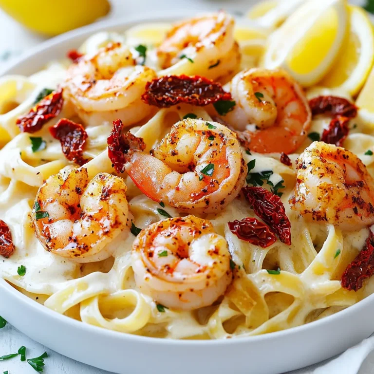 To create a tasty Cajun Shrimp Alfredo, you need fresh and simple ingredients. Here is what you will need: - 1 pound large shrimp, peeled and deveined - 8 ounces fettuccine pasta - 2 tablespoons Cajun seasoning - 2 tablespoons olive oil - 3 cloves garlic, minced - 1 cup heavy cream - 1 cup grated Parmesan cheese - 1/2 cup sun-dried tomatoes, chopped - 1/4 cup fresh parsley, finely chopped - Salt and pepper to taste - Lemon wedges, for serving Each ingredient plays a role in building flavor. The shrimp bring a sweet and briny taste, while Cajun seasoning adds a spicy kick. Fettuccine pasta gives a hearty base. The heavy cream and Parmesan make the dish rich and creamy. Sun-dried tomatoes add a touch of tang, and parsley gives freshness. Lemon wedges brighten the meal. Gather these ingredients before you start cooking. This way, you can move quickly and keep the dish fresh. Plus, it's fun to have everything ready to go! {{ingredient_image_2}} - Bring a large pot of salted water to a boil. - Add the fettuccine and cook for about 8-10 minutes until al dente. - Taste a piece to check. It should be firm but not hard. - Drain the pasta and save 1 cup of the water for later. Set the pasta aside. - Take a bowl and add the shrimp. - Sprinkle in the Cajun seasoning. - Toss the shrimp gently to coat them evenly. - Make sure every shrimp gets some spice. - Heat olive oil in a large skillet over medium-high heat. - When the oil is hot, add the shrimp in a single layer. - Cook for 2-3 minutes on each side. - Watch for them to turn pink and opaque. - Remove the shrimp from the skillet and put them aside. - In the same skillet, add minced garlic. - Sauté for about 30 seconds until it smells good. - Then, pour in the heavy cream and let it simmer gently. - Stir to mix the garlic into the cream. - Gradually add the grated Parmesan cheese to the sauce. - Whisk until the cheese melts and the sauce is creamy. - Stir in the chopped sun-dried tomatoes. - If the sauce is too thick, add some reserved pasta water, slowly, until you like the texture. - Add the cooked fettuccine and sautéed shrimp back into the skillet. - Toss everything together so the pasta gets coated. - Taste and add salt and pepper if needed. - Once mixed, take the skillet off the heat. - Sprinkle chopped parsley on top for color. - Serve with lemon wedges on the side for extra flavor. To make Cajun Shrimp Alfredo even better, try adding spices. A pinch of cayenne pepper adds heat. Smoked paprika gives a nice smoky flavor. You can also add crushed red pepper for extra spice. Choosing the right Parmesan cheese is crucial. Look for a block of Parmigiano-Reggiano. It has a rich flavor. Grate it fresh to enhance the dish. Pre-grated cheese often lacks the same taste. Use a heavy skillet for sautéing. A cast-iron or stainless-steel skillet works best. It heats evenly and helps create a nice sear on the shrimp. To keep shrimp tender, do not overcook them. Cook each side for about 2-3 minutes. They should turn pink and opaque. Remove them from heat as soon as they look done. Pre-cook your shrimp and pasta for easy meals. Cook the pasta until al dente and rinse it. Store it in an airtight container. This helps keep it from sticking together. When storing cooked pasta, add a bit of olive oil. This coat helps prevent clumping. Keep it in the fridge for up to three days. Pro Tips Fresh Ingredients: Always use fresh shrimp for the best flavor and texture. Frozen shrimp can work in a pinch, but fresh shrimp will enhance the overall dish. Adjusting Spice Levels: If you prefer a milder flavor, reduce the Cajun seasoning or omit it entirely. You can also add more cream to balance the heat. Perfect Pasta: To prevent the fettuccine from sticking, stir it occasionally while cooking and make sure to toss it with sauce immediately after draining. Serving Suggestions: Serve with a side salad or garlic bread to complement the rich flavors of the Alfredo. A chilled white wine pairs beautifully as well. {{image_4}} You can change the shrimp in this dish. Chicken works great. Use about one pound of cooked chicken. Just cut it into bite-sized pieces. You can also use sausage. Andouille sausage adds a nice kick. Slice it thin and sauté it with the garlic. If you want a vegetarian dish, try mushrooms or zucchini. Both add great texture. You can also use tofu for a plant-based option. Make sure to season them well with Cajun spices. Do you like it spicy? Add more Cajun seasoning. You can also use a dash of hot sauce. For a milder taste, use less seasoning. Adjust it to match your taste. You can customize the sauce too. Try adding bell peppers or spinach. They add color and nutrition. A squeeze of lemon juice can brighten the flavors. Experiment with what you enjoy. For a gluten-free meal, swap the pasta. Use gluten-free fettuccine or penne. Many brands offer good options now. Make sure to read the label. If your sauce is too thick, use cornstarch or arrowroot powder. Mix it with cold water first. This will help thicken your sauce without gluten. To keep your Cajun Shrimp Alfredo fresh, store leftovers in an airtight container. This method prevents moisture loss and keeps your dish tasty. Make sure the dish cools down to room temperature before sealing. When stored properly, this dish will last up to three days in the fridge. For best quality, eat it within 48 hours. If you want to save Cajun Shrimp Alfredo for later, freezing is a great option. To freeze, let the dish cool completely. Then, transfer it to a freezer-safe container. Make sure to leave some space at the top, as liquids expand when frozen. You can freeze it for up to three months. When it's time to enjoy again, thaw the dish overnight in the fridge. For reheating, use a skillet over low heat. Stir in a splash of cream or reserved pasta water to help restore its creamy texture. This way, your meal stays flavorful and delicious! Cajun seasoning blends many spices. You often find salt, black pepper, paprika, and garlic powder. Some blends also add cayenne pepper, onion powder, and dried thyme. These spices give Cajun dishes their bold and spicy flavor. You can always adjust the mix to suit your taste. Yes, you can use frozen shrimp. Just make sure to thaw them first. Place the shrimp in the fridge overnight or run them under cold water. Fresh shrimp taste great, but frozen shrimp can work well too. Just remember to dry them before seasoning. To add more heat, use extra Cajun seasoning. You can also add crushed red pepper flakes or diced jalapeños. If you want to change it up, try hot sauce or sriracha. These options boost the spice level without losing flavor. Yes, Cajun Shrimp Alfredo is great for meal prep. Cook the pasta and shrimp ahead of time. Store them in separate containers. When you're ready to eat, heat them and mix with the sauce. Keep it in the fridge for up to three days. You can use half-and-half or whole milk as lighter options. Keep in mind that using these will make the sauce less rich and creamy. You might need to add more cheese to balance the flavor. In this blog post, we covered a simple recipe for Cajun Shrimp Alfredo, including essential ingredients and step-by-step guidance. We shared tips to enhance flavor and offered variations for different diets. Storing leftovers properly ensures you enjoy this dish later. Remember, cooking is about creativity and experimentation. This recipe is a great starting point. Enjoy making your own Cajun shrimp dish!