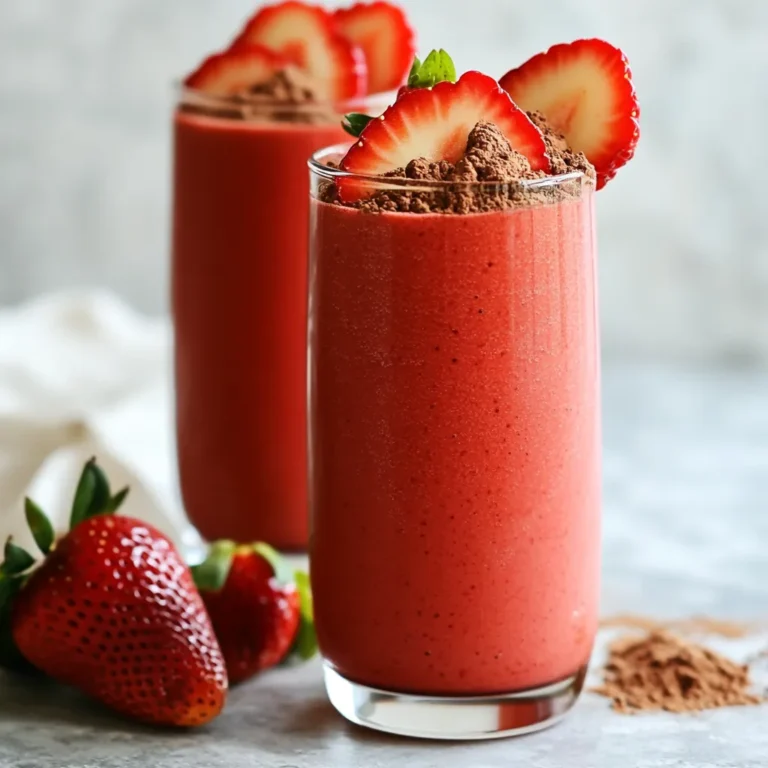 To make this Chocolate Covered Strawberry Smoothie, you will need: - 1 cup fresh strawberries, hulled - 1 medium banana, peeled and frozen - 1 cup almond milk (or your preferred milk) - 2 tablespoons unsweetened cocoa powder - 2 tablespoons honey or pure maple syrup, adjustable to taste - 1 teaspoon pure vanilla extract - 1 tablespoon chia seeds (optional, for added nutritional benefits) - 1/4 cup Greek yogurt or dairy-free yogurt If you want a dairy-free smoothie, you can use almond milk or oat milk instead of regular milk. For yogurt, choose a plant-based option like coconut or soy yogurt. Both choices keep the creamy texture without dairy. You can also swap honey for agave syrup to make it vegan. Each ingredient adds unique health benefits. Fresh strawberries are rich in vitamin C and antioxidants. They help boost your immune system and support skin health. Bananas offer potassium, good for heart health and muscle function. Almond milk is low in calories and often fortified with vitamins. Cocoa powder contains flavonoids, which may improve heart health. Chia seeds provide fiber and omega-3 fatty acids, good for digestion and brain health. Greek yogurt adds protein and probiotics, supporting gut health. This smoothie is not just tasty; it’s packed with nutrition! {{ingredient_image_2}} To make a tasty chocolate covered strawberry smoothie, gather your ingredients first. You will need fresh strawberries, a banana, almond milk, cocoa powder, honey or maple syrup, vanilla extract, chia seeds, and yogurt. This smoothie is quick to make, taking only ten minutes. 1. Place the hulled strawberries, frozen banana, and almond milk into a blender. 2. Blend on high speed until the mix is smooth and creamy. 3. Add in the cocoa powder, honey or maple syrup, vanilla extract, and chia seeds. Blend again until everything mixes well. 4. Next, add the Greek yogurt. Blend until your smoothie is rich and creamy. 5. Taste your smoothie. If you want it sweeter, add more honey or syrup and blend again. 6. For a thinner smoothie, add more almond milk and blend until you like the thickness. 7. Pour the smoothie into two tall glasses. Garnish with strawberry slices and a sprinkle of cocoa powder. To get the right texture, always start with frozen fruit. This gives your smoothie a thick and creamy feel. If your smoothie is too thick, add a little almond milk. Blend until you reach your perfect consistency. Enjoy your smoothie right away for the best taste and texture! To make your smoothie pop, use ripe strawberries. They add natural sweetness and flavor. You can also try adding a pinch of sea salt. This small touch can balance the sweetness and bring out the chocolate taste. If you love a creamier texture, use full-fat yogurt. This gives your smoothie a rich mouthfeel. When choosing strawberries, look for bright red ones. They should have a sweet smell. For milk, almond milk is great, but feel free to use oat or soy milk too. If you like it sweeter, try agave syrup instead of honey. For more protein, Greek yogurt is best, but plant-based yogurt works well too. Serve your smoothie in tall, clear glasses. This shows off the lovely red color. You can add slices of fresh strawberries on the rim for a nice touch. A sprinkle of cocoa powder on top makes it look fancy. If you want to impress, add a dollop of whipped cream or a few chocolate shavings. This adds a fun twist and makes it even more special. Pro Tips Use Frozen Bananas: Using frozen bananas not only adds creaminess but also keeps your smoothie cold and refreshing without the need for ice. Adjust Sweetness to Taste: The sweetness of the smoothie can vary based on the ripeness of your bananas and strawberries, so taste and adjust the sweetener as needed. Add More Nutrients: Boost the nutritional profile by adding a handful of spinach or kale; they blend in easily and won't affect the flavor. Experiment with Milk Alternatives: While almond milk is great, try oat milk, coconut milk, or even a blend for different flavors and textures in your smoothie. {{image_4}} You can turn this smoothie into a bowl. Use less almond milk to thicken it. Pour your mix into a bowl. Then, top it with sliced strawberries, granola, or nuts. This adds crunch and makes it fun to eat. You can also drizzle some honey on top. It looks pretty and tastes great! Want to boost the nutrition? Try adding chia seeds or spinach. Chia seeds add fiber and omega-3s. Spinach adds vitamins without changing the taste. You could also mix in protein powder for a post-workout drink. These add-ins help you stay full longer and give you energy. You can switch up the flavors too! Swap strawberries for raspberries or blueberries. Each fruit brings its own taste. You can also change the sweetener. Use agave syrup or stevia instead of honey. This lets you customize the smoothie to fit your taste and needs. To store leftover smoothie, pour it into a sealed container. Use a glass jar or a plastic bottle. Make sure to leave some space at the top. This helps prevent spills when it expands. Store the container in the fridge for up to two days. Shake well before drinking. If the smoothie separates, that’s normal. Just give it a quick blend or shake. If you have extra ingredients, you can freeze them. Slice fresh strawberries and bananas. Place them in a single layer on a baking sheet. Freeze for one to two hours. Once frozen, transfer them to a zip-top bag. Remove as much air as possible. This way, they stay fresh and ready for your next smoothie. You can also freeze portions of the mixed smoothie. Just pour it into ice cube trays. They can last for up to three months. To keep your smoothie fresh, use ripe fruits. Check for bruises and soft spots. Store fruits in the fridge to slow down spoilage. For yogurt, choose plain varieties for better taste. Use it within its expiration date. For almond milk, keep it sealed and in a cool place. After opening, use it within seven days for the best flavor. Always check labels for storage tips. Yes, you can use frozen strawberries in this smoothie. They add a nice chill and creamy texture. Just make sure they are hulled before blending. If you use frozen strawberries, you might not need the frozen banana. Adjust the almond milk for the best blend. To make this smoothie vegan, replace honey with pure maple syrup. All other ingredients, like almond milk and cocoa powder, are already vegan. This keeps your smoothie sweet and plant-based. You can still enjoy the creamy texture with dairy-free yogurt. You can customize sweetness by adding more honey or maple syrup. Start with two tablespoons and taste. You can always add more if you like it sweeter. You can also use ripe bananas for natural sweetness. Chia seeds are small but mighty. They provide fiber, protein, and omega-3 fatty acids. Adding a tablespoon boosts nutrition without changing flavor. They help with digestion and keep you full longer. Plus, they thicken the smoothie for a great texture. You now know the best ingredients for your smoothie. We covered dairy-free options and highlighted key nutrients. The step-by-step instructions guide you through blending and achieving perfect consistency. Remember the tips to enhance flavor and choose great ingredients. You can try different variations and serve them with fun garnishes. Storing any leftovers properly can keep your smoothie fresh. Have fun experimenting, and enjoy all the health benefits! Your perfect smoothie awaits!