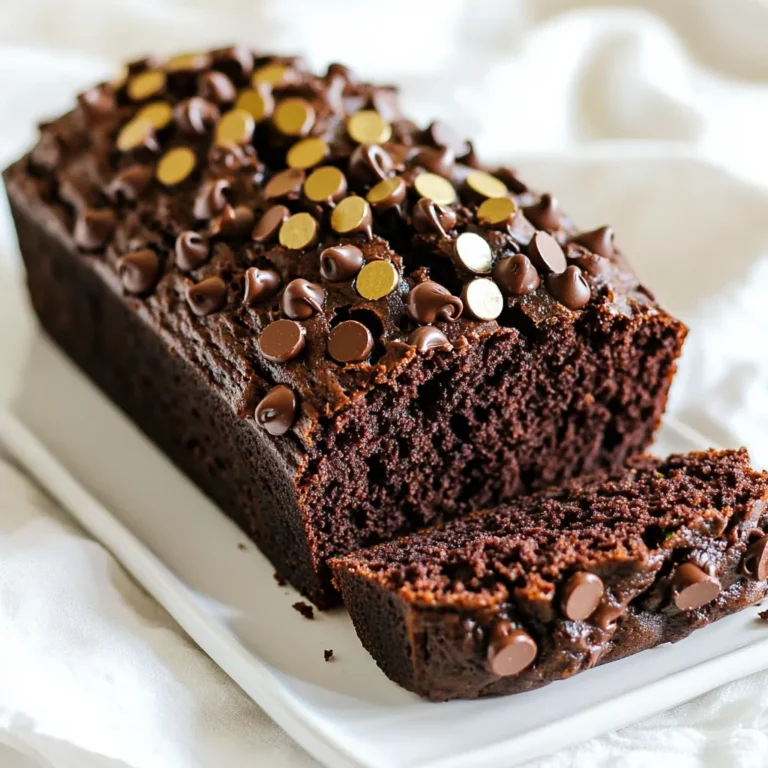 To make your Double Chocolate Zucchini Bread, gather the following ingredients: - 1 cup grated zucchini (squeeze out excess moisture) - 1 cup all-purpose flour - 1/2 cup unsweetened cocoa powder - 1/2 teaspoon baking soda - 1/2 teaspoon baking powder - 1/4 teaspoon salt - 1/2 cup granulated sugar - 1/2 cup brown sugar (packed firmly) - 2 large eggs - 1/3 cup vegetable oil (or melted coconut oil) - 1 teaspoon vanilla extract - 1/2 cup semi-sweet chocolate chips (plus more for topping) - 1/2 cup chopped walnuts or pecans (optional) These ingredients work together to create a moist and rich bread. The grated zucchini adds moisture without overpowering the chocolate flavor. The mix of granulated and brown sugars gives it a perfect balance of sweetness. Make sure you use fresh zucchini for the best taste. If you want a richer flavor, try using coconut oil. The semi-sweet chocolate chips can enhance the chocolate intensity, making each bite a delight. You can also add nuts for a nice crunch, but this is optional. Gather these ingredients, and let’s turn your kitchen into a chocolate heaven! Set your oven to 350°F (175°C). Take a 9x5-inch loaf pan. You can grease it lightly. Alternatively, line it with parchment paper. This helps with easy removal later. In a medium bowl, mix together the following: - 1 cup all-purpose flour - 1/2 cup unsweetened cocoa powder - 1/2 teaspoon baking soda - 1/2 teaspoon baking powder - 1/4 teaspoon salt Whisk these dry ingredients well. Make sure there are no lumps. In a large bowl, whisk these ingredients together: - 1/2 cup granulated sugar - 1/2 cup brown sugar - 2 large eggs Keep whisking until the mixture is smooth and creamy. Then add: - 1/3 cup vegetable oil - 1 teaspoon vanilla extract Whisk again until fully combined. Carefully fold in: - 1 cup grated zucchini Make sure it spreads evenly without overmixing. Gradually add the dry mixture to the wet mixture. Stir gently until just combined. Overmixing can change the texture. Gently fold in: - 1/2 cup semi-sweet chocolate chips - 1/2 cup chopped walnuts or pecans (optional) Make sure these ingredients are evenly mixed throughout the batter. Transfer the batter into your prepared loaf pan. Smooth the top with a spatula. Optionally, sprinkle more chocolate chips on top. Place the pan in the oven. Bake for 50 to 60 minutes. It’s done when a toothpick inserted in the center comes out clean or with a few moist crumbs. After baking, let it cool in the pan for about 10 minutes. Then, remove the bread and place it on a wire rack to cool completely. Squeezing excess moisture from zucchini is key. Zucchini holds a lot of water. If you don't remove it, your bread may turn out soggy. I recommend using a clean kitchen towel or paper towels. Simply place the grated zucchini in the towel, twist, and squeeze until most of the liquid is gone. This simple step keeps your bread moist and flavorful. Overmixing affects the texture of the bread. When you mix too much, the bread can turn out tough and dense. You want your bread to be light and fluffy. So, mix just until the dry ingredients are combined with the wet mix. Gently fold in the grated zucchini and chocolate chips. This will help keep your bread tender and soft. For serving, slice the zucchini bread into thick pieces. You can serve it warm or at room temperature. To make it special, dust the slices with powdered sugar. Another fun idea is to drizzle chocolate ganache over the top. Store the bread in an airtight container. This keeps it fresh for up to four days. If you want, you can also freeze it for later enjoyment! {{image_4}} If you want a gluten-free version, you can swap out the all-purpose flour. Use a gluten-free flour blend instead. Look for one that contains xanthan gum. This will help the bread hold together. You can also try almond flour or coconut flour. They add a nice flavor but use less. Adjust the liquid in the recipe as needed to get the right texture. To make this bread dairy-free, swap the semi-sweet chocolate chips for dairy-free options. Many brands offer great dairy-free chocolate chips. You can also use cacao nibs for a different crunch. They add a rich chocolate flavor without any dairy. This way, you still enjoy the chocolate goodness without the dairy. Want to kick up the flavor? Add spices like cinnamon or espresso powder. Just a teaspoon of cinnamon can warm up the taste. It blends well with chocolate. A little espresso powder can deepen the chocolate flavor. Mix it into the batter with the dry ingredients. These small changes can make your Double Chocolate Zucchini Bread even better! Store your Double Chocolate Zucchini Bread at room temperature. Wrap it in plastic wrap or foil. This keeps it fresh for up to three days. If you want to keep it longer, put it in the fridge. In the fridge, it lasts about a week. Make sure to seal it well to avoid drying out. To freeze your zucchini bread, let it cool completely first. Wrap it tightly in plastic wrap, then in aluminum foil. This prevents freezer burn. You can freeze it for up to three months. When ready to eat, thaw it overnight in the fridge. For quick thawing, leave it at room temperature for a few hours. Double Chocolate Zucchini Bread can stay fresh for about three days at room temperature. It lasts about a week in the fridge. If frozen, it remains good for up to three months. Always check for signs of spoilage before enjoying your slice! Yes, you can use frozen zucchini. However, it might add more moisture. Squeeze out the excess water before adding it to the batter. This step helps keep the texture right. Too much moisture can make the bread soggy. You can change the sugars if needed. Use coconut sugar for a more natural option. Maple syrup or agave nectar works too. Just adjust the liquid in your recipe to keep the bread moist. If you want a vegan option, try using flax eggs. Mix 1 tablespoon of ground flaxseed with 2.5 tablespoons of water. Let it sit for five minutes until it thickens. Applesauce or mashed banana also works. Use 1/4 cup for each egg. To check if the bread is done, use a toothpick. Insert it into the center of the loaf. If it comes out clean or with a few moist crumbs, your bread is ready. If it has wet batter on it, bake a bit longer. This blog post covered all you need to know to make Double Chocolate Zucchini Bread. We discussed key ingredients, easy steps to bake, and tips to enhance flavor. Remember to squeeze excess moisture from the zucchini for the best texture. Try adding spices for a twist or using dairy-free chocolate chips. Store your bread properly to keep it fresh. With these tips, you’ll enjoy delicious, moist bread to share or savor on your own. Happy baking!