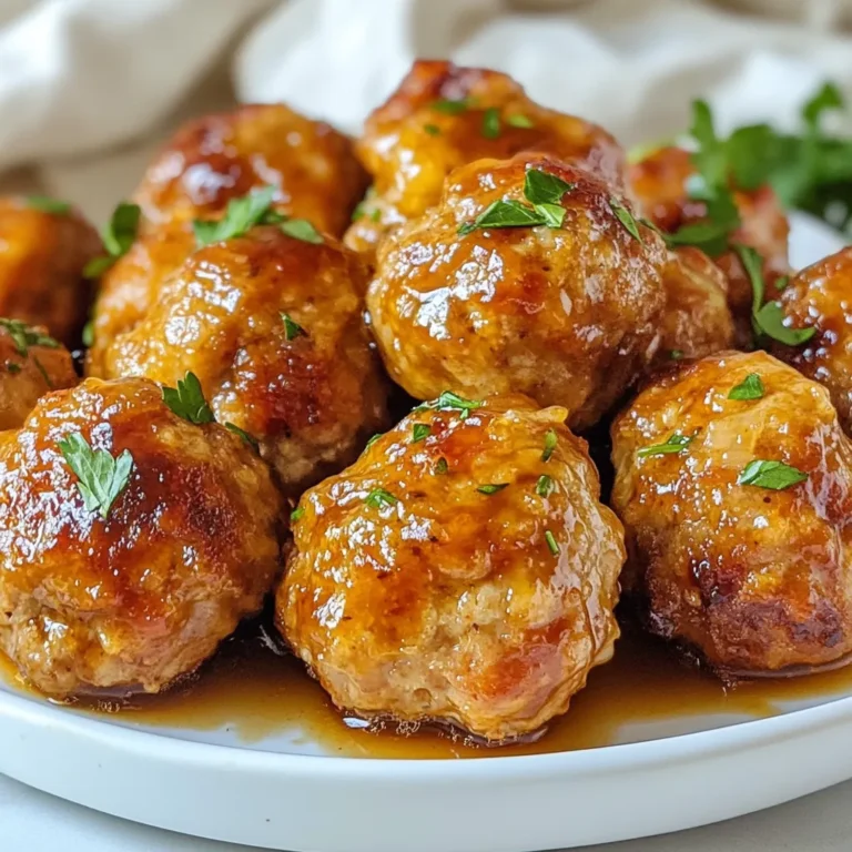 - 1 lb ground turkey - 1/4 cup breadcrumbs - 1/4 cup grated Parmesan cheese - 1/4 cup finely chopped fresh parsley - 1 large egg - 2 cloves garlic, minced - 1/2 tsp salt - 1/4 tsp black pepper - 1/2 tsp onion powder - 1/2 cup honey - 1/4 cup low-sodium soy sauce - 1 tsp sesame oil (optional for extra flavor) - 1 tsp cornstarch mixed with 2 tsp water The main ingredients create a tasty base for our meatballs. Ground turkey is lean and healthy. Breadcrumbs keep the meatballs soft. Parmesan cheese adds a nice flavor. Fresh parsley gives a bright touch. The egg helps bind everything together. Garlic adds a bold kick that enhances the dish. For seasonings, salt and pepper bring out all the flavors. Onion powder adds depth. Honey and soy sauce create that sweet and savory sauce we love. If you want extra flavor, sesame oil is a great option. Lastly, the cornstarch and water mixture thickens the sauce. This gives it a nice coating for the meatballs. Each ingredient plays a vital role in making this dish both fun and delicious. {{ingredient_image_2}} Start by gathering all your main ingredients. In a large mixing bowl, combine: - 1 lb ground turkey - 1/4 cup breadcrumbs - 1/4 cup grated Parmesan cheese - 1/4 cup finely chopped fresh parsley - 1 large egg - 2 cloves garlic, minced - 1/2 tsp salt - 1/4 tsp black pepper - 1/2 tsp onion powder Use your hands or a spatula to mix everything well. Make sure all the ingredients blend together. This step is key for getting the right texture. You want a sticky mixture that holds together. Preheat your oven to 400°F (200°C). This step ensures even cooking. While the oven heats, prepare a baking sheet. Line it with parchment paper or lightly grease it to prevent sticking. Now, scoop out portions of the turkey mixture. Roll them into meatballs about 1 inch in diameter. Place each meatball on the baking sheet. Keep them spaced apart for even cooking. Bake the meatballs for about 20 minutes. They should be fully cooked through and golden brown on the outside. The internal temperature must reach 165°F. While the meatballs bake, let's make the honey garlic sauce. In a small saucepan over medium heat, combine: - 1/2 cup honey - 1/4 cup low-sodium soy sauce - 1 tsp sesame oil (optional) Stir the mixture well and let it simmer gently. This allows the flavors to meld together nicely. When the sauce simmers, add the cornstarch mixture. This is made from 1 tsp cornstarch mixed with 2 tsp water. Stir continuously to thicken the sauce. Keep stirring until it reaches your desired thickness. This should take around 1-2 minutes. When making meatballs, the mix is key. I like to use my hands for mixing. This way, I can feel if the turkey is blended well with the other ingredients. Combine the ground turkey, breadcrumbs, Parmesan, parsley, egg, garlic, salt, pepper, and onion powder in a large bowl. Roll the mixture into meatballs about 1 inch wide. Keep them uniform for even cooking. To avoid dry meatballs, don't overmix. Just blend until everything is combined. Also, use fresh ingredients. Fresh parsley and garlic add moisture and flavor. For the perfect sauce, start with equal parts honey and soy sauce. Heat them in a saucepan until they simmer. This step brings out the flavors. Add the cornstarch mixture slowly, stirring all the time. This helps the sauce thicken without lumps. You want it thick but pourable. If it’s too thick, add a splash of water. Feel free to adjust the flavor. Want it sweeter? Add more honey. Need a saltier kick? A dash more soy sauce works well. Garnishing your meatballs can make them pop. I love using extra chopped parsley on top. It adds color and freshness. You can also sprinkle sesame seeds for crunch and visual appeal. Serve the meatballs warm on a nice plate. Pair them with rice or noodles for a complete meal. You can also make a meatball sub with fresh bread. This adds fun and variety to your dinner. Pro Tips Use Fresh Ingredients: Always opt for fresh parsley and garlic to enhance the flavor of your meatballs significantly. Don’t Overmix: When combining the ingredients, mix just until combined to keep the meatballs tender and not tough. Adjust Sauce Consistency: If you prefer a thinner sauce, you can skip the cornstarch or add more water to achieve your desired consistency. Experiment with Spices: Feel free to add your favorite spices or herbs to the meatball mixture for an extra flavor twist. {{image_4}} You can make this meal even healthier. Use lean turkey for a lighter option. Lean turkey has less fat. It keeps the meatballs moist while cutting calories. You can also swap regular breadcrumbs for gluten-free breadcrumbs. This swap works well for anyone avoiding gluten. It helps you stay on track with your diet without losing taste. Want to spice things up? Add some paprika or cayenne pepper for a kick. A sprinkle of Italian herbs can also enhance the flavor. These spices can make your meatballs more exciting. You might also try different sauces. BBQ sauce or sweet chili sauce can add a new twist. Experiment with your favorites to find the perfect match. Pair your meatballs with sides to make a full meal. Serve them over rice, noodles, or even a salad. They can also go well in a sub with cheese. For a fun twist, make meatball sliders on small buns. Don’t forget to garnish with fresh parsley for color. It adds a nice touch and keeps the dish bright. To store leftover meatballs, let them cool first. Place them in an airtight container. This helps keep them fresh. You can also wrap them tightly in plastic wrap. Store them in the fridge for up to three days. For proper freezing, place cooled meatballs in a freezer-safe bag. Remove excess air to prevent freezer burn. You can freeze them for up to three months. To thaw, move the meatballs to the fridge overnight. For reheating, bake them in the oven or microwave until hot. In the fridge, meatballs last about three days. In the freezer, they can last up to three months. Always check for any off smells or changes in texture before eating. Yes, you can use other meats. Ground chicken or beef works well. You can also try pork for a different flavor. Just keep the cooking times in mind, as they may vary. The meatballs are done when they reach 165°F (74°C). You can check this with a meat thermometer. They should also look golden brown on the outside. If you need a honey substitute, try maple syrup or agave nectar. Brown sugar mixed with water is another option. Each substitute will add a unique flavor. Yes, you can prepare the meatballs ahead of time. Form the meatballs and store them in the fridge. You can bake them later for a quick meal. To add spice, mix in red pepper flakes or cayenne pepper. You can also add spicy sauce to the honey garlic sauce for extra heat. Absolutely! These meatballs are great for meal prep. They store well in the fridge or freezer. Serve them with rice or veggies for a balanced meal. You’ve learned how to make tasty honey garlic turkey meatballs. We covered the key ingredients, perfect cooking steps, and essential tips. You can mix up flavors and try healthy swaps too. Don’t forget about storing options for leftovers, and serving ideas for your meals. Making these meatballs can be fun and easy. Now, grab your ingredients and enjoy creating a dish that everyone will love. Cooking should be enjoyable, and these meatballs are a great way to share your skills.