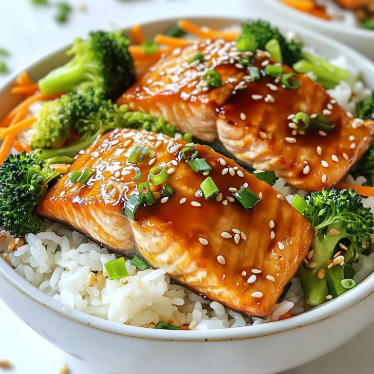 - 2 salmon fillets (approximately 6 oz each) - 1 cup jasmine rice - 2 cups water or low-sodium broth - 1/4 cup low-sodium soy sauce - 2 tablespoons honey or maple syrup - 1 tablespoon rice vinegar - 1 teaspoon sesame oil - 1 tablespoon fresh ginger, finely minced - 2 cloves garlic, finely minced - 1 tablespoon cornstarch (optional) - 1 cup broccoli florets, steamed - 1 cup shredded carrots - 2 green onions, thinly sliced - Sesame seeds, for garnish You can add other vegetables like bell peppers or snap peas for more color. If you want more protein, try chicken or tofu. For a different flavor, use teriyaki sauce from a bottle. You can also switch jasmine rice for brown rice or quinoa. This dish is packed with nutrients. Salmon offers healthy fats and protein. The veggies provide fiber and vitamins. Jasmine rice gives a nice energy boost. Each bowl has about 450 calories, 25g protein, and 15g healthy fats. This meal is balanced and good for you! {{ingredient_image_2}} Start by rinsing the jasmine rice. Use cold water and rinse until the water runs clear. This helps remove extra starch and keeps the rice fluffy. In a medium pot, mix the rinsed rice with 2 cups of water or low-sodium broth. Bring this to a rolling boil. When it's boiling, turn the heat down low, cover the pot, and let it simmer for 15 minutes. The liquid should absorb well. After cooking, let the rice sit for another 5 minutes with the lid on. Finally, fluff the rice gently with a fork before serving. To make the teriyaki sauce, grab a small saucepan. Whisk together 1/4 cup of low-sodium soy sauce, 2 tablespoons of honey or maple syrup, 1 tablespoon of rice vinegar, and 1 teaspoon of sesame oil. Add 1 tablespoon of minced ginger and 2 cloves of minced garlic. Place the saucepan on medium heat and let it come to a gentle simmer. If you want a thicker sauce, mix 1 tablespoon of cornstarch with 1 tablespoon of water in a bowl. Stir this slurry into the sauce. Keep cooking and stirring until it thickens, then remove it from the heat. Heat a non-stick skillet over medium-high heat. Once it's hot, place the salmon fillets skin-side down in the skillet. Let them cook undisturbed for about 4 to 5 minutes. The skin should get crispy and brown. Carefully flip the fillets with a spatula and cook for another 3 to 4 minutes. Cook until the salmon is done to your liking. In the last minute, drizzle half of the teriyaki sauce over the salmon for extra flavor. Now it's time to put everything together. In individual serving bowls, add a generous portion of fluffy jasmine rice. Top the rice with steamed broccoli florets and shredded carrots. Place a salmon fillet on top of the veggies. Drizzle the remaining teriyaki sauce over each bowl. Make sure to coat the salmon and veggies well. Finish by adding freshly sliced green onions and a sprinkle of sesame seeds for that perfect crunch. Serve the bowls warm for the best taste. To cook salmon well, start with fresh fillets. Pat them dry with a paper towel. This helps the skin crisp up. Use medium-high heat in a non-stick skillet. Place the salmon skin-side down and don’t move it. Cook for 4-5 minutes until crispy. Then flip it carefully with a spatula. Cook for another 3-4 minutes. The salmon should be opaque and flake easily. For a thick teriyaki sauce, mix the ingredients well. Use low-sodium soy sauce, honey, rice vinegar, and sesame oil. Add minced ginger and garlic for great taste. Heat this mixture in a saucepan. If you want thickness, use cornstarch. Mix cornstarch with water in a bowl. Stir this into the sauce while it simmers. Keep stirring until it thickens to your liking. To make your rice bowls pop, add colorful veggies. Steamed broccoli and shredded carrots are great choices. You can also add bell peppers or snap peas. For extra flavor, drizzle more teriyaki sauce on top. Garnish with green onions and sesame seeds. This adds crunch and makes your dish look beautiful. Serve the bowls warm for the best taste. Pro Tips Fresh Ingredients: Use fresh salmon and vegetables for the best flavor and texture in your teriyaki bowls. Rice Cooking Method: Rinsing the jasmine rice until the water runs clear helps achieve fluffy rice by removing excess starch. Perfect Salmon: For crispy skin, ensure the skillet is hot before adding the salmon, and avoid moving it around while cooking. Customizable Veggies: Feel free to add or substitute other vegetables like bell peppers or snap peas to suit your taste. {{image_4}} You can swap salmon for chicken or tofu. If using chicken, cook it until it’s no longer pink. Tofu is great too and adds a nice texture. Just press the tofu to remove extra water. Then, cut it into cubes and pan-fry until golden. Both options taste great with the teriyaki sauce. Mix up your veggies for a new taste! Try bell peppers, snap peas, or zucchini. Just chop them up and steam or stir-fry until tender. You can also use spinach or bok choy for a fresh twist. Each veggie brings its own flavor and color to your bowl. Want to change the sauce? Try a spicy sriracha sauce for heat or a sweet chili sauce for sweetness. You can also make a citrus sauce with orange juice and zest. Each sauce gives a unique flavor that keeps your meal exciting. Don’t be afraid to experiment! To keep your Teriyaki Salmon Rice Bowls fresh, store them in an airtight container. Make sure the salmon, rice, and veggies cool down before sealing. This step helps prevent sogginess. You can keep the leftovers in the fridge for up to three days. If you want to enjoy them later, consider dividing the bowls into single servings for easy access. When it's time to eat your leftovers, you can reheat them in several ways. The microwave works well for quick reheating. Place the bowl in the microwave and cover it loosely with a paper towel. Heat for one to two minutes, checking to ensure it’s hot throughout. For a crispier salmon, use a skillet. Heat a small amount of oil over medium heat and warm the salmon for about three minutes on each side. This method keeps the skin crispy. Meal prep makes weeknight dinners a breeze. Start by cooking a larger batch of jasmine rice and teriyaki sauce. You can also bake multiple salmon fillets at once. Divide the rice, salmon, and veggies into containers. Store everything separately if you want to keep the textures fresh. Each night, you can quickly assemble your bowl. This way, you'll enjoy a healthy, homemade meal without the fuss. Cook salmon for about 4-5 minutes on the skin side. Then, flip it and cook for another 3-4 minutes. This should give you a nice, flaky texture. For medium doneness, aim for an internal temperature of 125°F. If you prefer it well-done, go for 145°F. Remember, salmon continues to cook off the heat. Yes, you can freeze Teriyaki Salmon Rice Bowls. However, I recommend freezing the salmon and rice separately from the veggies and sauce. This way, the texture stays great when you reheat. Use airtight containers or freezer bags to keep everything fresh. Thaw overnight in the fridge before reheating. Jasmine rice is the best choice for Teriyaki Salmon Rice Bowls. It has a lovely aroma and a slightly sticky texture that pairs well with the salmon and sauce. If you want a healthier option, brown rice or cauliflower rice works too. Both add a nice nutty flavor. Yes, you can make this recipe gluten-free. Simply swap the low-sodium soy sauce with gluten-free tamari or coconut aminos. These alternatives provide a similar taste without gluten. Ensure all other ingredients, like broth, are also gluten-free. This way, you can enjoy the same great flavors safely. In this post, we explored how to make teriyaki salmon rice bowls. We covered main and optional ingredients, cooking steps, and helpful tips. You learned about protein options, sauce variations, and storage methods. Remember, cooking is fun and can be brave. Try new flavors and be creative. Enjoy your cooking journey and share your delicious rice bowls. Taste brings joy, so keep experimenting in the kitchen!
