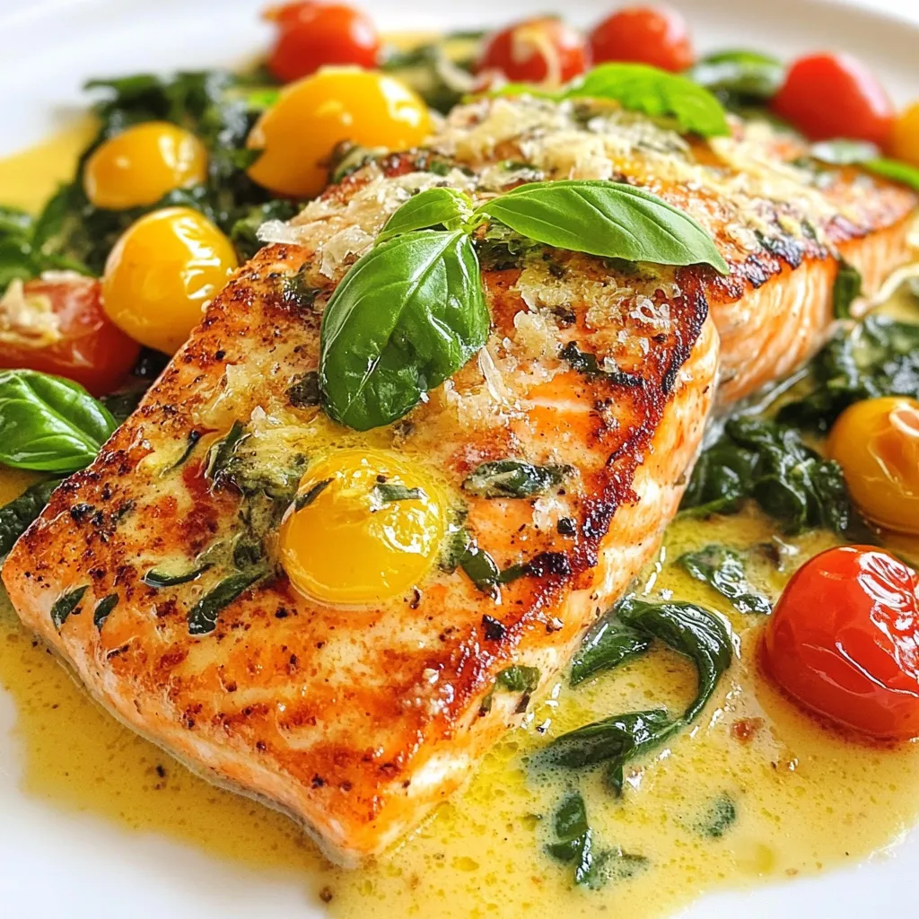 To create the rich and flavorful Creamy Garlic Tuscan Salmon, you need some simple yet fresh ingredients. Here’s what you will gather: - 4 salmon fillets (skin on, about 6 ounces each) - 2 tablespoons extra virgin olive oil - 4 cloves garlic, finely minced - 1 cup cherry tomatoes, halved for a burst of color - 1 cup fresh baby spinach - 1 cup heavy cream for richness - 1/2 teaspoon dried Italian seasoning - 1/4 teaspoon red pepper flakes (optional for a hint of spice) - Salt and freshly ground black pepper to taste - Fresh basil leaves for a fragrant garnish - Grated Parmesan cheese, for a savory finish (optional) These ingredients work together to create a creamy sauce that enhances the salmon's natural flavors. The garlic and tomatoes bring a lovely taste, while the spinach adds a fresh touch. Using quality ingredients makes a big difference, so choose fresh salmon and ripe tomatoes for the best results. {{ingredient_image_2}} Preparing the skillet Start by heating 2 tablespoons of olive oil in a large skillet over medium heat. This oil helps cook the salmon and adds flavor. Seasoning the salmon While the oil heats, season both sides of the 4 salmon fillets with salt and pepper. This simple step boosts the flavor of the fish. Flipping for perfect crispiness Once the oil shimmers, place the salmon skin-side down in the skillet. Cook for 4-5 minutes until the skin is crispy. Then, gently flip the fillets and cook for another 3-4 minutes. The salmon should look opaque and flake easily when done. Remove the salmon and set it aside. Sautéing garlic and tomatoes In the same skillet, add 4 minced garlic cloves. Sauté them for about 30 seconds until fragrant. Be careful not to let the garlic burn, as it can taste bitter. Next, add 1 cup of halved cherry tomatoes, stirring them for 2-3 minutes until they soften. Adding cream and seasonings Pour in 1 cup of heavy cream, stirring well. Add 1/2 teaspoon of dried Italian seasoning and 1/4 teaspoon of red pepper flakes for a slight kick, if you like. Season with salt and pepper to taste. Let the sauce simmer for 2-3 minutes until it thickens just a bit. Incorporating spinach Fold in 1 cup of fresh baby spinach. Stir until the spinach wilts, which takes about 1 minute. Melding flavors with salmon Return the cooked salmon to the skillet, placing it among the sauce. Spoon the creamy sauce over each fillet. Let it simmer for one more minute to blend the flavors. Serving suggestions Serve the dish hot on warmed plates. Make it look nice by adding fresh basil leaves and a sprinkle of grated Parmesan cheese on top. This dish pairs well with crusty bread or a side of pasta to soak up the creamy sauce. Enjoy! - Time and temperature guidelines: Cook the salmon at medium heat. It takes 4-5 minutes skin-side down. Flip and cook for another 3-4 minutes. The salmon should be opaque and flake easily. - Checking for doneness: Use a fork to gently pull apart the thickest part. If it flakes, it’s done. If it looks shiny and wet, give it more time. - Using fresh herbs: Fresh basil adds a bright, aromatic touch. You can also try parsley or dill for a twist. - Adding brightness with lemon juice: A squeeze of lemon juice before serving brightens the dish. It balances the cream and adds zest. - Plating suggestions: Serve each salmon fillet on a warm plate. Spoon the creamy sauce over it. Add a few extra basil leaves for a fresh look. - Ideal side dishes for pairing: Pair this dish with crusty bread or pasta. They soak up the creamy sauce and make the meal feel complete. Pro Tips Choose the Right Salmon: Opt for wild-caught salmon for a firmer texture and richer flavor, though farmed salmon will work well too. Don’t Overcook the Salmon: Salmon is best when it’s slightly undercooked in the center. It will continue to cook in the residual heat once removed from the skillet. Customize Your Vegetables: Feel free to add other vegetables like zucchini or bell peppers to the dish for additional flavors and textures. Make It Ahead: This dish can be made ahead of time. Just reheat gently on low heat and add fresh spinach just before serving for the best results. {{image_4}} You can switch up the fish in this recipe. Salmon is great, but try using cod or trout for a different taste. Both fish provide a mild flavor, which works well with the creamy sauce. For veggies, feel free to get creative. You can use zucchini, bell peppers, or asparagus. Each veggie adds its own unique flavor and texture. Just make sure to adjust the cooking time so they become tender but not mushy. Do you prefer a mild dish? Skip the red pepper flakes. This keeps the meal creamy and rich without the heat. If you want a kick, add more flakes or some diced jalapeños. This will give the dish a nice spicy twist. Adjust the spice to suit your taste. If you want a dairy-free version, you can substitute the heavy cream. Use coconut milk or cashew cream instead. Both options add a creamy texture without dairy. They also bring a unique flavor that can enhance the dish. Just make sure to simmer them long enough to blend well with the sauce. To keep your Creamy Garlic Tuscan Salmon fresh, store it in an airtight container. Make sure it cools down before sealing. Place it in the fridge within two hours of cooking. This helps avoid bacteria growth. Properly stored, it lasts for about 2-3 days. When you reheat the salmon, aim to keep it moist. Use a skillet over low heat for best results. Add a splash of water or broth to the pan. Cover it to trap steam, which helps keep the salmon juicy. Heat it for about 5-7 minutes. Check the center to ensure it's warm all the way through. If you need to freeze the salmon, do so before reheating. Wrap each fillet tightly in plastic wrap. Then, place them in a freezer bag. This helps prevent freezer burn. The salmon can stay frozen for up to 3 months. To thaw, place it in the fridge overnight. This keeps the texture nice when you cook it again. Yes, you can use frozen salmon fillets. Just make sure to thaw them in the fridge overnight. You can cook them directly from frozen too. Just add a few extra minutes to the cooking time. This will help keep the salmon moist and tender. To make this recipe gluten-free, ensure all ingredients are gluten-free. Most salmon and seasonings are safe. Use gluten-free pasta or serve with rice. Always check labels on sauces or seasonings for hidden gluten. - Suggestions for side dishes: - Steamed asparagus for a crisp texture. - Garlic mashed potatoes to soak up the sauce. - A fresh garden salad for a light crunch. - Complementary flavors to consider: - Lemon zest adds a bright touch. - Crusty bread is great for dipping in the sauce. - A side of roasted vegetables enhances the meal's richness. You have explored a tasty Creamy Garlic Tuscan Salmon dish. We covered ingredients like salmon, garlic, and cherry tomatoes. You learned how to cook salmon to crispy perfection, make a rich sauce, and creatively plate your meal. Remember, you can customize the recipe with different fish or veggies. Store leftovers properly, and adjust spices to fit your taste. With these tips, you can enjoy a delightful meal any time. Get cooking and savor the flavors!