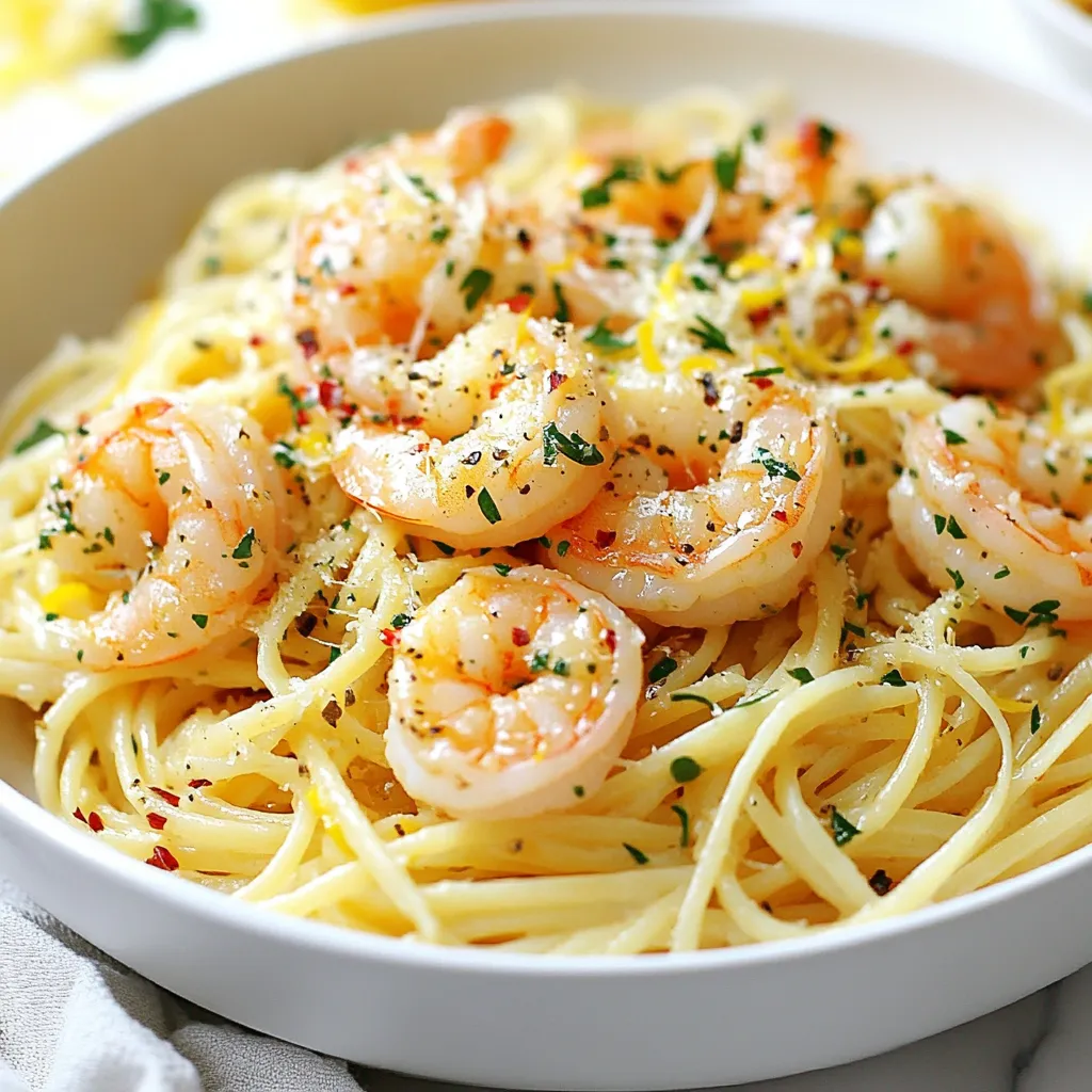 - 8 ounces linguine pasta - 1 pound large shrimp, peeled and deveined - 4 tablespoons unsalted butter - 4 tablespoons extra virgin olive oil - 4 cloves garlic, finely minced - 1 teaspoon red pepper flakes - Zest of 1 fresh lemon - 2 tablespoons freshly squeezed lemon juice - 1/4 cup fresh parsley, chopped - Salt and freshly cracked black pepper to taste - Freshly grated Parmesan cheese (optional) Gather these ingredients before you start cooking. Fresh and quality items make a big difference. The shrimp should be large, firm, and pink. Look for the best pasta; I love using linguine for this dish. The garlic adds a lovely aroma. Don't skip the lemon zest; it brightens the flavors. Keep your parsley fresh for garnish. You can adjust the red pepper flakes to suit your taste. If you want it spicy, add more. If you prefer it mild, use less. The butter and olive oil blend well to create a rich sauce. Freshly grated Parmesan cheese is optional but adds a nice touch. With these ingredients, you can create a dish that is both simple and tasty. Enjoy the process as you prepare this delightful meal! {{ingredient_image_2}} 1. Start by bringing a large pot of water to a boil. Add a generous amount of salt to the water. This adds flavor to the pasta. 2. Cook the linguine according to the package directions. Aim for al dente, which usually takes around 8-10 minutes. 3. Just before you drain the pasta, reserve 1/2 cup of the cooking water. This water helps adjust the sauce later. Then, drain the pasta and set it aside. 1. In a large skillet, heat 4 tablespoons of butter and 4 tablespoons of olive oil over medium heat. Wait for the butter to melt completely and mix well with the oil. 2. Add 4 cloves of finely minced garlic and 1 teaspoon of red pepper flakes to the skillet. Sauté for about 1 minute until the garlic is fragrant but not brown. 3. Next, add 1 pound of large shrimp that are peeled and deveined. Season them well with salt and freshly cracked black pepper. Cook the shrimp for 2-3 minutes on each side. They should turn pink and opaque when done. 1. After the shrimp is cooked, incorporate the zest of 1 lemon and 2 tablespoons of freshly squeezed lemon juice into the skillet. Stir well to mix the flavors. 2. Add the drained linguine directly to the skillet. Toss everything together to coat the pasta with the garlic shrimp sauce. 3. If the sauce seems too dry, slowly pour in the reserved pasta water a little at a time. Adjust until you reach your desired sauce consistency. By following these steps, you’ll create a savory shrimp scampi linguine that is simple yet tasty. To cook shrimp evenly, start with fresh, high-quality shrimp. Make sure they are peeled and deveined. This step helps them cook faster and ensures a better texture. Heat the butter and olive oil in a skillet over medium heat. Add the shrimp in a single layer, giving them space. This helps them cook evenly. To know when shrimp is properly cooked, look for a pink color. They should be opaque and firm to the touch. This usually takes about 2-3 minutes on each side. If you overcook shrimp, they become rubbery. So, keep an eye on them! Adjusting spice levels is easy with red pepper flakes. Start with a teaspoon, and taste the sauce. If you want more heat, add a bit more. Remember, you can always add more, but you can't take it out! Finding the right lemon balance is key. The zest adds a bright flavor. The juice gives a fresh, tangy taste. Start with two tablespoons of lemon juice and adjust based on your taste. Too much can overpower the dish. For a great presentation, serve the shrimp scampi linguine in shallow bowls. This makes it easy to see the colorful shrimp and herbs. A sprinkle of parsley on top adds a nice touch. Garnish with a lemon wedge on the side. It looks nice and lets people add more lemon if they want. You can also add freshly grated Parmesan cheese for extra flavor. A beautiful dish makes eating more enjoyable! Pro Tips Perfectly Cooked Shrimp: Ensure your shrimp are cooked just until they are pink and opaque. Overcooking can lead to rubbery shrimp, so watch them closely. Reserve Pasta Water: Always reserve some pasta cooking water before draining. It’s starchy and can help adjust the sauce's consistency without adding extra oil. Fresh Ingredients Matter: Use fresh garlic and parsley for the best flavor. Fresh ingredients can elevate your dish and make it more vibrant. Adjust Spice to Taste: The red pepper flakes can be adjusted based on your spice preference. Start with a small amount and add more if you like it spicier. {{image_4}} You can brighten your shrimp scampi linguine by adding vegetables. Seasonal veggies like zucchini, bell peppers, or asparagus work well. Simply chop them up and sauté them with garlic before adding the shrimp. Spinach or tomatoes also enhance the dish. For spinach, toss it in just before you mix in the pasta. The heat will wilt it perfectly. For tomatoes, use cherry tomatoes. Cut them in half and add them at the same time as the shrimp. They’ll add a nice pop of color and flavor. If you want to change it up, swap shrimp for chicken or scallops. Chicken thighs work best. Cut them into bite-sized pieces and cook them until golden. This usually takes about 6-8 minutes. Scallops are another tasty choice. Sear them for about 2-3 minutes on each side until they are opaque. Remember, cooking time can vary, so keep an eye on them. For a gluten-free meal, use gluten-free linguine. Many brands taste great and cook up well. Just follow package instructions for cooking time. You might need to adjust the sauce a bit. Gluten-free pasta can become mushy, so watch it closely. If it seems too dry, add a little extra olive oil or pasta water to keep it flavorful and moist. To keep your shrimp scampi linguine fresh, follow these steps: - Allow the dish to cool to room temperature. - Place leftovers in an airtight container. - Store in the fridge for up to three days. Proper storage helps keep the flavors intact and the dish safe to eat. Avoid leaving it out at room temperature for more than two hours. When it's time to enjoy your leftovers, here are the best ways to reheat: - Use a skillet on low heat. Add a splash of water or oil to keep it moist. - You can also microwave it in short bursts. Stir in between to heat evenly. Be careful not to overcook the shrimp. They can turn rubbery if heated too long. Aim for just warming through. Yes, you can freeze shrimp scampi linguine! Here’s how: - Pack it in a freezer-safe container. - Leave some space at the top for expansion. To thaw, place it in the fridge overnight. For a quicker option, use the microwave on the defrost setting. Always reheat until it’s hot all the way through. This method helps keep the shrimp and pasta tasty. You can serve shrimp scampi linguine with a few tasty sides. Here are some ideas: - Garlic bread: This adds a nice crunch. - Steamed veggies: Broccoli or asparagus work well. - Caesar salad: Crisp romaine with dressing brings freshness. - Wine: A glass of white wine pairs nicely. Try Sauvignon Blanc or Pinot Grigio. Yes, you can prep shrimp scampi linguine ahead of time. Here’s how: - Cook the pasta: You can cook it a few hours before. Just toss it with a bit of olive oil to keep it from sticking. - Make the sauce: You can prepare the shrimp scampi sauce earlier too. Store it in the fridge. - Reheat: When you’re ready to eat, heat the sauce and add the pasta. It takes just a few minutes. Check the shrimp for these signs to know they are done: - Color: Raw shrimp is gray. Cooked shrimp turns pink and opaque. - Shape: Shrimp will curl slightly as they cook. - Time: Cook shrimp for about 2-3 minutes per side. These tips will help you cook shrimp perfectly every time. This recipe for shrimp scampi linguine blends simple ingredients and techniques for a tasty dish. You learned how to cook linguine and prepare a flavorful shrimp sauce. I shared tips for perfect shrimp, flavor balance, and appealing presentation. Remember, you can customize this dish by adding veggies or trying different proteins. Storing and reheating leftovers is easy if you follow my guidelines. Enjoy making this dish, and don't be afraid to experiment with it!
