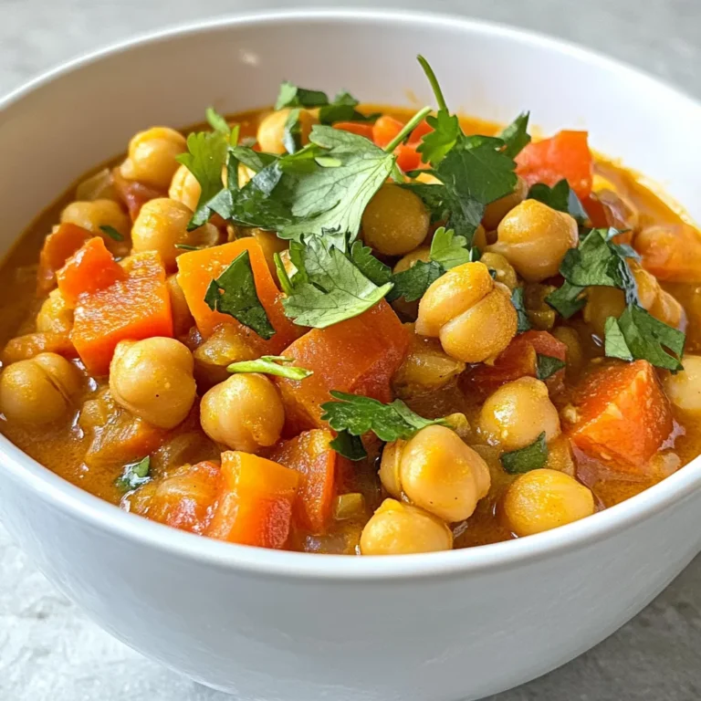 - 1 can (15 oz) chickpeas, thoroughly drained and rinsed - 1 medium onion, finely diced - 2 cloves garlic, minced - 1 bell pepper of choice, diced (red, green, or yellow) - 2 medium carrots, sliced into thin rounds - 2 medium tomatoes, diced - 1 cup vegetable broth (preferably low sodium) - 1 can (14 oz) coconut milk, shaken well before opening - 2 tablespoons tomato paste - 1 tablespoon olive oil - 1 teaspoon ground cumin - 1 teaspoon ground coriander - 1 teaspoon smoked paprika - 1/2 teaspoon cayenne pepper (adjust according to your heat preference) - Salt and black pepper, to taste - Fresh cilantro, roughly chopped, for garnish You can make this stew even more fun by adding some extras! Consider these options: - Spinach or kale for a nutrient boost. - Zucchini for extra texture. - Sweet potatoes for a sweet touch. - A splash of lemon juice for brightness. If you can't find a specific ingredient, don't worry! Here are some great swaps: - Use fresh chickpeas instead of canned; just cook them first. - Swap coconut milk for almond milk or cream for a different flavor. - If you don’t have cumin, try using curry powder for a unique twist. - Use any broth you have on hand, like chicken or mushroom broth. This stew is not only filling but also packed with flavors from spices and fresh veggies. Each ingredient plays a role in making this dish rich and tasty. Enjoy your cooking! {{ingredient_image_2}} First, gather all your ingredients. This makes cooking easier. You will need: - 1 can (15 oz) chickpeas, thoroughly drained and rinsed - 1 medium onion, finely diced - 2 cloves garlic, minced - 1 bell pepper of choice, diced - 2 medium carrots, sliced into thin rounds - 2 medium tomatoes, diced - 1 cup vegetable broth - 1 can (14 oz) coconut milk - 2 tablespoons tomato paste - 1 tablespoon olive oil - 1 teaspoon ground cumin - 1 teaspoon ground coriander - 1 teaspoon smoked paprika - 1/2 teaspoon cayenne pepper - Salt and black pepper, to taste - Fresh cilantro, roughly chopped, for garnish Chop the onion, garlic, bell pepper, carrots, and tomatoes. This helps the stew cook evenly. In a large pot, warm the olive oil over medium heat. Add the diced onion. Sauté for about 5 minutes. The onion should be soft and fragrant. Next, toss in the minced garlic, diced bell pepper, and sliced carrots. Cook for another 3-4 minutes. Stir the mixture often. You want the veggies to soften and blend well. Then, add the diced tomatoes to the pot. Let them cook for about 5 minutes. This will help them break down and add rich flavor. Now, stir in the drained chickpeas, vegetable broth, coconut milk, and tomato paste. Mix everything well. Sprinkle in the spices: cumin, coriander, smoked paprika, and cayenne pepper. Season with salt and black pepper. Stir to combine all the flavors. Bring the mixture to a gentle boil. Once it boils, reduce the heat to a simmer. Cover the pot and let it cook for 20-25 minutes. This simmering time will let the flavors meld together. After cooking, taste the stew. Adjust the seasoning if needed. If the stew is too thick, add a splash of vegetable broth for the right consistency. Serve the stew hot. Garnish it with fresh chopped cilantro for a pop of color and flavor. Enjoy this healthy, flavorful meal warm and hearty! To enhance the flavor, use fresh spices. Fresh spices pack more punch than old ones. Toast the spices in the pot before adding other ingredients. This step wakes up the flavors. Adjust the cayenne pepper to match your heat level. You can always add more, but it's hard to take it out. Don't forget to taste as you cook. This helps you find the perfect balance. If it feels bland, add a pinch of salt or a splash of lemon juice for brightness. Serve the stew hot in deep bowls. A sprinkle of fresh cilantro on top adds color and flavor. Pair it with warm pita bread or fluffy couscous for a full meal. You can also serve it with a side salad for some crunch. A dollop of yogurt can add creaminess, too. If you like, drizzle olive oil on top for extra richness. The stew is great for sharing, so make it a group meal. This stew is perfect for meal prep. Make a big batch and store it in the fridge. It tastes even better the next day as flavors meld. Divide it into portions in airtight containers. You can also freeze extras for later. Just thaw overnight in the fridge before reheating. When reheating, add a bit of broth if it seems thick. This helps bring back the original texture. Enjoy your delicious meal anytime! Pro Tips Enhance the Flavor: Add a squeeze of fresh lemon juice just before serving to brighten up the flavors of the stew. Make It Heartier: For added protein and texture, consider including diced sweet potatoes or butternut squash to the stew. Spice Level Adjustment: Adjust the amount of cayenne pepper based on your preference; you can also substitute it with a milder spice if desired. Storage Tips: This stew stores well in the refrigerator for up to 3 days and can be frozen for up to a month. Reheat gently on the stove. {{image_4}} To make your Moroccan chickpea stew spicy, add more cayenne pepper. Start with 1 teaspoon and taste as you go. You can also add chopped fresh chili peppers for extra heat. I love using jalapeños or serranos for a nice kick. This adds a wonderful layer of flavor and warmth. If you want it really hot, add a splash of hot sauce at the end. You can easily change up the veggies in this stew. Try adding zucchini, sweet potatoes, or spinach. Each vegetable brings its own taste and texture. For a heartier stew, toss in some diced potatoes. You can even add frozen peas or corn for a pop of color. The stew will still taste great, and you’ll enjoy different flavors every time. If you want to boost protein, add cooked quinoa or lentils. These options blend well with chickpeas and enhance the stew's nutrition. You can also mix in shredded chicken or cooked sausage for a meatier dish. For a vegetarian twist, try cubes of firm tofu or tempeh. Each choice adds unique flavors and makes your stew more filling. After you enjoy your Moroccan Chickpea Stew, store leftovers in an airtight container. This helps keep the flavors fresh. Place the container in the fridge. Leftovers can last up to four days. Make sure the stew cools before sealing it up. This prevents excess moisture inside the container. Freezing is a great option for longer storage. Pour the cooled stew into a freezer-safe container. Leave some space at the top, as the stew will expand when frozen. You can freeze it for up to three months. Label the container with the date. This helps you remember when you made it. When you're ready to enjoy your stew again, take it out of the fridge or freezer. If it's frozen, thaw it in the fridge overnight. For reheating, use a pot on the stove over low heat. Stir it often to ensure even heating. Add a splash of vegetable broth if it seems too thick. You can also use a microwave for quick reheating. Just cover the bowl and heat it in short bursts, stirring in between. Enjoy your tasty stew! Moroccan Chickpea Stew is a tasty meal made with spices, veggies, and chickpeas. It’s rich and creamy, thanks to coconut milk. The mix of cumin, coriander, and paprika gives it a warm, rich taste. You can enjoy this stew with pita bread or couscous. It’s perfect for a cozy dinner. You can store Moroccan Chickpea Stew in the fridge for about 3 to 5 days. Use an airtight container to keep it fresh. If you want to save it longer, freeze it. In the freezer, it can last up to 3 months. Just make sure to let it cool before you freeze it. Yes! This stew is already vegan-friendly. It uses chickpeas, veggies, and coconut milk, all of which are plant-based. If you want to add protein, consider adding more veggies or grains. This stew is versatile and can fit many diets. Enjoy it guilt-free! Moroccan Chickpea Stew is packed with flavor and healthy ingredients. We discussed ingredients, preparation, cooking steps, and tips to enhance taste. You can customize it with different veggies or proteins. Remember to store leftovers properly and try freezing your stew for later. This dish is great for meal prep and easy to reheat. Enjoy making this stew and share it with others. Happy cooking!