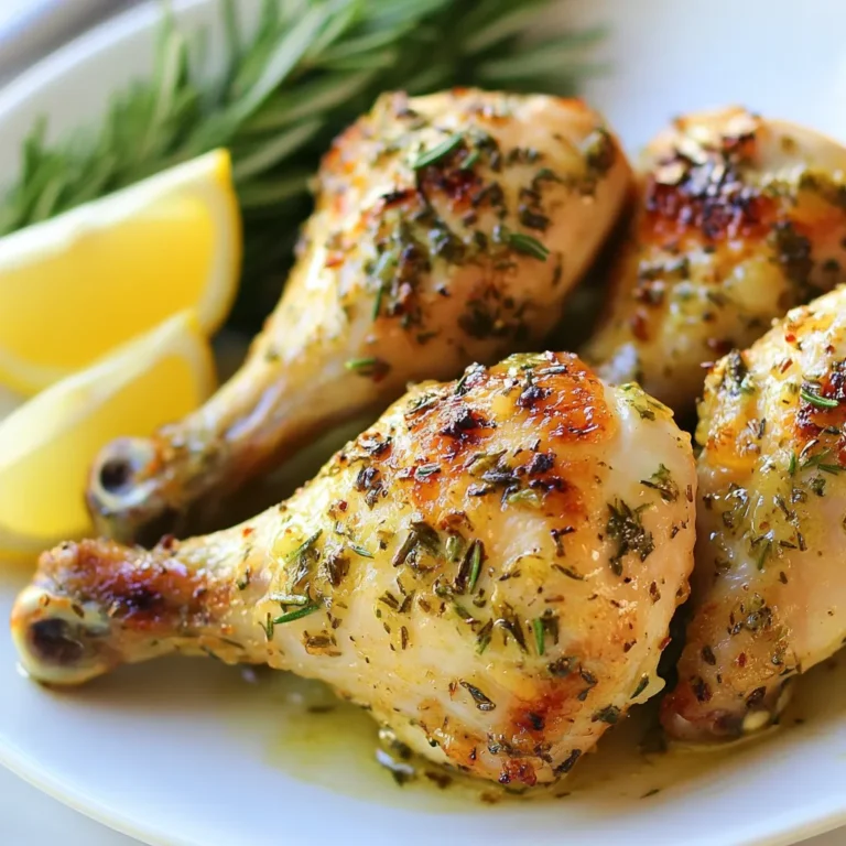 - 8 chicken drumsticks - 1/2 cup unsalted butter, melted - 2 tablespoons extra virgin olive oil - 1 tablespoon fresh rosemary, finely chopped - 1 tablespoon fresh thyme, finely chopped - 1 tablespoon fresh parsley, finely chopped The heart of this dish is the chicken drumsticks. They are juicy and tender when cooked well. The butter adds rich creaminess. Olive oil helps make the skin crisp. Fresh herbs bring bright flavors that lift the dish. Rosemary, thyme, and parsley work perfectly together. - 4 cloves of garlic, finely minced - 1 teaspoon paprika (smoked paprika for extra flavor recommended) - Sea salt and freshly cracked black pepper, to taste Garlic adds a strong and savory taste. Paprika adds a subtle smokiness. Salt and pepper are essential to enhance all the flavors. Together, these seasonings create a tasty balance that makes everyone want more. - Fresh lemon wedges - Additional garnish ideas Serving the drumsticks with lemon wedges brings a nice zesty touch. A squeeze of lemon brightens the dish and adds freshness. You can also garnish with extra herbs for color. A rustic wooden board makes for a lovely presentation. Your guests will be impressed! {{ingredient_image_2}} - Preheat your oven to 425°F (220°C). This hot oven helps get the skin crispy. - Line a baking sheet with aluminum foil or parchment paper. This makes cleanup easy. - In a large bowl, pour in the melted butter and olive oil. - Add minced garlic, chopped rosemary, thyme, parsley, paprika, sea salt, and black pepper. - Mix everything well. Use a whisk or spoon until all the herbs and spices blend into a fragrant mixture. - Toss the chicken drumsticks in the bowl. Make sure each drumstick gets a nice coating of that buttery herb mix. - Arrange the coated drumsticks on the baking sheet. Give them space so they can cook evenly. - Place the baking sheet in the oven and bake for 35-40 minutes. - Flip the drumsticks halfway through cooking. This helps them brown nicely on all sides. - They are ready when they turn golden brown and reach 165°F (75°C) inside. - After baking, let them rest for about 5 minutes. This helps keep them juicy. - Serve warm with fresh lemon wedges. A squeeze of lemon adds a nice touch! The best way to know when chicken is done is by checking its internal temperature. You want your drumsticks to reach 165°F (75°C). This ensures they are safe to eat and juicy. Resting time is also key. After cooking, let the drumsticks rest for about 5 minutes. This helps keep the juices inside, making each bite tasty. If you want to switch up the herbs, try using dill, basil, or even tarragon. Each herb brings a unique taste to your dish. You can also explore other seasoning ideas. Try adding a pinch of cayenne for some heat or a bit of honey for sweetness. Both can add exciting layers to the flavor. For serving, arrange the drumsticks on a rustic wooden board or a nice platter. This makes your meal look inviting and special. Garnish with extra fresh herbs for color. A few lemon wedges add a bright touch and help with flavor. You can even place sprigs of rosemary around to enhance the aroma before your first bite. Pro Tips Use Room Temperature Chicken: Allow your chicken drumsticks to sit at room temperature for about 30 minutes before cooking. This helps them cook more evenly and results in juicier meat. Marinate for Extra Flavor: If time permits, marinate the drumsticks in the buttery herb mixture for a few hours or overnight in the refrigerator. This allows the flavors to penetrate the meat more deeply. Check for Crispiness: For extra crispy skin, broil the drumsticks for the last 2-3 minutes of cooking. Keep a close eye to prevent burning! Experiment with Herbs: Feel free to mix and match the herbs based on your preference. Oregano, basil, or even a pinch of chili flakes can add a unique twist to the flavor profile. {{image_4}} You can cook buttery herb chicken drumsticks in various ways. Each method gives a unique taste and texture. - Grilling options: Grilling drumsticks adds a smoky flavor. Preheat your grill to medium heat. Brush the drumsticks with the herb mixture. Cook for about 30 minutes, turning often, until they reach 165°F. - Air frying alternatives: Air frying makes the skin crispy. Set your air fryer to 400°F. Place the coated drumsticks in the basket in a single layer. Cook for 25-30 minutes, flipping halfway through. You can spice up your buttery herb chicken drumsticks easily. - Adding spice variations: For a kick, add cayenne pepper to the herb mix. Start with a half teaspoon and adjust to your taste. This gives a nice heat without overpowering the dish. - Ingredients for a sweet glaze: Mix honey or maple syrup into the herb mixture for a sweet touch. This balances the savory flavors and adds a lovely shine to the chicken. You can adjust the recipe to fit different dietary needs. - Making it gluten-free: This recipe is already gluten-free. Just be sure your paprika and other seasonings are labeled gluten-free. - Adjusting for low-fat preferences: Use less butter or substitute with olive oil. You can also remove the skin from the drumsticks to cut down on fat while still keeping it tasty. To keep your buttery herb chicken drumsticks fresh, follow these steps: - Refrigeration: Allow the drumsticks to cool completely. Place them in an airtight container. Store in the fridge for up to 3 days. - Freezing: If you want to keep them longer, wrap each drumstick in plastic wrap. Then, place them in a freezer bag. They can last up to 3 months in the freezer. When it's time to enjoy your leftovers, here’s how to do it right: - Oven Method: Preheat your oven to 350°F (175°C). Place the drumsticks on a baking sheet. Heat for about 15-20 minutes until warm. - Microwave Method: Use a microwave-safe dish. Cover the drumsticks with a damp paper towel. Heat in 30-second intervals until warm. This helps keep them tender. How long can you keep those tasty drumsticks? - Refrigerated: They last for about 3 days in the fridge. - Frozen: When frozen, they stay good for about 3 months. Watch out for these signs of spoilage: - Smell: If they smell off, it’s best to toss them. - Texture: If they feel slimy, do not eat them. - Color: If the color changes significantly, it’s time to let go. To make chicken drumsticks crispy, start with high heat. Preheat your oven to 425°F (220°C). Use a mix of melted butter and olive oil for coating. This helps the skin crisp up. Space the drumsticks apart on the baking sheet. This allows hot air to circulate around them. Flip the drumsticks halfway through cooking. This ensures even browning. The skin will turn golden and crunchy. Yes, you can marinate the drumsticks overnight. This step enhances the flavors greatly. Combine the melted butter, oil, garlic, and herbs. Coat the drumsticks in this mix. Place them in a sealed bag or bowl. Refrigerate them overnight. The longer they soak, the more flavor they absorb. Just remember to let them come to room temperature before baking. Great side dishes complement buttery herb chicken drumsticks. Consider these options: - Roasted vegetables like carrots or Brussels sprouts - Creamy mashed potatoes for a classic feel - A fresh garden salad for a light touch - Garlic bread to soak up the buttery sauce - Steamed rice or quinoa for a hearty addition These sides balance the dish well and create a complete meal. In this post, we covered how to make tasty chicken drumsticks with simple steps. We looked at key ingredients like fresh herbs, garlic, and butter. You learned how to prepare, season, and bake them perfectly. We also shared helpful tips for variations and storing leftovers. Cooking should be fun and easy. Now, you can impress your friends and family with your dish. Keep experimenting with flavors and enjoy every bite!