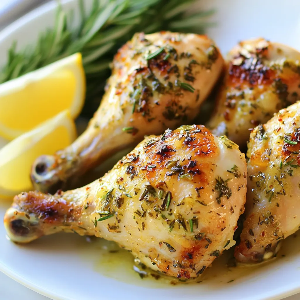 - 8 chicken drumsticks - 1/2 cup unsalted butter, melted - 2 tablespoons extra virgin olive oil - 1 tablespoon fresh rosemary, finely chopped - 1 tablespoon fresh thyme, finely chopped - 1 tablespoon fresh parsley, finely chopped The heart of this dish is the chicken drumsticks. They are juicy and tender when cooked well. The butter adds rich creaminess. Olive oil helps make the skin crisp. Fresh herbs bring bright flavors that lift the dish. Rosemary, thyme, and parsley work perfectly together. - 4 cloves of garlic, finely minced - 1 teaspoon paprika (smoked paprika for extra flavor recommended) - Sea salt and freshly cracked black pepper, to taste Garlic adds a strong and savory taste. Paprika adds a subtle smokiness. Salt and pepper are essential to enhance all the flavors. Together, these seasonings create a tasty balance that makes everyone want more. - Fresh lemon wedges - Additional garnish ideas Serving the drumsticks with lemon wedges brings a nice zesty touch. A squeeze of lemon brightens the dish and adds freshness. You can also garnish with extra herbs for color. A rustic wooden board makes for a lovely presentation. Your guests will be impressed! {{ingredient_image_2}} - Preheat your oven to 425°F (220°C). This hot oven helps get the skin crispy. - Line a baking sheet with aluminum foil or parchment paper. This makes cleanup easy. - In a large bowl, pour in the melted butter and olive oil. - Add minced garlic, chopped rosemary, thyme, parsley, paprika, sea salt, and black pepper. - Mix everything well. Use a whisk or spoon until all the herbs and spices blend into a fragrant mixture. - Toss the chicken drumsticks in the bowl. Make sure each drumstick gets a nice coating of that buttery herb mix. - Arrange the coated drumsticks on the baking sheet. Give them space so they can cook evenly. - Place the baking sheet in the oven and bake for 35-40 minutes. - Flip the drumsticks halfway through cooking. This helps them brown nicely on all sides. - They are ready when they turn golden brown and reach 165°F (75°C) inside. - After baking, let them rest for about 5 minutes. This helps keep them juicy. - Serve warm with fresh lemon wedges. A squeeze of lemon adds a nice touch! The best way to know when chicken is done is by checking its internal temperature. You want your drumsticks to reach 165°F (75°C). This ensures they are safe to eat and juicy. Resting time is also key. After cooking, let the drumsticks rest for about 5 minutes. This helps keep the juices inside, making each bite tasty. If you want to switch up the herbs, try using dill, basil, or even tarragon. Each herb brings a unique taste to your dish. You can also explore other seasoning ideas. Try adding a pinch of cayenne for some heat or a bit of honey for sweetness. Both can add exciting layers to the flavor. For serving, arrange the drumsticks on a rustic wooden board or a nice platter. This makes your meal look inviting and special. Garnish with extra fresh herbs for color. A few lemon wedges add a bright touch and help with flavor. You can even place sprigs of rosemary around to enhance the aroma before your first bite. Pro Tips Use Room Temperature Chicken: Allow your chicken drumsticks to sit at room temperature for about 30 minutes before cooking. This helps them cook more evenly and results in juicier meat. Marinate for Extra Flavor: If time permits, marinate the drumsticks in the buttery herb mixture for a few hours or overnight in the refrigerator. This allows the flavors to penetrate the meat more deeply. Check for Crispiness: For extra crispy skin, broil the drumsticks for the last 2-3 minutes of cooking. Keep a close eye to prevent burning! Experiment with Herbs: Feel free to mix and match the herbs based on your preference. Oregano, basil, or even a pinch of chili flakes can add a unique twist to the flavor profile. {{image_4}} You can cook buttery herb chicken drumsticks in various ways. Each method gives a unique taste and texture. - Grilling options: Grilling drumsticks adds a smoky flavor. Preheat your grill to medium heat. Brush the drumsticks with the herb mixture. Cook for about 30 minutes, turning often, until they reach 165°F. - Air frying alternatives: Air frying makes the skin crispy. Set your air fryer to 400°F. Place the coated drumsticks in the basket in a single layer. Cook for 25-30 minutes, flipping halfway through. You can spice up your buttery herb chicken drumsticks easily. - Adding spice variations: For a kick, add cayenne pepper to the herb mix. Start with a half teaspoon and adjust to your taste. This gives a nice heat without overpowering the dish. - Ingredients for a sweet glaze: Mix honey or maple syrup into the herb mixture for a sweet touch. This balances the savory flavors and adds a lovely shine to the chicken. You can adjust the recipe to fit different dietary needs. - Making it gluten-free: This recipe is already gluten-free. Just be sure your paprika and other seasonings are labeled gluten-free. - Adjusting for low-fat preferences: Use less butter or substitute with olive oil. You can also remove the skin from the drumsticks to cut down on fat while still keeping it tasty. To keep your buttery herb chicken drumsticks fresh, follow these steps: - Refrigeration: Allow the drumsticks to cool completely. Place them in an airtight container. Store in the fridge for up to 3 days. - Freezing: If you want to keep them longer, wrap each drumstick in plastic wrap. Then, place them in a freezer bag. They can last up to 3 months in the freezer. When it's time to enjoy your leftovers, here’s how to do it right: - Oven Method: Preheat your oven to 350°F (175°C). Place the drumsticks on a baking sheet. Heat for about 15-20 minutes until warm. - Microwave Method: Use a microwave-safe dish. Cover the drumsticks with a damp paper towel. Heat in 30-second intervals until warm. This helps keep them tender. How long can you keep those tasty drumsticks? - Refrigerated: They last for about 3 days in the fridge. - Frozen: When frozen, they stay good for about 3 months. Watch out for these signs of spoilage: - Smell: If they smell off, it’s best to toss them. - Texture: If they feel slimy, do not eat them. - Color: If the color changes significantly, it’s time to let go. To make chicken drumsticks crispy, start with high heat. Preheat your oven to 425°F (220°C). Use a mix of melted butter and olive oil for coating. This helps the skin crisp up. Space the drumsticks apart on the baking sheet. This allows hot air to circulate around them. Flip the drumsticks halfway through cooking. This ensures even browning. The skin will turn golden and crunchy. Yes, you can marinate the drumsticks overnight. This step enhances the flavors greatly. Combine the melted butter, oil, garlic, and herbs. Coat the drumsticks in this mix. Place them in a sealed bag or bowl. Refrigerate them overnight. The longer they soak, the more flavor they absorb. Just remember to let them come to room temperature before baking. Great side dishes complement buttery herb chicken drumsticks. Consider these options: - Roasted vegetables like carrots or Brussels sprouts - Creamy mashed potatoes for a classic feel - A fresh garden salad for a light touch - Garlic bread to soak up the buttery sauce - Steamed rice or quinoa for a hearty addition These sides balance the dish well and create a complete meal. In this post, we covered how to make tasty chicken drumsticks with simple steps. We looked at key ingredients like fresh herbs, garlic, and butter. You learned how to prepare, season, and bake them perfectly. We also shared helpful tips for variations and storing leftovers. Cooking should be fun and easy. Now, you can impress your friends and family with your dish. Keep experimenting with flavors and enjoy every bite!