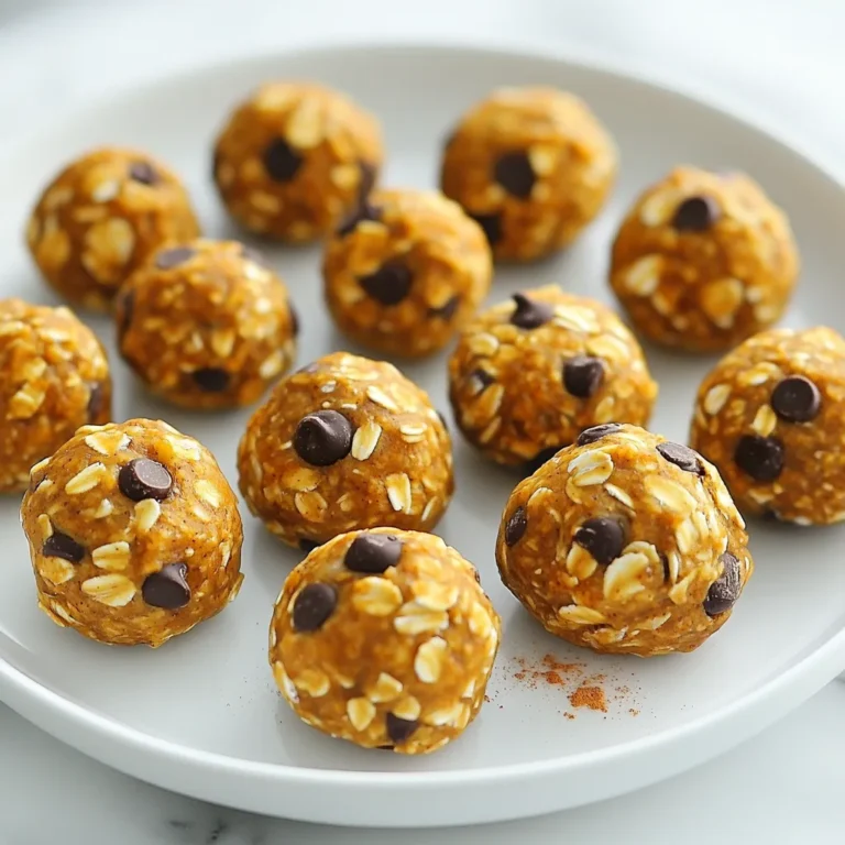 To make Pumpkin Spice Energy Bites, you need simple ingredients. Here is a list: - 1 cup rolled oats - 1/2 cup almond butter (or your preferred nut butter) - 1/2 cup canned pumpkin puree - 1/4 cup honey or maple syrup - 1/4 cup ground flaxseed - 1 teaspoon vanilla extract - 1 teaspoon pumpkin pie spice (or a blend of cinnamon, nutmeg, and ginger) - 1/2 cup chocolate chips or dried fruits (optional, for added sweetness) - A pinch of salt Each ingredient plays a role in making these bites tasty and healthy. Rolled oats give a chewy texture and provide fiber. Almond butter brings creaminess and healthy fats. Canned pumpkin adds moisture and a boost of vitamins. Honey or maple syrup sweetens the bites naturally. Ground flaxseed is a great source of omega-3 fats. Vanilla extract adds depth of flavor, while pumpkin pie spice gives that warm, cozy taste. Finally, chocolate chips or dried fruits can make these bites even sweeter. You can mix and match these ingredients based on your taste. Choose your favorite nut butter or skip the sweetener if you prefer less sugar. The choices are yours! {{ingredient_image_2}} Start by gathering all your ingredients. In a large mixing bowl, add: - 1 cup rolled oats - 1/2 cup almond butter (or your preferred nut butter) - 1/2 cup canned pumpkin puree - 1/4 cup honey or maple syrup - 1/4 cup ground flaxseed - 1 teaspoon vanilla extract - 1 teaspoon pumpkin pie spice - A pinch of salt Mix these dry and wet ingredients together. Use a spatula or wooden spoon. Stir until everything blends well. You should get a sticky and firm mixture. If it feels too dry, add a tablespoon of water or more nut butter. This will help achieve the right texture. Now, it’s time to shape your mixture. With clean hands, take small amounts of the mixture. Roll them into balls about 1 inch in diameter. Make sure each ball is compact. This helps the bites hold their shape while you chill them. Next, place the rolled energy bites on a baking sheet lined with parchment paper. This prevents them from sticking together. Refrigeration is key for these energy bites. Place the baking sheet in the fridge for at least 30 minutes. This chilling period firms up the bites nicely. Once they are firm, transfer the energy bites to an airtight container. You can store them in the fridge for up to a week. For longer storage, freeze them. They can last for several months in the freezer. Enjoy your tasty and healthy snack! To get the right texture in your pumpkin spice energy bites, moisture levels matter. If your mix feels too dry, add a tablespoon of water or extra nut butter. This helps bind the ingredients. If it feels too wet, add a bit more rolled oats or ground flaxseed. This will absorb excess moisture and firm it up. Troubleshooting dry mixtures is simple. Ensure you mix well to combine all ingredients. If it still feels dry, don't hesitate to adjust with moisture. Remember, the goal is a sticky yet firm mix that holds together well when rolled into bites. For serving these energy bites, presentation can elevate your dish. Arrange them on a decorative plate or in a small bowl. You can sprinkle some pumpkin spice on top for a festive look. Adding a cinnamon stick as a garnish adds a nice touch and a hint of seasonal flavor. Pairing these bites with beverages enhances the experience. They go well with warm drinks like chai tea or pumpkin spice lattes. For a refreshing option, try them with a cold glass of almond milk or apple cider. To take the flavor up a notch, consider adding more spices or ingredients. You can mix in a dash of nutmeg or ginger for extra warmth. Chopped nuts or seeds can add crunch and depth. If you like a sweet touch, consider dried cranberries or raisins. They pair well with the pumpkin flavor and add natural sweetness. Pro Tips Use Fresh Pumpkin: For an even richer flavor, consider using fresh pumpkin puree instead of canned. Roast a small pumpkin, scoop out the flesh, and blend until smooth. Adjust Sweetness: Taste the mixture before rolling into bites. You can add more honey or maple syrup if you prefer a sweeter treat. Experiment with Mix-Ins: Feel free to get creative with your energy bites by adding nuts, seeds, or different types of dried fruits to personalize your flavor. Perfect Storage: For optimal freshness, store the energy bites in an airtight container in the fridge. You can also freeze them for long-term storage. {{image_4}} You can use many nut butters in this recipe. Almond butter is a favorite, but peanut butter works well too. If you want to switch it up, try cashew or sunflower seed butter. These options add unique flavors. Seed butters are great for nut-free diets. They provide a creamy texture and healthy fat. Sunflower seed butter is a fantastic choice for kids' lunches. It’s safe for school and still delicious. Honey and maple syrup are common sweeteners, but you can swap them out. Agave syrup offers a similar taste. For a sugar-free option, consider using stevia or monk fruit. These alternatives help cut calories while keeping the bites sweet. Just remember, the amount may vary, so start with less and adjust to your taste. Spice things up by adding different spices to your bites. Cinnamon and nutmeg bring warmth, while ginger adds a nice kick. You can experiment with allspice or cardamom for a twist. Mixing in extras like nuts, seeds, or dried fruit enhances flavor and texture. Try adding shredded coconut for a tropical touch or chia seeds for extra crunch. These small changes can create a new favorite snack. For short-term storage, keep your Pumpkin Spice Energy Bites in the fridge. After making them, place the bites in an airtight container. This method helps keep them fresh for up to a week. The cool air in the fridge firms them up, making each bite even better. You can freeze these energy bites to enjoy later. To freeze them, first, let the bites chill in the fridge for 30 minutes. Then, place them in a single layer on a baking sheet. Once they are frozen, transfer them to a freezer-safe bag or container. This helps prevent sticking. When you want to eat them, take out the number you need. Thaw them in the fridge overnight or leave them at room temperature for a couple of hours. These energy bites can last quite a while. In the fridge, they stay fresh for about one week. If you freeze them, they can last up to three months. Always check for any signs of spoilage, such as off smells or unusual textures before eating. Proper storage makes sure your snacks stay delicious and safe to eat. This recipe makes about 12 to 15 energy bites. Each bite is a perfect snack. If you want more, you can easily double the recipe. These bites are great to have on hand. They provide energy for busy days or workouts. Yes, you can use fresh pumpkin. Fresh pumpkin gives a nice flavor. However, it needs more prep. You must cook and puree it first. Canned pumpkin is quick and easy. It saves time and is just as tasty. Both options work well, so choose what you prefer. Yes, these energy bites are gluten-free. Rolled oats are naturally gluten-free. Just make sure to use certified gluten-free oats. This way, you avoid any cross-contamination. These bites are a healthy choice for everyone! In this blog post, we covered how to make tasty and healthy energy bites. You learned about essential ingredients, step-by-step instructions, and helpful storage tips. I shared ways to tweak flavors and use different nut butters or sweeteners. Remember, you can mix spices and add-ins for fun twists. These bites make a great snack for all ages. Start experimenting and enjoy these simple, yummy treats today. Your creativity will lead to delicious results!