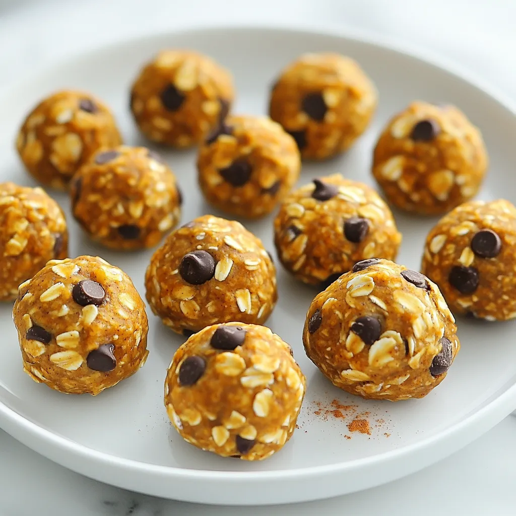 To make Pumpkin Spice Energy Bites, you need simple ingredients. Here is a list: - 1 cup rolled oats - 1/2 cup almond butter (or your preferred nut butter) - 1/2 cup canned pumpkin puree - 1/4 cup honey or maple syrup - 1/4 cup ground flaxseed - 1 teaspoon vanilla extract - 1 teaspoon pumpkin pie spice (or a blend of cinnamon, nutmeg, and ginger) - 1/2 cup chocolate chips or dried fruits (optional, for added sweetness) - A pinch of salt Each ingredient plays a role in making these bites tasty and healthy. Rolled oats give a chewy texture and provide fiber. Almond butter brings creaminess and healthy fats. Canned pumpkin adds moisture and a boost of vitamins. Honey or maple syrup sweetens the bites naturally. Ground flaxseed is a great source of omega-3 fats. Vanilla extract adds depth of flavor, while pumpkin pie spice gives that warm, cozy taste. Finally, chocolate chips or dried fruits can make these bites even sweeter. You can mix and match these ingredients based on your taste. Choose your favorite nut butter or skip the sweetener if you prefer less sugar. The choices are yours! {{ingredient_image_2}} Start by gathering all your ingredients. In a large mixing bowl, add: - 1 cup rolled oats - 1/2 cup almond butter (or your preferred nut butter) - 1/2 cup canned pumpkin puree - 1/4 cup honey or maple syrup - 1/4 cup ground flaxseed - 1 teaspoon vanilla extract - 1 teaspoon pumpkin pie spice - A pinch of salt Mix these dry and wet ingredients together. Use a spatula or wooden spoon. Stir until everything blends well. You should get a sticky and firm mixture. If it feels too dry, add a tablespoon of water or more nut butter. This will help achieve the right texture. Now, it’s time to shape your mixture. With clean hands, take small amounts of the mixture. Roll them into balls about 1 inch in diameter. Make sure each ball is compact. This helps the bites hold their shape while you chill them. Next, place the rolled energy bites on a baking sheet lined with parchment paper. This prevents them from sticking together. Refrigeration is key for these energy bites. Place the baking sheet in the fridge for at least 30 minutes. This chilling period firms up the bites nicely. Once they are firm, transfer the energy bites to an airtight container. You can store them in the fridge for up to a week. For longer storage, freeze them. They can last for several months in the freezer. Enjoy your tasty and healthy snack! To get the right texture in your pumpkin spice energy bites, moisture levels matter. If your mix feels too dry, add a tablespoon of water or extra nut butter. This helps bind the ingredients. If it feels too wet, add a bit more rolled oats or ground flaxseed. This will absorb excess moisture and firm it up. Troubleshooting dry mixtures is simple. Ensure you mix well to combine all ingredients. If it still feels dry, don't hesitate to adjust with moisture. Remember, the goal is a sticky yet firm mix that holds together well when rolled into bites. For serving these energy bites, presentation can elevate your dish. Arrange them on a decorative plate or in a small bowl. You can sprinkle some pumpkin spice on top for a festive look. Adding a cinnamon stick as a garnish adds a nice touch and a hint of seasonal flavor. Pairing these bites with beverages enhances the experience. They go well with warm drinks like chai tea or pumpkin spice lattes. For a refreshing option, try them with a cold glass of almond milk or apple cider. To take the flavor up a notch, consider adding more spices or ingredients. You can mix in a dash of nutmeg or ginger for extra warmth. Chopped nuts or seeds can add crunch and depth. If you like a sweet touch, consider dried cranberries or raisins. They pair well with the pumpkin flavor and add natural sweetness. Pro Tips Use Fresh Pumpkin: For an even richer flavor, consider using fresh pumpkin puree instead of canned. Roast a small pumpkin, scoop out the flesh, and blend until smooth. Adjust Sweetness: Taste the mixture before rolling into bites. You can add more honey or maple syrup if you prefer a sweeter treat. Experiment with Mix-Ins: Feel free to get creative with your energy bites by adding nuts, seeds, or different types of dried fruits to personalize your flavor. Perfect Storage: For optimal freshness, store the energy bites in an airtight container in the fridge. You can also freeze them for long-term storage. {{image_4}} You can use many nut butters in this recipe. Almond butter is a favorite, but peanut butter works well too. If you want to switch it up, try cashew or sunflower seed butter. These options add unique flavors. Seed butters are great for nut-free diets. They provide a creamy texture and healthy fat. Sunflower seed butter is a fantastic choice for kids' lunches. It’s safe for school and still delicious. Honey and maple syrup are common sweeteners, but you can swap them out. Agave syrup offers a similar taste. For a sugar-free option, consider using stevia or monk fruit. These alternatives help cut calories while keeping the bites sweet. Just remember, the amount may vary, so start with less and adjust to your taste. Spice things up by adding different spices to your bites. Cinnamon and nutmeg bring warmth, while ginger adds a nice kick. You can experiment with allspice or cardamom for a twist. Mixing in extras like nuts, seeds, or dried fruit enhances flavor and texture. Try adding shredded coconut for a tropical touch or chia seeds for extra crunch. These small changes can create a new favorite snack. For short-term storage, keep your Pumpkin Spice Energy Bites in the fridge. After making them, place the bites in an airtight container. This method helps keep them fresh for up to a week. The cool air in the fridge firms them up, making each bite even better. You can freeze these energy bites to enjoy later. To freeze them, first, let the bites chill in the fridge for 30 minutes. Then, place them in a single layer on a baking sheet. Once they are frozen, transfer them to a freezer-safe bag or container. This helps prevent sticking. When you want to eat them, take out the number you need. Thaw them in the fridge overnight or leave them at room temperature for a couple of hours. These energy bites can last quite a while. In the fridge, they stay fresh for about one week. If you freeze them, they can last up to three months. Always check for any signs of spoilage, such as off smells or unusual textures before eating. Proper storage makes sure your snacks stay delicious and safe to eat. This recipe makes about 12 to 15 energy bites. Each bite is a perfect snack. If you want more, you can easily double the recipe. These bites are great to have on hand. They provide energy for busy days or workouts. Yes, you can use fresh pumpkin. Fresh pumpkin gives a nice flavor. However, it needs more prep. You must cook and puree it first. Canned pumpkin is quick and easy. It saves time and is just as tasty. Both options work well, so choose what you prefer. Yes, these energy bites are gluten-free. Rolled oats are naturally gluten-free. Just make sure to use certified gluten-free oats. This way, you avoid any cross-contamination. These bites are a healthy choice for everyone! In this blog post, we covered how to make tasty and healthy energy bites. You learned about essential ingredients, step-by-step instructions, and helpful storage tips. I shared ways to tweak flavors and use different nut butters or sweeteners. Remember, you can mix spices and add-ins for fun twists. These bites make a great snack for all ages. Start experimenting and enjoy these simple, yummy treats today. Your creativity will lead to delicious results!