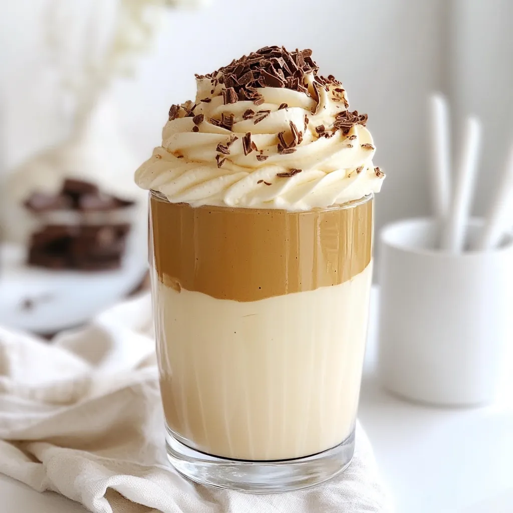 To make Mocha Dalgona whipped coffee, you need just a few simple items. Here is what you will need: - 2 tablespoons instant coffee - 2 tablespoons unsweetened cocoa powder - 2 tablespoons granulated sugar - 2 tablespoons hot water - 1 cup milk (choose either dairy or non-dairy) - A pinch of salt These ingredients blend together to create the rich flavor we love. The instant coffee gives a strong taste, while cocoa adds sweetness and depth. For a nice touch, you can add some garnishes. They make your drink look fancy and taste better. Here are some ideas: - Chocolate shavings - A dusting of cocoa powder These little extras can elevate your drink. They add a nice finish and make it more fun to enjoy. Don’t worry if you don’t have all the ingredients. You can make swaps! Here are some easy substitutions: - Use espresso powder if you don't have instant coffee. - For the cocoa powder, try using dark chocolate powder for a richer taste. - You can replace sugar with honey or maple syrup if you prefer. These swaps can still give you a tasty treat. Remember, cooking is all about being creative! {{ingredient_image_2}} First, gather your ingredients. You need: - 2 tablespoons instant coffee - 2 tablespoons unsweetened cocoa powder - 2 tablespoons granulated sugar - 2 tablespoons hot water - A pinch of salt In a medium bowl, mix the instant coffee, cocoa powder, sugar, and salt. These dry items make the base for the whipped coffee. Next, pour the hot water into the bowl. Make sure it covers all the dry ingredients. Now, grab a hand mixer or a whisk. Whip the mixture on high speed for about 2 to 4 minutes. You want it to become light and airy, like thick cream. The color will get darker as you whip. Now it's time to assemble your drink. Take a tall glass and pour in 1 cup of milk. You can use dairy or a non-dairy option. Leave some space at the top for the whipped coffee. Carefully spoon the whipped coffee mixture on top of the milk. It should float and create a beautiful layer. This is where the magic happens! You can keep it layered for a great look or mix it gently before you sip. For a fun touch, garnish your Mocha Dalgona. Add chocolate shavings or a dusting of cocoa powder on top. This not only looks nice but adds extra flavor too. Serve it in a tall glass to show off those layers. Use a straw or a long spoon for stirring. Enjoy the rich coffee on top and the smooth milk below! To get that perfect whipped coffee, start with a good mixer. A hand mixer makes it easy. Whip the mixture for about 2 to 4 minutes. Watch the color change to a deeper brown. You want it to be thick and fluffy, like whipped cream. If you don’t have a mixer, use a whisk. It takes longer, but you can still get a nice whip. Just be patient! You can use any milk you like. Dairy milk gives a creamy taste. Almond or oat milk works well if you want a lighter option. Try whole milk for a richer flavor. The choice is yours! Remember, the milk can be hot, cold, or iced. Each option gives a different vibe to your drink. Enjoy your Mocha Dalgona at any temperature! Cold milk makes a refreshing drink, perfect for hot days. Warm milk feels cozy and comforting. Try it warm if you want a soothing treat. If you use iced milk, add ice cubes before pouring. This keeps everything cool and fun. Just remember: the layers look great, so don’t rush mixing! Pro Tips Use Quality Ingredients: The flavor of your Mocha Dalgona whipped coffee depends greatly on the quality of the instant coffee and cocoa powder. Opt for brands that you enjoy for the best taste. Adjust Sweetness: Feel free to modify the amount of sugar according to your preference. If you prefer a less sweet coffee, start with 1 tablespoon of sugar and adjust from there. Experiment with Milk: Try different types of milk, such as almond, oat, or coconut milk, to find your preferred flavor and texture. Each milk brings its unique taste to the drink. Chill for Iced Coffee: If you're making an iced version, make sure to chill your milk in advance and consider using ice cubes to keep your drink cold without diluting it. {{image_4}} If you want a dairy-free Mocha Dalgona, there are many choices. Almond, soy, or oat milk work well. Each has its own flavor. Almond milk adds a nutty taste. Soy milk gives a creamy texture. Oat milk blends nicely, making it smooth and rich. Choose what you like best! For those who prefer less sugar, try other sweeteners. You can use honey or maple syrup. Both add natural sweetness. Another option is stevia or monk fruit. They are low in calories. Just remember, the amount might need adjusting to taste. Start with less and add more if needed. Want to spice up your coffee? You can add flavors like vanilla or caramel. A splash of vanilla extract gives a warm touch. Caramel syrup adds sweetness and richness. You can also try a sprinkle of cinnamon for a warm twist. Mix and match to find your favorite flavor! Store leftover whipped coffee in an airtight container. Keep it in the fridge. It stays fresh for up to 3 days. When you want to enjoy it again, simply re-whip it lightly. This helps regain its fluffy texture. The key ingredients for Mocha Dalgona have good shelf lives. Instant coffee and cocoa powder last for years if stored properly. Sugar also has a long shelf life. Milk, however, is different. Use it within a week after opening. If you have non-dairy milk, check the label for specific guidelines. You can use leftover cocoa powder and sugar for many recipes. Try them in smoothies, baking, or as a topping for desserts. Instant coffee can add a kick to brownies or sauces. Always think of ways to use what you have on hand! Dalgona coffee is a whipped coffee drink. It became popular during the pandemic. You whip instant coffee with sugar and hot water until fluffy. This mixture sits on top of milk, creating a pretty layer. The name "Dalgona" comes from a Korean candy. The drink tastes sweet and creamy, with a strong coffee flavor. No, you cannot use regular coffee. Regular coffee does not whip like instant coffee. Instant coffee dissolves easily in water and creates foam. If you want a similar taste, brew a strong coffee. Then, use it as a base below the whipped coffee. This way, you still enjoy rich coffee flavor. You can adjust sweetness by changing sugar amounts. If you want it sweeter, add more sugar. For less sweetness, use less sugar. You can also try natural sweeteners, like honey or maple syrup. Another option is to use a flavored milk, like vanilla. This adds sweetness without extra sugar. This article covered how to make Mocha Dalgona Whipped Coffee. We explored essential ingredients, step-by-step instructions, and useful tips. You learned about variations and storage options, too. Making this drink can be fun and creative. Use what you have on hand, and don't fear experimenting! By choosing the right ingredients and methods, you can enjoy a rich, delicious treat. Happy whipping!