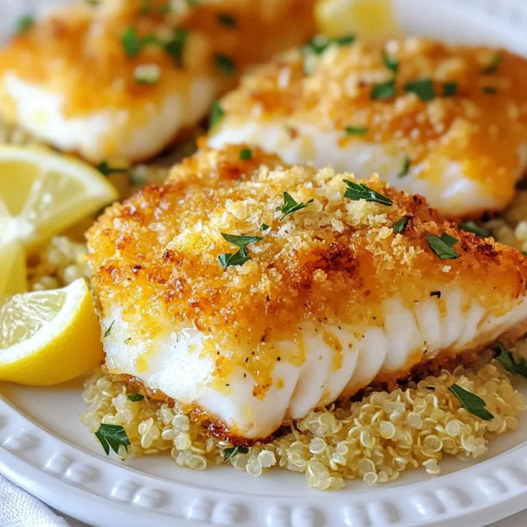 To make Parmesan crusted cod, you will need the following: - 4 cod fillets (approximately 6 oz each) - 1 cup finely grated Parmesan cheese - 1/2 cup panko breadcrumbs - 2 tablespoons fresh parsley, finely chopped - 1 tablespoon lemon zest (about 1 lemon) - 2 cloves garlic, minced - 1/4 teaspoon red pepper flakes (optional) - Salt and freshly ground black pepper, to taste - 2 tablespoons Dijon mustard - 2 tablespoons extra-virgin olive oil You can swap ingredients based on what you have. Here are some ideas: - Cod fillets: Use haddock or tilapia for a different flavor. - Parmesan cheese: Grana Padano or Pecorino Romano work well too. - Panko breadcrumbs: Regular breadcrumbs can replace panko. The texture will change slightly. - Fresh parsley: Basil or cilantro can add a unique twist. - Lemon zest: Lime zest or a splash of vinegar can brighten your dish too. - Dijon mustard: Whole grain mustard or yellow mustard will work in a pinch. - Olive oil: Avocado oil or melted butter can be a good alternative. Each serving of Parmesan crusted cod provides a healthy meal. Here’s a rough breakdown: - Calories: Approximately 350 - Protein: About 30g - Fat: 20g - Carbohydrates: 15g - Fiber: 1g - Sodium: Varies based on added salt This dish balances protein and healthy fats, making it a great choice for dinner. {{ingredient_image_2}} First, gather your ingredients. You will need: - 4 cod fillets (approximately 6 oz each) - 1 cup finely grated Parmesan cheese - 1/2 cup panko breadcrumbs - 2 tablespoons fresh parsley, finely chopped - 1 tablespoon lemon zest - 2 cloves garlic, minced - 1/4 teaspoon red pepper flakes (optional) - Salt and freshly ground black pepper, to taste - 2 tablespoons Dijon mustard - 2 tablespoons extra-virgin olive oil Now, preheat your oven to 400°F (200°C). Line a baking sheet with parchment paper. This will make cleanup easy. Next, mix the Parmesan cheese, panko breadcrumbs, parsley, lemon zest, minced garlic, and red pepper flakes in a bowl. Add a pinch of salt and pepper. Stir until it’s well combined. This mixture will form your flavorful crust. Pat the cod fillets dry with paper towels. This step is key. Removing moisture helps the crust stick better. Lightly season both sides with salt and pepper. Spread a thin layer of Dijon mustard on the top of each fillet. The mustard adds a zesty flavor and helps the crust stick well. Press the Parmesan breadcrumb mixture onto the mustard-coated side of the fillets. Make sure to cover them well for a thick crust. Drizzle extra-virgin olive oil over the crust. This will help it turn golden and crispy while baking. Place the cod fillets on the lined baking sheet. Bake them in the preheated oven for 12-15 minutes. You want the cod to reach an internal temperature of 145°F and for the crust to be golden brown. After baking, check that the cod is flaky and opaque. You can use a fork to test. Gently pull apart a piece to see if it flakes easily. If it does, the cod is done! Let the fish rest for a few minutes before serving. This helps keep it juicy. Enjoy your Parmesan crusted cod with your favorite sides! To get that crispy crust on your Parmesan crusted cod, use panko breadcrumbs. They add a great crunch! Mix them well with the Parmesan cheese. Make sure to press the mixture firmly onto the fish. This helps the crust stay on while baking. Drizzle a little olive oil over the crust. It will help it brown nicely in the oven. Want to boost the taste? Add lemon zest for a fresh kick. You can also mix in some red pepper flakes if you like heat. Fresh parsley adds color and flavor, too. Don’t skip the Dijon mustard. It helps the crust stick and adds a nice tang. You can also try different herbs to change the flavor. Basil or thyme would work well. Serve your Parmesan crusted cod with lemon-herb quinoa for a tasty meal. The nutty flavor of quinoa pairs perfectly with the fish. Garnish your plate with lemon wedges and extra parsley for a pop of color. A side salad also works well, adding freshness to your dish. Enjoy this meal hot for the best taste! Pro Tips Use Fresh Ingredients: Fresh cod and high-quality Parmesan cheese will enhance the flavor and texture of your dish, ensuring a delicious result. Monitor Cooking Time: Keep an eye on the cod as it bakes; overcooking can lead to dry fish. Aim for a golden crust and an internal temperature of 145°F. Experiment with Herbs: Feel free to mix in other herbs such as thyme or dill with the parsley for a unique flavor profile that complements the cod. Serve with a Sauce: A light lemon butter or tartar sauce can elevate the dish even further, adding moisture and a zesty flavor that pairs beautifully with the crusted cod. {{image_4}} You can add different herbs to the crust. Try using fresh basil or thyme. These herbs add a nice touch of flavor. Just chop them finely and mix them in with the Parmesan and breadcrumbs. You can also add dried herbs if you don’t have fresh ones. Oregano and dill work well too. This gives your cod a fresh and lively taste. If you like heat, you can spice things up. Add more red pepper flakes to the crust mix. For an extra kick, try mixing in some cayenne pepper. You can also serve the cod with a zesty hot sauce on the side. This makes each bite exciting and bold. Just remember to adjust the amounts to suit your taste. Cod isn’t the only fish you can use. Try using tilapia or haddock for a milder flavor. Salmon is also a great option if you want something richer. Just make sure to adjust the cooking time. Different fish may need more or less time in the oven. Always check for that golden crust and flaky texture to know when it's done. After enjoying your Parmesan crusted cod, store leftovers in an airtight container. This keeps the fish fresh and tasty. Place the container in the fridge. You can keep it there for up to three days. Make sure to let it cool before sealing it. This helps avoid moisture buildup. When you’re ready to eat leftovers, reheat the cod gently. Preheat your oven to 350°F (175°C). Place the cod on a baking sheet. Cover it with foil to keep it moist. Bake for about 10 minutes or until heated through. This way, the crust stays crispy. If you want to save the cod for later, freezing is a good option. Wrap each fillet tightly in plastic wrap. Then, put them in a freezer-safe bag. Remove as much air as possible. You can freeze the cod for up to two months. To cook, thaw it overnight in the fridge before reheating. This keeps the flavor and texture better. You can use yellow mustard in place of Dijon mustard. It has a milder taste but still adds a nice tang. Another option is whole grain mustard. It gives a bit more texture and flavor. If you want something different, try using mayonnaise or Greek yogurt. Both will keep the crust moist and help it stick. Yes, fresh fish works well for this recipe. The key is to ensure it is firm and flaky. Fresh cod will have a mild flavor and tender texture. Just make sure to pat it dry before adding the mustard and crust. This helps the crust stick better and keeps the fish from becoming soggy. The best way to check if cod is done is by using a food thermometer. The cod should reach an internal temperature of 145°F. If you don’t have a thermometer, you can check the texture. The fish should flake easily with a fork and look opaque all the way through. If it still looks translucent, it needs more time to cook. This guide covered essential ingredients, step-by-step instructions, and helpful tips for success. You learned about ingredient swaps and nutritional info, plus easy baking methods. I shared ways to make your dish crisp and flavorful, along with serving ideas. Variations let you get creative with herbs and spices. Finally, I explained how to store leftovers and answered common questions. Cooking is fun and rewarding. Dive in and enjoy every bite!