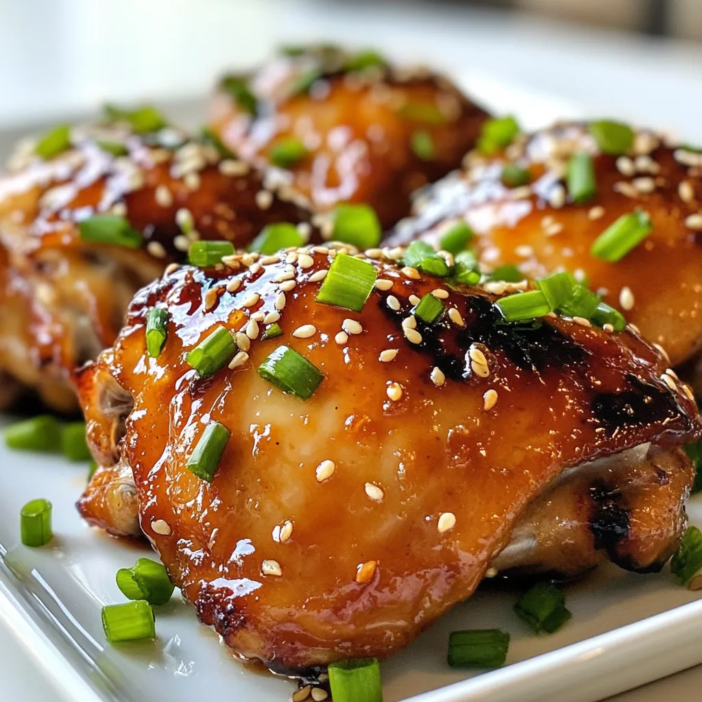 - 4 bone-in, skin-on chicken thighs - 1/4 cup soy sauce - 1/4 cup pure maple syrup - 2 tablespoons rice vinegar - 2 cloves garlic, finely minced - 1 teaspoon fresh ginger, finely grated - 1 tablespoon sesame oil - 1/2 teaspoon freshly ground black pepper - 1/4 teaspoon red pepper flakes (optional) - 1 tablespoon sesame seeds (for garnish) - 2 green onions, thinly sliced (for garnish) - You can add a splash of orange juice for a bright twist. - Try adding a teaspoon of hoisin sauce for more depth. - Fresh herbs, like cilantro, can enhance the dish's freshness. - If you don't have soy sauce, use tamari for a gluten-free option. - Maple syrup can be replaced with honey, but the taste will change. - Rice vinegar can swap with apple cider vinegar if needed. - For a spicier kick, use chili oil instead of sesame oil. Using these ingredients wisely makes your Maple Soy Glazed Chicken Thighs shine. Feel free to mix and match based on what you have at home, but keep in mind the core flavors. These tips help you create a tasty meal every time! {{ingredient_image_2}} Start by mixing the marinade. In a large bowl, combine: - 1/4 cup soy sauce - 1/4 cup pure maple syrup - 2 tablespoons rice vinegar - 2 cloves garlic, finely minced - 1 teaspoon fresh ginger, finely grated - 1 tablespoon sesame oil - 1/2 teaspoon black pepper - 1/4 teaspoon red pepper flakes (optional) Stir the mixture well. Take your chicken thighs and add them to the bowl. Make sure each thigh is coated in the marinade. Cover the bowl with plastic wrap and refrigerate for at least 1 hour. For better flavor, let it marinate overnight. When you're ready to cook, preheat your oven to 400°F (200°C). This high heat helps the chicken get crispy and cook evenly. Grab a baking dish and line the bottom with parchment paper. This helps prevent sticking. If you do not have parchment, lightly grease the dish with cooking spray or oil. After marinating, take the chicken out of the marinade. Let any extra marinade drip off. Place the thighs in your baking dish, skin-side up. Save the leftover marinade for later. Bake the chicken for 25-30 minutes. Use a meat thermometer to check for 165°F (75°C) inside. The skin should be golden and crispy. Halfway through, baste the chicken with the reserved marinade for added flavor. In the last 5 minutes of baking, turn on your broiler. This step gives the skin an amazing glaze. Watch it closely to prevent burning. When the chicken is done, remove it from the oven. Let it rest for about 5 minutes. This helps the juices settle. Just before serving, sprinkle with sesame seeds and sliced green onions. This adds color and flavor. Serve the chicken on a warm platter with a drizzle of glaze for an inviting look. Pair it with rice or a fresh salad for a complete meal. To make the best marinade, balance the sweet and salty. Use pure maple syrup for rich flavor. Mix soy sauce with rice vinegar for a tangy kick. Fresh garlic and ginger add depth. Let the chicken soak in the marinade for at least one hour. Overnight marinating is even better. This time allows the flavors to seep deep into the meat. Always coat the chicken well to ensure every bite is tasty. Crispy skin is key for a great chicken dish. Start by preheating your oven to 400°F (200°C). This high heat helps the skin crisp up nicely. After marinating, let excess marinade drip off. Place the chicken skin-side up in the baking dish. Avoid overcrowding the pan. If the pieces are too close, they will steam instead of crisp. In the last five minutes, turn on the broiler. Watch closely to prevent burning. This final touch creates a beautiful glaze. One common mistake is not marinating long enough. Quick marinades miss out on flavor. Another error is skipping the broiler step. This step is vital for that sought-after glaze. Also, check the internal temperature. Chicken should reach 165°F (75°C) to be safe. Lastly, don’t rush the resting time. Letting the chicken rest helps keep it juicy. Pro Tips Use Fresh Ingredients: Always opt for fresh garlic and ginger for the marinade; it enhances the overall flavor of the dish significantly. Let it Rest: After baking, allow the chicken to rest for a few minutes before serving. This helps the juices redistribute, resulting in juicier meat. Monitor the Broiling: When using the broiler for glazing, keep a close eye on the chicken to prevent burning, as it can happen quickly. Experiment with Marinade: Don’t hesitate to experiment by adding other flavors to the marinade, such as orange juice or sriracha, for a unique twist. {{image_4}} You can cook the Maple Soy Glazed Chicken Thighs in different ways. Grilling gives a nice smoky flavor. To grill, preheat your grill to medium heat. Cook the marinated chicken thighs skin-side down for about 6-8 minutes. Then flip and cook for another 6-8 minutes until they reach 165°F. Air frying is another great option. Set your air fryer to 380°F. Cook the chicken for about 25-30 minutes, turning halfway. Both methods yield juicy chicken with a tasty glaze. You can swap some ingredients to make the dish healthier. Use low-sodium soy sauce to cut down on salt. Try using agave syrup instead of maple syrup for fewer calories. You can also replace sesame oil with olive oil for a lighter touch. Fresh herbs like cilantro or parsley are great to add in place of green onions. These swaps keep the flavor while making the dish better for you. Adding spices can take this dish to the next level. Try adding a teaspoon of smoked paprika for a warm flavor. You might also enjoy a hint of lime juice for brightness. Fresh herbs like thyme or basil add freshness. For a bit more heat, toss in some cayenne pepper. Each addition gives your chicken a new flair while keeping the original taste. Store your leftover Maple Soy Glazed Chicken Thighs in an airtight container. Let the chicken cool to room temperature first. This helps keep it fresh. Place the container in the fridge. You can enjoy your leftovers for up to three days. To reheat, take the chicken out of the fridge. Preheat your oven to 350°F (175°C). Place the chicken on a baking sheet. Cover it with foil to keep moisture in. Heat for about 15-20 minutes, or until it reaches 165°F (75°C). You can also reheat it in a microwave. Just make sure to cover it to avoid drying out. If you want to freeze the chicken, wrap it tightly in plastic wrap. Then, place it in a freezer bag. Remove as much air as possible. You can freeze the chicken for up to three months. To thaw, move it to the fridge overnight before reheating. Enjoy your meal even later! Yes, you can use chicken breasts. They will cook faster and may dry out. Thighs have more fat, which keeps them juicy. If you choose breasts, check them often while cooking. The safe internal temperature for chicken is 165°F (75°C). Use a meat thermometer to check the thickest part. This ensures it's cooked through and safe to eat. You can marinate the chicken for 1 hour up to 24 hours. Longer marinating adds more flavor. Just remember to keep it in the fridge. You can serve the chicken with steamed rice or a fresh salad. Roasted veggies also pair well and add color to your plate. For a twist, try quinoa or couscous. Yes, you can make this dish ahead. Marinate the chicken the night before for best flavor. You can bake it and store leftovers in the fridge. Heat it up when you are ready to serve. This blog post covered the essential steps to make Maple Soy Glazed Chicken Thighs. We explored the key ingredients and their options, alongside the cooking methods and tips for success. I shared ways to enhance flavors, store leftovers, and answer common questions. Enjoy your cooking journey! With these steps, you can create a tasty dish. Happy cooking!