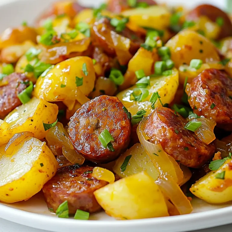 - 1 lb smoked sausage (options: andouille or kielbasa) - 4 medium potatoes (diced into small cubes) - 1 bell pepper (diced - any color) - 1 small onion (finely chopped) - 3 cloves garlic (minced) - 1 teaspoon Cajun seasoning - 2 tablespoons olive oil - Salt and black pepper to taste - Optional: 1/4 teaspoon cayenne pepper, green onions, and fresh parsley for garnish The heart of any great dish lies in its ingredients. For this Cajun sausage potato skillet, we start with 1 pound of smoked sausage. I love using andouille for its bold flavor, but kielbasa works well too. Next, we need 4 medium potatoes, diced into small cubes. This helps them cook evenly and blend well with other flavors. Choose a bell pepper in any color you like. It adds a nice crunch and color. Don't forget the aromatics! A small onion, finely chopped, brings a sweet depth. Three cloves of minced garlic are a must for that savory kick. I also use 1 teaspoon of Cajun seasoning. It adds just the right amount of spice. For cooking, 2 tablespoons of olive oil are perfect for sautéing. You’ll want to season with salt and black pepper to taste. If you like some heat, add 1/4 teaspoon of cayenne pepper. For garnish, chopped green onions and fresh parsley add a beautiful touch right before serving. These ingredients come together to create a flavorful family meal that everyone will enjoy. {{ingredient_image_2}} 1. First, heat olive oil in a large, deep skillet over medium heat. Wait until it shimmers. 2. Add sliced smoked sausage to the skillet. Sauté for about five minutes. Look for golden brown edges. This step brings out the great flavor of the sausage. 1. Next, add the chopped onion and diced bell pepper. Cook for another four to five minutes. You want them to soften and become fragrant. 2. Stir in the minced garlic, Cajun seasoning, paprika, and cayenne pepper. Add a pinch of salt and black pepper, too. Sauté for one minute. This helps the garlic release its wonderful aroma. 1. Now, raise the heat to medium-high. Add the diced potatoes to the skillet. Mix everything well. 2. Cover the skillet with a lid and let it cook for 15 to 20 minutes. Stir occasionally. The potatoes should become tender and easy to pierce with a fork. 3. After the potatoes are soft, remove the lid. Cook for an extra two to three minutes. This helps them get crispy and golden brown. 4. Taste the dish and adjust the salt or pepper if needed. 5. Finally, take the skillet off the heat. Garnish with chopped green onions and fresh parsley. This adds a pop of color and flavor. Timing matters when cooking. Sauté the sausage for about 5 minutes until it’s golden. This step boosts the sausage flavor. After that, add the onion and bell pepper. Cook them for around 4-5 minutes. You want them soft and fragrant. For crispy potatoes, start by covering the skillet. Let the potatoes simmer for about 15-20 minutes. Stir occasionally to ensure even cooking. After they soften, remove the lid and increase the heat. Cook for another 2-3 minutes. This will give them a nice, crispy finish. Adjusting spice levels is easy. If you like it hot, add more cayenne pepper. For a milder dish, skip the cayenne. You can also swap the Cajun seasoning for a milder blend if needed. Feel free to use different sausages. Andouille adds a smoky flavor, while kielbasa is milder. You can even use turkey sausage for a lighter option. For veggies, try adding zucchini or mushrooms for more texture. To present your dish, serve it right in the skillet. It gives a rustic look that feels homey. If you want a pop of color, transfer it to a bright platter. Pair your skillet meal with crusty bread or a fresh green salad. A nice cold drink, like iced tea, complements the flavors well. Enjoying the meal together makes it even more special. Pro Tips Choose the Right Sausage: Opt for andouille sausage for a spicier kick or kielbasa for a milder flavor. Each brings a unique taste to the dish. Cut Potatoes Evenly: Ensure that the potato cubes are of uniform size to guarantee even cooking and a consistent texture throughout the dish. Customize the Heat: Adjust the cayenne pepper according to your spice preference. Start with the recommended amount, and increase if you enjoy more heat. Garnish Generously: Don't skip on the green onions and parsley! They add freshness and a pop of color that enhances the dish visually and flavor-wise. {{image_4}} You can switch up the sausage to make this dish your own. Here are some great options: - Andouille sausage: This adds a nice smoky flavor. - Kielbasa: A milder choice with a juicy bite. - Chicken or turkey sausage: These are leaner and still very tasty. If you want to go meatless, try these substitutes: - Plant-based sausage: Look for options made from soy or pea protein. - Chickpeas: They add protein and a nice texture. - Tofu: Firm tofu works well when seasoned and sautéed. Adding more veggies can boost flavor and nutrition. Here are some great choices: - Zucchini: Slice it thin for quick cooking. - Mushrooms: They add a savory depth. - Spinach: Toss it in at the end for vibrant color. Experiment with seasonings for a twist: - Italian herbs: Swap Cajun seasoning for oregano and basil. - Garlic powder: Adds more garlic flavor without fresh cloves. - Lemon zest: Brightens up the dish with a fresh taste. If you want to try different cooking methods, here are a couple of ideas: - Oven-baked version: Preheat your oven to 400°F. Mix everything in a large baking dish. Bake for 30-40 minutes, stirring once. This gives a nice crispness to the potatoes. - Instant Pot: Use the sauté function for the sausage and veggies. Add potatoes and a cup of broth. Cook on high pressure for 8 minutes. Quick-release for perfectly cooked potatoes. - Air fryer: Sauté the sausage and veggies first. Transfer to the air fryer basket. Cook at 400°F for 10-15 minutes for crispy potatoes. These variations let you customize your Cajun sausage potato skillet to suit your taste and needs! To store your Cajun sausage potato skillet, follow these steps: - Let the dish cool to room temperature. - Place it in an airtight container. - Store it in the fridge. This meal lasts about 3 to 4 days in the fridge. Always check for any off smells or changes in texture before eating. Reheating your leftovers can bring back the delicious flavors. Freezing this dish is easy and can save it for later. Here’s how: - Allow the skillet to cool completely. - Transfer it to a freezer-safe container or bags. - Make sure to remove as much air as possible. You can freeze it for up to 2 to 3 months. When you’re ready to eat, follow these steps for reheating: - Thaw it overnight in the fridge for best results. - Reheat in a skillet over medium heat until warmed through. - Add a splash of water or broth if it seems dry. This way, your Cajun sausage potato skillet stays tasty! Can I make this dish ahead of time? Yes, you can make this dish ahead of time. Cook it, let it cool, then store it in the fridge. Reheat it on the stove or in the microwave. This dish tastes great even after a day or two. What sides pair well with Cajun Sausage Potato Skillet? This dish goes well with many sides. Here are some ideas: - Crusty bread - Fresh green salad - Steamed vegetables - Coleslaw Is this dish gluten-free? Yes, Cajun Sausage Potato Skillet is gluten-free. Just check the sausage label to ensure no gluten ingredients. Tips for making it dairy-free or low-carb To make it dairy-free, you don’t need any dairy products. For a low-carb version, use cauliflower instead of potatoes. This swap keeps it tasty and healthy. What can I use instead of Cajun seasoning? If you don’t have Cajun seasoning, try using smoked paprika, chili powder, or a mix of garlic powder and black pepper. These will give a nice flavor. How to make this recipe spicier or milder? To add more heat, increase the cayenne pepper or add hot sauce. For a milder taste, reduce the cayenne and use less Cajun seasoning. Adjust to your liking! In this blog post, we explored how to make a Cajun sausage potato skillet. We covered the key ingredients, from smoked sausage to potatoes and spices. The step-by-step instructions made it easy to follow, and the tips enhanced the dish's flavor. Variations offered new ideas for proteins and vegetables. Lastly, we discussed storage and common questions to ensure your meal stays fresh. Now, you have the tools to cook a delicious dish that can impress anyone. Enjoy experimenting with flavors and sharing this tasty meal with friends and family.