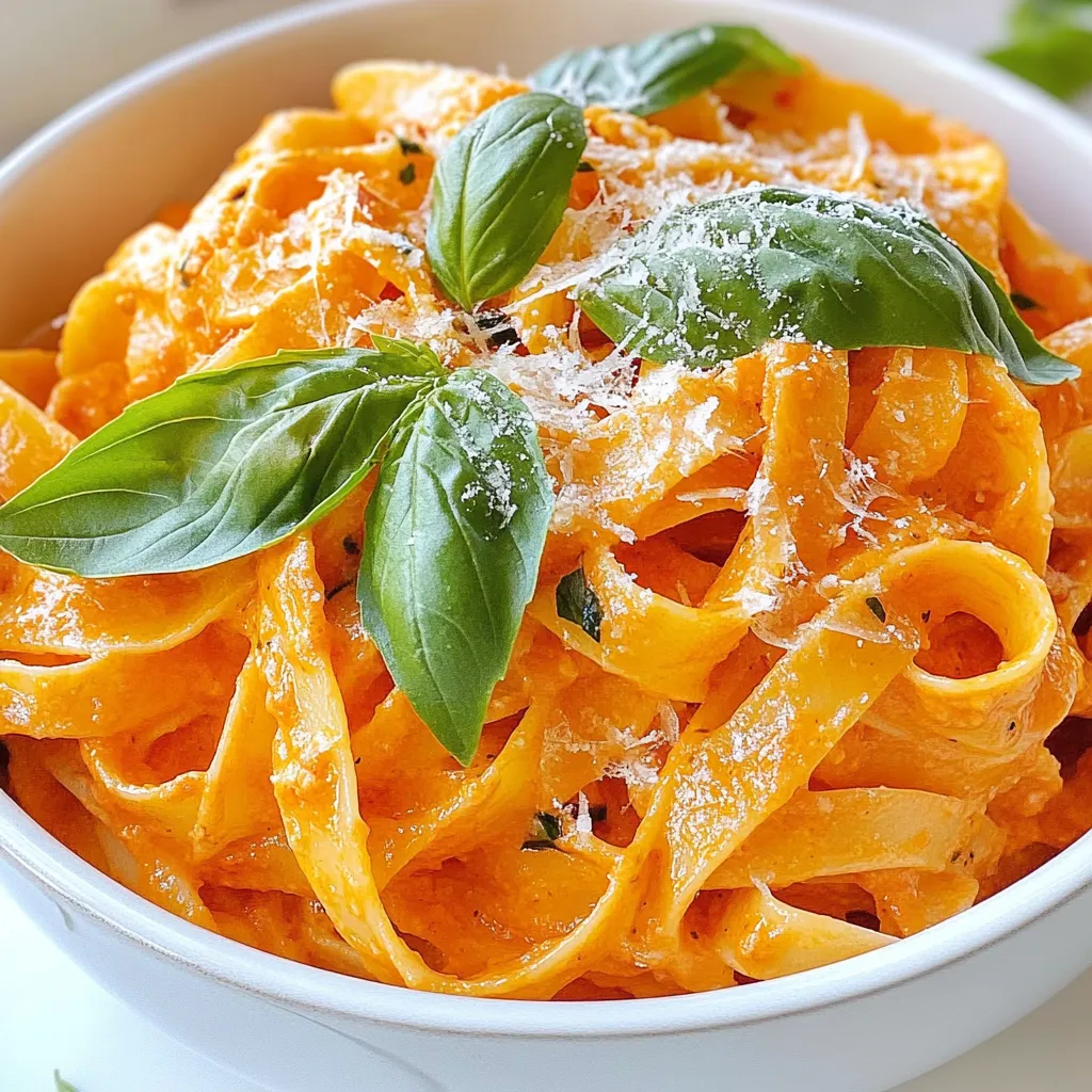 - 12 oz pasta (fettuccine or penne) - 2 large red bell peppers - 1/2 cup heavy cream (or coconut cream for dairy-free) - 3 cloves garlic - 1/4 cup grated Parmesan cheese (or nutritional yeast) - 2 tablespoons extra virgin olive oil - 1 teaspoon Italian seasoning - Salt and black pepper - Fresh basil leaves The pasta is the star of this dish. I often use fettuccine or penne for a nice bite. The red bell peppers bring a sweet, smoky flavor that makes this dish special. Roasting them enhances their taste. I love using fresh ingredients, so choose ripe peppers for the best flavor. The heavy cream adds a creamy texture. If you want a dairy-free option, coconut cream works well too. It gives a hint of sweetness and richness. Garlic adds depth to the sauce. I always use fresh garlic, as it packs a punch. For the cheese, I prefer Parmesan for its salty flavor. However, nutritional yeast is a great vegan option. The extra virgin olive oil adds a nice richness to the dish. Italian seasoning brings all the flavors together. Don’t forget to season with salt and black pepper to taste. To finish, fresh basil leaves give a burst of color and flavor. They make your dish look beautiful. Using high-quality ingredients makes a big difference in this creamy roasted red pepper pasta. Enjoy every bite! {{ingredient_image_2}} To begin, preheat your oven's broiler. Place the two large red bell peppers on a baking sheet. Broil them for about 20 minutes, turning them every few minutes. This will help the skins get charred. Once they are charred, take them out and put them in a bowl. Cover the bowl tightly with plastic wrap. Let the peppers steam for 10 minutes. This step loosens the skin, making it easy to peel. When they cool, peel off the charred skin, remove the seeds, and chop the peppers roughly. While the peppers steam, you can prepare the pasta. Fill a large pot with water and add salt to taste. Bring the water to a boil over high heat. When it boils, add 12 ounces of pasta, like fettuccine or penne. Cook the pasta according to the package instructions until it is al dente. Before you drain the pasta, reserve about 1 cup of the cooking water. After reserving the water, drain the pasta and set it aside. Next, it's time to make the sauce. In a high-speed blender or food processor, combine the peeled and chopped roasted red peppers, 1/2 cup of heavy cream, 3 cloves of minced garlic, 1/4 cup of grated Parmesan cheese, and 1 teaspoon of Italian seasoning. Add a pinch of salt and pepper. Blend everything on high until it is smooth and creamy. In a large skillet, heat 2 tablespoons of extra virgin olive oil over medium heat. Once hot, pour in the blended red pepper sauce. Cook it for about 2 to 3 minutes, stirring occasionally. If the sauce seems too thick, add some of the reserved pasta water until it's just right. Now, add the drained pasta to the skillet with the sauce. Toss the pasta gently until every piece is coated in the creamy sauce. Serve the pasta right away. Garnish with fresh basil leaves and more grated Parmesan cheese if you like. To get the perfect creamy texture, use reserved pasta water. This starchy water helps to thin the sauce. Start by adding a little at a time, mixing well. If your sauce feels thick, this is the way to lighten it. For smooth sauce, blending techniques matter. Use a high-speed blender or food processor. Blend the roasted red peppers, cream, and garlic until silky. This ensures a creamy finish without lumps. Presentation boosts your meal's appeal. Serve the pasta in a large, shallow bowl. Add whole basil leaves on top for color. A sprinkle of black pepper makes it look fancy. Drizzle olive oil around the edge for an extra touch. You can also add toppings for flavor. Consider a sprinkle of grated Parmesan cheese or crushed red pepper flakes for heat. These options give your dish a personal twist. If you need dairy-free options, use coconut cream instead of heavy cream. For cheese, nutritional yeast works well as a vegan substitute. These swaps keep the dish tasty for everyone. You can also switch up your pasta. Try gluten-free options like brown rice pasta or zucchini noodles. This way, everyone can enjoy a delicious meal. Pro Tips Roasting Technique: For the best flavor, ensure that the red peppers are evenly charred on all sides. This enhances their sweetness and adds a depth of smoky flavor to the sauce. Pasta Water Magic: Always reserve pasta cooking water before draining. This starchy liquid can help adjust the sauce's consistency, ensuring it clings beautifully to the pasta. Fresh Herbs Boost: Fresh basil not only garnishes the dish but also elevates the flavor. Consider adding a handful of chopped basil directly into the sauce for an extra aromatic kick. Texture Matters: For a creamier sauce, blend the roasted peppers until completely smooth. If you prefer some texture, you can pulse the mixture a few times to leave small bits of pepper intact. {{image_4}} You can add protein to your creamy roasted red pepper pasta. Chicken or shrimp work well for meat lovers. Just cook them in the skillet before adding the sauce. For a vegetarian option, try tofu or chickpeas. They soak up the flavors and add texture. To spice things up, consider adding red pepper flakes. They give your dish a nice kick. You can also incorporate sautéed vegetables like spinach or zucchini. This adds more color and nutrition to your meal. If you want to try something different, use a tomato-based sauce. It gives a fresh twist to the dish. You can also make creamy spinach or pesto variations. These options keep the creamy texture while adding new flavors. To store leftovers, let the pasta cool first. Place it in an airtight container. This keeps it fresh. You can enjoy it for up to 3 days in the fridge. Just remember to heat it well before serving. For freezing, use a freezer-safe container. Make sure to leave some space at the top. This helps avoid spills. You can freeze creamy pasta for up to 2 months. When you are ready to eat, thaw it in the fridge overnight. To reheat, warm it on the stove over low heat. Add a splash of water or cream to keep it creamy. Stir often to heat evenly. Enjoy your flavorful meal! You can substitute heavy cream with coconut cream. It gives a rich taste. For cheese, try nutritional yeast. It adds a cheesy flavor without dairy. Both options keep the dish creamy and delicious. Yes, you can use any pasta you like. Fettuccine or penne works well, but spaghetti is great too. You can even try gluten-free pasta if needed. Just make sure to cook it until it's al dente for the best texture. This recipe takes about 40 minutes. You will spend 10 minutes prepping and 30 minutes cooking. Roasting the peppers takes around 20 minutes. While they roast, you can cook the pasta and make the sauce. This way, everything is ready at the same time. This blog post shared a simple, tasty pasta recipe. You learned about key ingredients like red peppers, cream, and seasonings. I walked you through each step, from roasting peppers to tossing pasta in sauce. I gave tips for a creamy texture and suggested some variations for protein or flavor. Cooking should be fun and easy. Use this guide to create delicious meals that fit your needs. Enjoy your cooking journey!