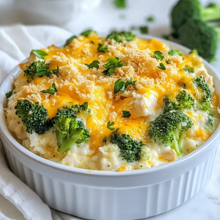 Here is what you need for the creamy herb chicken casserole: - 2 cups cooked chicken, shredded into bite-sized pieces - 1 cup fresh broccoli florets, lightly steamed until vibrant - 1 cup cooked rice, either white or brown - 1 can cream of mushroom soup for a rich base - 1 cup sour cream for added creaminess - 1 teaspoon garlic powder for depth of flavor - 1 teaspoon onion powder to enhance sweetness - 1 teaspoon dried thyme, crumbled - 1 teaspoon dried basil for an aromatic touch - 1 cup shredded cheddar cheese, preferably sharp - Salt and freshly ground black pepper, to taste - 1 cup panko breadcrumbs for a crispy topping - 2 tablespoons olive oil, to coat the breadcrumbs - Optional garnish: fresh parsley, finely chopped Gather these ingredients to make a flavorful and comforting meal. Each one plays a key role in making this dish rich and satisfying. The cream of mushroom soup and sour cream add creaminess, while the herbs give it a lovely aroma. Don't forget the cheddar for that cheesy goodness! {{ingredient_image_2}} Set your oven to 350°F (175°C). Preheating is key. It ensures that your casserole cooks evenly. If you skip this step, the dish may not bake well. In a large bowl, mix the shredded chicken, steamed broccoli, and cooked rice. Add the cream of mushroom soup and sour cream. Sprinkle in garlic powder, onion powder, thyme, and basil. Season with salt and pepper. Stir until everything is well combined. This mixture is the heart of your casserole. Grease a 9x13-inch casserole dish lightly. Spoon the chicken mixture into the dish. Spread it evenly. This helps it cook uniformly. Next, sprinkle the shredded cheddar cheese over the top. This cheese layer adds flavor and richness. In a small bowl, mix panko breadcrumbs with olive oil. Stir well. This oil helps the breadcrumbs become crispy. Evenly sprinkle this topping over the cheese layer. This step gives the casserole a crunchy finish. Place the casserole in the oven. Bake for 25-30 minutes. Look for bubbling edges and a golden top. These signs mean it’s ready. After baking, let the casserole cool for about 5 minutes. This cooling time helps it set. For a nice touch, garnish with finely chopped parsley. This adds color and freshness to your dish. Enjoy every bite! For this dish, you can use leftover chicken or rotisserie chicken. It saves time and adds great flavor. Shredding chicken is easy. Just use two forks to pull apart the meat into bite-sized pieces. Make sure to remove any bones or skin. If starting with raw chicken, boil it until cooked through, then shred. To boost flavor, add fresh herbs like parsley, rosemary, or dill. You can also mix in spices like paprika or cayenne for some heat. A squeeze of lemon juice adds brightness. Experiment with these options to find what you love best. To get the perfect creamy texture, use full-fat sour cream and cream of mushroom soup. Mixing them well ensures a smooth base. If you want it even creamier, add a splash of chicken broth or a bit of cream. Stirring in cheese while mixing helps make it rich and luscious. Pro Tips Cooked Chicken: Using leftover rotisserie chicken can save you time and add extra flavor to your casserole. Broccoli Prep: Steaming the broccoli until it's vibrant ensures it retains its nutrients and bright color in the dish. Cheese Choice: Opting for sharp cheddar cheese enhances the flavor profile, making each bite more satisfying. Crispy Topping: Coating the panko breadcrumbs with olive oil before baking gives them a delightful crunch that's irresistible. {{image_4}} You can make this casserole without meat. For a vegetarian option, use cooked chickpeas or lentils instead of chicken. These add protein and texture. Instead of cream of mushroom soup, use a vegetable cream soup. This keeps the creamy base while adding more flavor. Cheddar cheese is great, but you can switch it up. Try mozzarella for a milder taste. If you want a tangy flavor, use feta cheese. You can also mix cheeses for a richer taste. Just remember to keep the total amount the same. You can lighten up this dish easily. Use low-fat sour cream to cut calories. Brown rice is a good swap for white rice. For gluten-free options, look for gluten-free breadcrumbs. These changes keep the dish tasty while making it a bit healthier. To keep your creamy herb chicken casserole fresh, store it in an airtight container. This helps lock in moisture and flavor. Let the casserole cool down before placing it in the fridge. It lasts up to three days. When you're ready to enjoy it again, simply take it out and reheat. Freezing is a great way to save leftovers for later. First, let the casserole cool completely. Then, cut it into individual portions. Wrap each piece tightly in plastic wrap. Place the wrapped portions in a freezer-safe bag or container. This method avoids freezer burn. You can freeze it for up to three months for best quality. To reheat, you have a few options. If you use the oven, preheat it to 350°F (175°C). Place the casserole in a baking dish and cover it with foil. Heat for about 20-25 minutes, or until warmed through. If you're short on time, you can use the microwave. Place a portion on a microwave-safe plate and heat for 1-2 minutes. Stir halfway to ensure even heating. Both methods will help keep the texture and flavor intact. You can prepare this casserole in advance. First, make the chicken mixture and layer it in the dish. Do not add the cheese or breadcrumbs yet. Cover it tightly with plastic wrap and store it in the fridge. You can keep it there for up to two days. When you are ready to bake, add the cheese and breadcrumbs on top. Then bake as directed. Yes, using rotisserie chicken is a great idea! It saves time and effort. The chicken is already cooked, so you just shred it. This adds great flavor and makes the dish even easier to prepare. Plus, rotisserie chicken is juicy and tender, which enhances the casserole's texture. This casserole pairs well with many side dishes. Try serving it with a fresh green salad for a light touch. Garlic bread is also a great choice, adding crunch and flavor. Steamed vegetables like green beans or carrots can round out your meal nicely. Yes, you can make this casserole dairy-free! Use dairy-free sour cream and a dairy-free cream of mushroom soup. For cheese, try a plant-based cheese or omit it altogether. This way, you can still enjoy the creamy texture without dairy. This blog post guides you through making a creamy herb chicken casserole. We discussed ingredients like chicken, broccoli, and cheese. I shared step-by-step instructions, tips for flavor, and variations to suit your needs. You can easily store leftovers and reheat them later. Try this recipe today, and enjoy a tasty, comforting meal with your family. Cooking is fun, and I hope you make this dish your own!